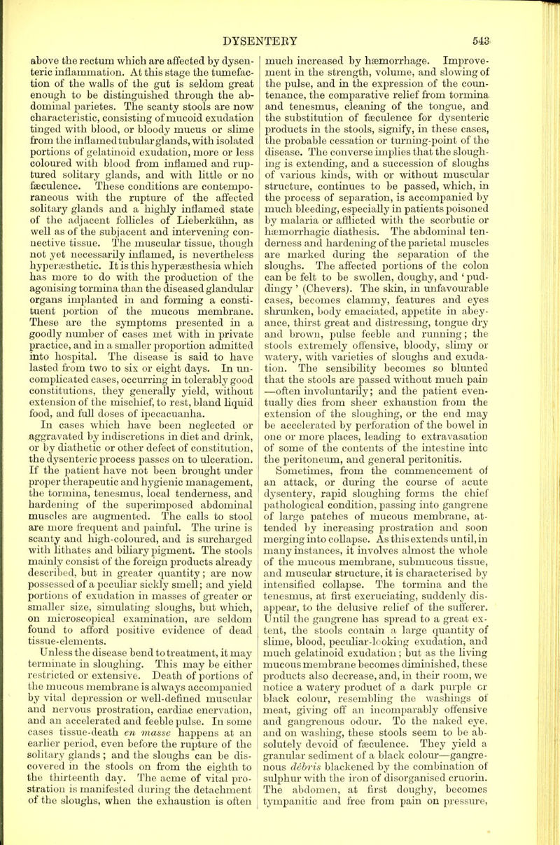 above the rectum which are affected by dysen- teric inflammation. At this stage the tumefac- tion of the walls of the gut is seldom great enough to be distinguished through the ab- dominal parietes. The scanty stools are now characteristic, consisting of mucoid exudation tinged with blood, or bloody mucus or slime from the inflamed tubular glands, with isolated portions of gelatinoid exudation, more or less coloured with blood from inflamed and rup- tured solitary glands, and with little or no faeculence. These conditions are contempo- raneous with the rupture of the affected solitary glands and a highly inflamed state of the adjacent follicles of Lieberkuhn, as well as of the subjacent and intervening con- nective tissue. The muscular tissue, though not yet necessarily inflamed, is nevertheless hyperaesthetic. It is this hyperaesthesia which has more to do with the production of the agonising tormina than the diseased glandular organs implanted in and forming a consti- tuent portion of the mucous membrane. These are the symptoms presented in a goodly number of cases met with in private practice, and in a smaller proportion admitted into hospital. The disease is said to have lasted from two to six or eight days. In un- complicated cases, occurring in tolerably good constitutions, they generally yield, without extension of the mischief, to rest, bland liquid food, and full doses of ipecacuanha. In cases which have been neglected or aggravated by indiscretions in diet and drink, or by diathetic or other defect of constitution, the dysenteric process passes on to ulceration. If the patient have not been brought under proper therapeutic and hygienic management, the tormina, tenesmus, iocal tenderness, and hardening of the superimposed abdominal muscles are augmented. The calls to stool are more frequent and painful. The urine is scanty and high-coloured, and is surcharged with lithates and biliary pigment. The stools mainly consist of the foreign products already described, but in greater quantity; are now possessed of a peculiar sickly smell; and yield portions of exudation in masses of greater or smaller size, simulating sloughs, but which, on microscopical examination, are seldom found to afford positive evidence of dead tissue-elements. Unless the disease bend to treatment, it may terminate in sloughing. This may be either restricted or extensive. Death of portions of the mucous membrane is always accompanied by vital depression or well-defined muscular and nervous prostration, cardiac enervation, and an accelerated and feeble pulse. In some cases tissue-death en masse happens at an earlier period, even before the rupture of the solitary glands; and the sloughs can be dis- covered in the stools on from the eighth to the thirteenth day. The acme of vital pro- stration is manifested during the detachment of the sloughs, when the exhaustion is often much increased by haemorrhage. Improve- ment in the strength, volume, and slowing of the pulse, and in the expression of the coun- tenance, the comparative relief from tormina and tenesmus, cleaning of the tongue, and the substitution of faeculence for dysenteric products in the stools, signify, in these cases, the probable cessation or turning-point of the disease. The converse implies that the slough- ing is extending, and a succession of sloughs of various kinds, with or without muscular structure, continues to be passed, which, in the process of separation, is accompanied by j much bleeding, especially in patients poisoned by malaria or afflicted with the scorbutic or hasrnorrhagic diathesis. The abdominal ten- derness and hardening of the parietal muscles are marked during the separation of the sloughs. The affected portions of the colon can be felt to be swollen, doughy, and ' pud- dingy ' (Chevers). The skin, in unfavourable cases, becomes clammy, features and eyes shrunken, body emaciated, appetite in abey- ance, thirst great and distressing, tongue dry and brown, pulse feeble and running; the stools extremely offensive, bloody, slimy or watery, with varieties of sloughs and exuda- tion. The sensibility becomes so blunted that the stools are passed without much pauj I —often involuntarily; and the patient even- tually dies from sheer exhaustion from the extension of the sloughing, or the end may be accelerated by perforation of the bowel in one or more places, leading to extravasation of some of the contents of the intestine into the peritoneum, and general peritonitis. Sometimes, from the commencement of an attack, or during the course of acute dysentery, rapid sloughing forms the chief pathological condition, passing into gangrene of large patches of mucous membrane, at- tended by increasing prostration and sood merging into collapse. As this extends until, in many instances, it involves almost the whole of the mucous membrane, submucous tissue, and muscular structure, it is characterised by intensified collapse. The tormina and the tenesmus, at first excruciating, suddenly dis- appear, to the delusive relief of the sufferer. Until the gangrene has spread to a great ex- tent, the stools contain a large quantity of slime, blood, peculiar-looking exudation, and much gelatinoid exudation; but as the living mucous membrane becomes diminished, these products also decrease, and, in their room, we notice a watery product of a dark purple cr black colour, resembling the washings of meat, giving off an incomparably offensive and gangrenous odour. To the naked eye, and on washing, these stools seem to be ab- solutely devoid of faeculence. They yield a granular sediment of a black colour—gangre- nous debris blackened by the combination of sulphur with the iron of disorganised cruorin. The abdomen, at first doughy, becomes tympanitic and free from pain on pressure,