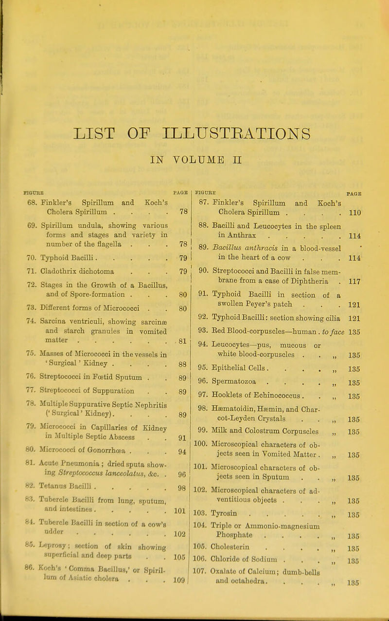 LIST OF ILLUSTRATIONS IN VOLUME II FIGURE 68. Finkler's Spirillum and Koch's Cholera Spirillum .... 69. Spirillum undula, showing various forms and stages and variety in number of the flagella 70. Typhoid Bacilli 71. Cladothrix dichotoma 72. Stages in the Growth of a Bacillus, and of Spore-formation . 73. Different forms of Micrococci . 74. Sarcina ventriculi, showing sarcince and starch granules in vomited matter 75. Masses of Micrococci in the vessels in ' Surgical' Kidney .... 76. Streptococci in Fcetid Sputum . 77. Streptococci of Suppuration 78. Multiple Suppurative Septic Nephritis (' Surgical' Kidney).... 79. Micrococci in Capillaries of Kidney in Multiple Septic Abscess 80. Micrococci of Gonorrhoea . 81. Acute Pneumonia ; dried sputa show- ing Streptococcus lanceolatus, &c. . 82. Tetanus Bacilli 83. Tubercle Bacilli from lung, sputum, and intestines 81. Tubercle Bacilli in section of a cow's udder 85. Leprosy; section of skin showing superficial and deep parts 86. Koch's ' Comma Bacillus,' or Spiril- lum of Asiatic cholera . 78 78 79 79 80 80 . 81 88 89 89 89 91 94 96 98 101 102 105 109 FIGURE 87. Finkler's Spirillum and Koch's Cholera Spirillum .... 88. Bacilli and Leucocytes in the spleen in Anthrax 89. Bacillits anthracis in a blood-vessel in the heart of a cow 90. Streptococci and Bacilli in false mem- brane from a case of Diphtheria 91. Typhoid Bacilli in section of a swollen Peyer's patch . . . 121 92. Typhoid Bacilli: section showing cilia 121 93. Bed Blood-corpuscles—human . to face 135 PAGE 110 114 114 117 94. Leucocytes—pus, mucous or white blood-corpuscles . . „ 135 95. Epithelial Cells. . . . „ 135 96. Spermatozoa , 135 97. Hooklets of Echinococcus. . „ 135 98. Hfflmatoidin, Htemin, and Char- cot-Leyden Crystals . . „ 135 99. Milk and Colostrum Corpuscles „ 135 100. Microscopical characters of ob- jects seen in Vomited Matter . „ 135 101. Microscopical characters of ob- jects seen in Sputum . . „ 135 102. Microscopical characters of ad- ventitious objects „ 135 j 103. Tyrosin 135 1 104. Triple or Ammonio-magnesium Phosphate . . . . „ 135 105. Cholestorin . . • • ,, 135 106. Chloride of Sodium 185 107. Oxalate of Calcium; dumb-bells and octahedra. . . , 135