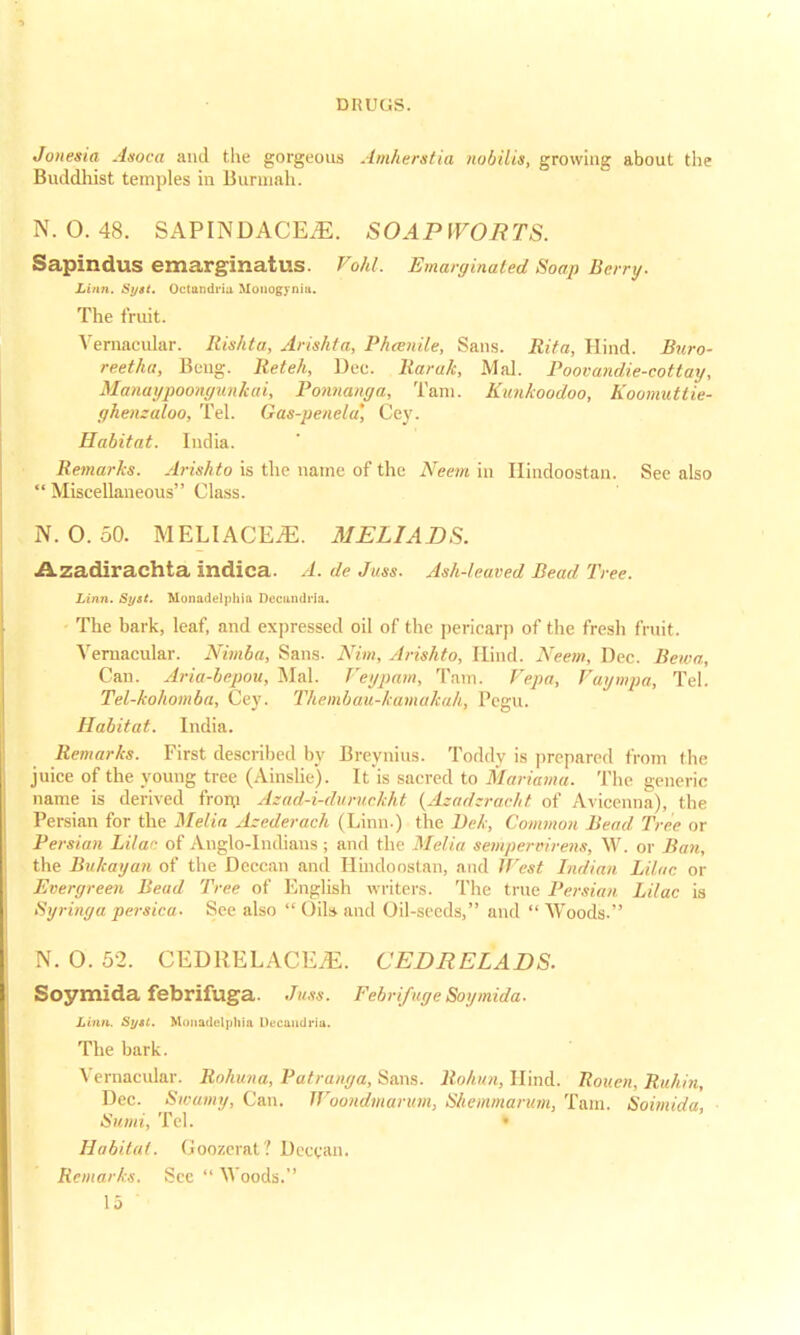 Jonesia Asoca and the gorgeous Amherst ia nobilis, growing about the Buddhist temples in Burniah. N. O. 48. SAPINDACEiE. SOAPWORTS. Sapindus emarginatus. Void. Emarginated Soap Berry. Linn. Sytt. Octandria Mouogyniu. The fruit. Vernacular. Riskta, Arishto, Phcenile, Sans. Rita, Hind. Buro- reetha, Beng. Reteh, Dec. Raruk, Mai. Poovandie-cottay, Manaypoongunkai, Ponnanga, Tarn. Kunkoodoo, Koomuttie- ghenzaloo, Tel. Gas-penela] Cey. Habitat. India. Remarks. Arishto is the name of the Neem in Hindoostan. See also  Miscellaneous Class. N. 0. 50. MELIACE^. MELI ADS. Azadirachta indica. A. de Juss. Ash-leaved Bead Tree. Linn. Syst. Monadelphia Deeundria. The bark, leaf, and expressed oil of the pericarp of the fresh fruit. Vernacular. Nimba, Sans. Nim, Arishto, Hind. Neem, Dec. Bewa, Can. Aria-bepou, Mai. Veypam, Tain. Vepa, Vaympa, Tel. Tel-kohomba, Cey. Thembau-kamakah, Pegu. Habitat. India. Remarks. First described by Breynius. Toddy is prepared from the juice of the young tree (Ainslie). It is sacred to Manama. The generic name is derived from A:ad-i-dvruckht (Azadcrac/tt of Avicenna), the Persian for the Melia Azederach (Linn.) the l)ek, Common Bead Tree or Persian Lilac of Anglo-Indians ; and the Melia sempervirens, W. or Ban, the Bukayau of the Deccan and Hindoostan, and West Indian Lilac or Evergreen Bead Tree of English writers. The true Persian, Lilac is Syrinya persica. See also  Gib and Oil-seeds, and  Woods. N. O. 52. CEDRELACEiE. CEDRELADS. Soymida febrifuga. Juss. Febrifuge Soymida. Linn. Syst. Monariclphia Dec&udrJa. The bark. Vernacular. Rohuna, Patranga, Sans. RoAtun, Hind. Rouen, Ruhin, Dec. Swumy, Can. Woondmarum, Shemmarum, Tain. Soimida, Sumi, Tel. • Habitat, (joozcral? Deccan. Remarks. Sec  Woods.