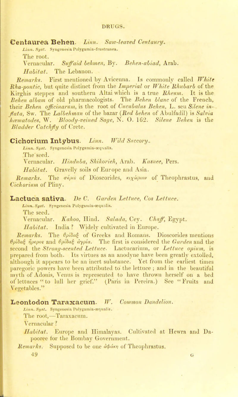 Centaurea Behen. Linn. Saw-leaved Centaury. Linn. Syst. Syngenesia Polygamia-frustranea. The root. Vernacular. Suffaid behmen, By. Behen-abiad, Arab. Habitat. The Lebanon. Remarks. First mentioned by Avicenna. Is commonly called White Rha-pontic, but quite distinct from the Imperial or White Rhubarb of the Kirghis steppes and southern Altai which is a true Rheum. It is the Behen albam of old pharmacologists. The Behen blanc of the French, their Behen ojjicinarum, is the root of Cucubalus Behen, L. seu Silene in- ftuta, Sw. The Lalbehman of the bazar (Red behen of Abulfadil) is Salvia heematodes, W. Bloody-veined Sage, N. O. 1G2. Silene Behen is the Bladder Catchfy of Crete. Cichorium Intybus. Linn. Wild Succory. Linn. Suit. Syngenesia Polygamia-iequalis. The seed. Vernacular. Ilinduba, Shikorieh, Arab. Kasnee, Pers. Habitat. Gravelly soils of Europe and Asia. Remarks. The trepts of Dioscorides, Kixwpiov of Theophrastus, and Cichorium of Pliny. Lactuca sativa. Be C. Garden Lettuce, Cos Lettuce. Linn. Syst. Syngenesia PulygHiniu-oeqmlls. The seed. Vernacular. Kahoo, Hind. Salada, Cey. Chaff', Egypt. Habitat. India ? Widely cultivated in Europe. Remarks. The 6plha£ of Greeks and Romans. Dioscorides mentions 6pl8a£ ijpepos and 6pi8a£ dypia. The first is considered the Garden and the second the Strony-scented Lettuce. Lactucarium, or Lettuce opium, is prepared from both. Its virtues as an anodyne have been greatly extolled, although it appears to be an inert substance. Yet from the earliest times paregoric powers have been attributed to the lettuce ; and in the beautiful myth of Adonis, Venus is represented to have thrown herself on a bed of lettuces  to lull her grief. (Paris in Pereira.) See Fruits and Vegetables. Leontodon Taraxacum. W. Common Dandelion. Linn. Syst. Syngenesia Polygamia-requatis■ The root,—Taraxacum. Vernacular ? Habitat. Europe and Himalayas. Cultivated at Hewra and Da- pooree for the Bombay Government. Remarks. Supposed to be one a0a«fj of Theophrastus.