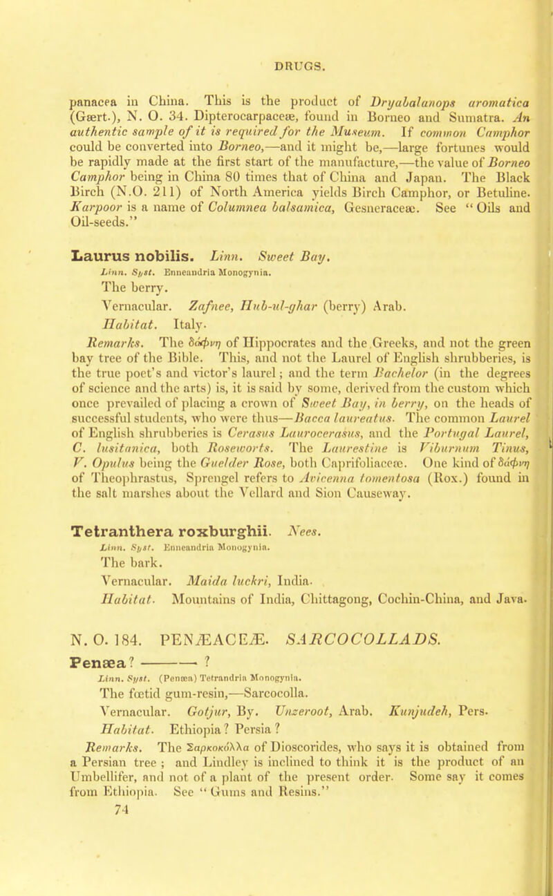 panacea in China. This is the product of Dryabalanops uromatica (Gsert.), N. 0. 34. Dipterocarpaceie, found in Borneo and Sumatra. An authentic sample of it is required for the Museum. If common Camphor could be converted into Borneo,—and it might be,—large fortunes would be rapidly made at the first start of the manufacture,—the value of Borneo Camphor being in China 80 times that of China and Japan. The Black Birch (N.O. 211) of North America yields Birch Camphor, or Betuline. Karpoor is a name of Columnea balsamica, Gesneraceae. See  Oils and Oil-seeds. Laurus nobilis. Linn. Sweet Bay, Linn, S/,st. Enneuudria Monogynia. The berry. Vernacular. Zafnee, Ilub-ul-ghar (berry) Arab. Habitat. Italy. Remarks. The 8«JWi7 of Hippocrates and the Greeks, and not the green bay tree of the Bible. This, ami not the Laurel of English shrubberies, is the true poet's and victor's laurel; and the term Bachelor (in the degrees of science and the arts) is, it is said by sonic, derived from the custom which once prevailed of placing a crown of Sweet Bay, in berry, on the heads of successful students, who were thus—Bacca la urea Ins. The common Laurel of English shrubberies is Cerasns Laurocerasus, anil the Portugal Lanre/, C. lusitanica, both Jtoseworts. The Laurestine is Viburnum Tinus, V. Opuhis being the Guelder Rose, both Caprifoliacerc. One kind of of Theophrastus, Sprengel refers to Avicenna tomentosa (Rox.) found in the salt marshes about the Yellard and Sion Causeway. Tetranthera roxburghii. Xees. Linn. S//St. Emieandrin Monogynia. The bark. Vernacular. Maida luckri, India. Habitat- Mountains of India, Chittagong, Cochin-China, and Java. N.O. 184. PENiEACE^E. SARCOCOLLADS. Penaea? ? Linn. Syst. (Penoea) TstrandrlB Monogynla. The foetid gum-resin,-—Sarcocolla. Vernacular. Gotjur, By. Unzeroot, Arab. Kunjudeh, Pers. Habitat. Ethiopia ? Persia ? Remarks. The SapxoKoXXo of Dioscorides, who says it is obtained from a Persian tree ; and Lindley is inclined to think it is the product of an Umbellifer, and not of a plant of the present order. Some say it comes from Ethiopia. Sec Gums and Resins.