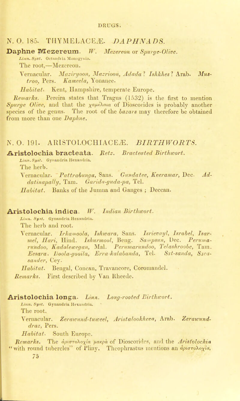 N. O. 185. THYMELACEiE. DAPH'NADS. Daphne IVIezereum. W. Mezereon or Spurge-Olive. JAnn. Si/st. Octnndila Honogynis. The root,—Mezereon. Vernacular. Maziryoon, Mazrioon, Adada ? Ishkhes 1 Arab. Mus- troo, Pers. Kameela, Yonanee. Habitat. Kent, Hampshire, temperate Europe. Remarks. Pereira states that Tragus (lo32) is the first to mention Spurge Olive, and that the x/^0' of Dioscoiides is probably another species of the genus. The root of the bazars may therefore be obtained from more than one Daphne. N. 0.191. ARISTOLOCHIACE^E. BIRTHWORTS. Aristolochia bracteata. Retz. Bracteated Birthwort. Linn. Suit. Gynnndriu Hexandiio. The herb. Vernacular. Pattrabunga, Sans. Guvdatee, Keeramar, Dec- Ad- datinapalhj, Tarn. Garidn-guda-pa, Tel. Habitat. Banks of the Jumna and Ganges ; Deccan. Aristolochia indica. W. Indian Birthwort. Linn. Sy*t. Gynundria Hexuiidriu. The herb and root. Vernacular. Irkamoola, Ishwara, Sans. Isrievayl, Israbel, Isar- mel, Hari, Hind. Ishurmool, Beng. Sampsun, Dec. Peruma- rundoo, Kadulewegan, Mai. Perumarundoo, Telashroobe, Tain. Eesara. lloola-gooila, Erra-kalabanda, Tel. Sut-sanda, Sica- sander, Cey. Habitat. Bengal, Concan, Travancore, Coromandel. Remarks. First described by Van Hheede. Aristolochia longa- Linn. Long-rooted Birthwort. Linn. Syst. Gynandrla Hemndriu. The root. Vernacular. Zerawund-tuweel, Aristalookheen, Arab. Zerawnnd- draz, Pers. Habitat- South Europe. Remarks. The npia-To\o^la paKpa of Dioscoiides, and the Aristolochia with round tubercles of Pliny, Theophrastus mentions an dpurrciXoxta,