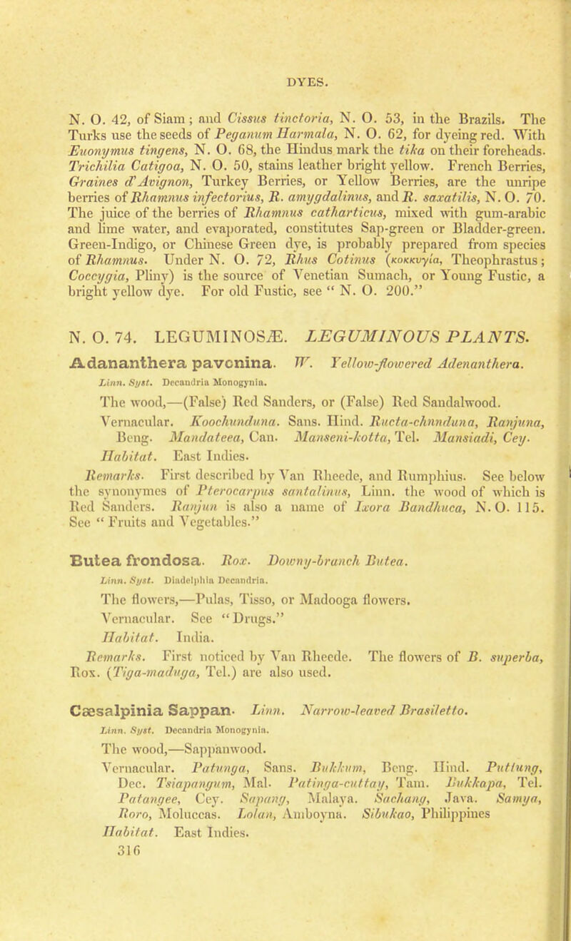 N. O. 42, of Siam; and Cissus tinctoria, N. O. 53, in the Brazils. The Turks use the seeds of Peganum Harmala, N. O. 62, for dyeing red. With Euonymus tingens, N. O. 68, the Hindus mark the tika on their foreheads- Trichilia Catigoa, N. O. 50, stains leather bright yellow. French Berries, Graines «C'Avignon, Turkey Berries, or Yellow Berries, are the unripe berries of Rhamnus infectorius, R. amygdalinus, and R. saxatilis, N. O. 70. The juice of the berries of Rhamnus catharticus, mixed with gum-arabic and lime water, and evaporated, constitutes Sap-green or Bladder-green. Green-Indigo, or Chinese Green dye, is probably prepared from species of Rhamnus. Under N. 0. 72, Rhus Cotinus (KOKKvyla, Theophrastus; Coccygia, Pliny) is the source of Venetian Sumach, or Young Fustic, a bright yellow dye. For old Fustic, see N. O. 200. N. O. 74. LEGUMINOS^S. LEGUMINOUS PLANTS. Adananthera pavonina. W. Yellow-flowered Adenanthera. Linn. Sytt. Decaudria Monogynia. The wood,—(False) Red Sanders, or (False) Red Sandalwood. Vernacular. Koochunduna. Sans. Hind. Ructa-chnnduna, Ranjuna, Beng. Mandateea, Can. Manseni-kotta, Tel. Mansiadi, Cey. Habitat. East Indies. Remarks- First described by Van Rheede, and Rumphius. See below the synonymes of Pterocarpus santalinus, Linn, the wood of which is Red Sanders. Ranjun is also a name of Ixora Bandhuca, N.O. 115. See Fruits and Vegetables. Butea frondosa. Rox. Downy-branch Butea. Linn, Syst. Diudclpliia nccandria. The flowers,—Pulas, Tisso, or Madooga flowers. Vernacular. See Drugs. Habitat. India. Remarks. First noticed by Van Rheede. The flowers of B. superba, Rox. (Tiga-madiiga, Tel.) are also used. Csesalpinia Sappan- Linn. Narrow-leaved Brasiletto. Linn. Syti. Decandria Monogynia. The wood,—Sappanwood. Vernacular. Patunga, Sans. Bukkinn, Beng. Hind. Puttung, Dec. Tsiapangvm, Mai. Patinga-cnttay, Tarn. Bukkapa, Tel. Patangee, Cey. Sapang, Malaya. Sachang, Java. Samya, Roro, Moluccas. Lolan, Amboyna. Sibukao, Philippines Habitat. East Indies.