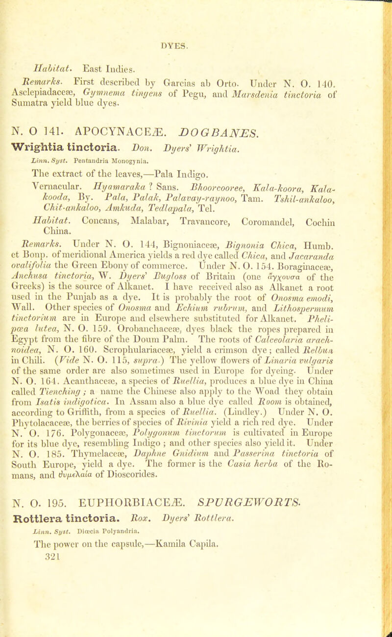 Habitat. East Indies. Remarks. First described by Garcias ab Orto. Under N. O. 140. Aselepiadaccrc, Gymnema tinyens of Pegu, and Marsdenia tinctoria of Sumatra yield blue dyes. N. O 141. APOCYNACEyE. DOGBANES. Wrightia tinctoria. Don. Dyers'1 Wrightia. Zinn. Si/st. Pentandria Monogynia. Tbe extract of the leaves,—Pala Indigo. Vernacular. Hyamaraka ? Sans. Bhoorcooree, Kala-koora, Kala- kooda, By. Pala, Palak, Palavay-raynoo, Tam. Tshil-ankaloo, Chit-ankaloo, Amkuda, Tedlapala, Tel. Habitat. Concans, Malabar, Travancore, Coromandel, Cochin China. Remarks. Under N. O. 144, Bignoniacete, Bignonia Chica, Humb. et Bon]), of meridional America yields a red dye called Chica, and Jacaranda ovalifolia the Green Ebony of commerce. Under N. O. 151. BoraginaceEe, Anchusa tinctoria, W. Dyers' Bugloss of Britain (one ayxova-a of the Greeks) is the source of Alkanet. I have received also as Alkanet a root used in the Punjab as a dye. It is probably the root of Onosma emodi, Wall. Other species of Onosma and Echium rubrum, and Lithospermuni tinctorium are in Europe and elsewhere substituted for Alkanet. Pheli- pcea hitea, N. O. 159. Orobanchacese, dyes black the ropes prepared in Egypt from the fibre of the Doum Palm. The roots of Calceolaria arach- noidea, N. O. 160. Serophulariacese, yield a crimson dye; called Re/bun in Chili. {Vide N. O. 115, supra.) The yellow flowers of Linaria vulgaris of the same order are also sometimes used in Europe for dyeing. Under N. O. 1G-1. Acanthacepc, a species of Ruellia, produces a blue dye in China called Tienching ; a name the Chinese also apply to the Woad they obtain from Isatis indigotica. In Assam also a blue dye called Room is obtained, according to Griffith, from a species of Ruellia. (Lindley.) Under N. O. Phytolaeacese, the berries of species of Rivinia yield a rich red dye. Under N. O. 176. Polygonacesc, Polygonum tinctorum is cultivated in Europe for its blue dye, resembling Indigo ; and other species also yield it. Under N. O. 185. Thymelacese, Daphne Gnidium and Passerina tinctoria of South Europe, yield a dye. The former is the Casta herba of the Ro- mans, aud 6vy.ikala of Dioscorides. N. O. 195. EUPHORBIACE.E. SPURGEWORTS. Rottlera tinctoria. Rox. Dyers' Rott/era. Linn. Syit. Dicccm Polyandiia. The power on the capsule,—Kamila Capila.