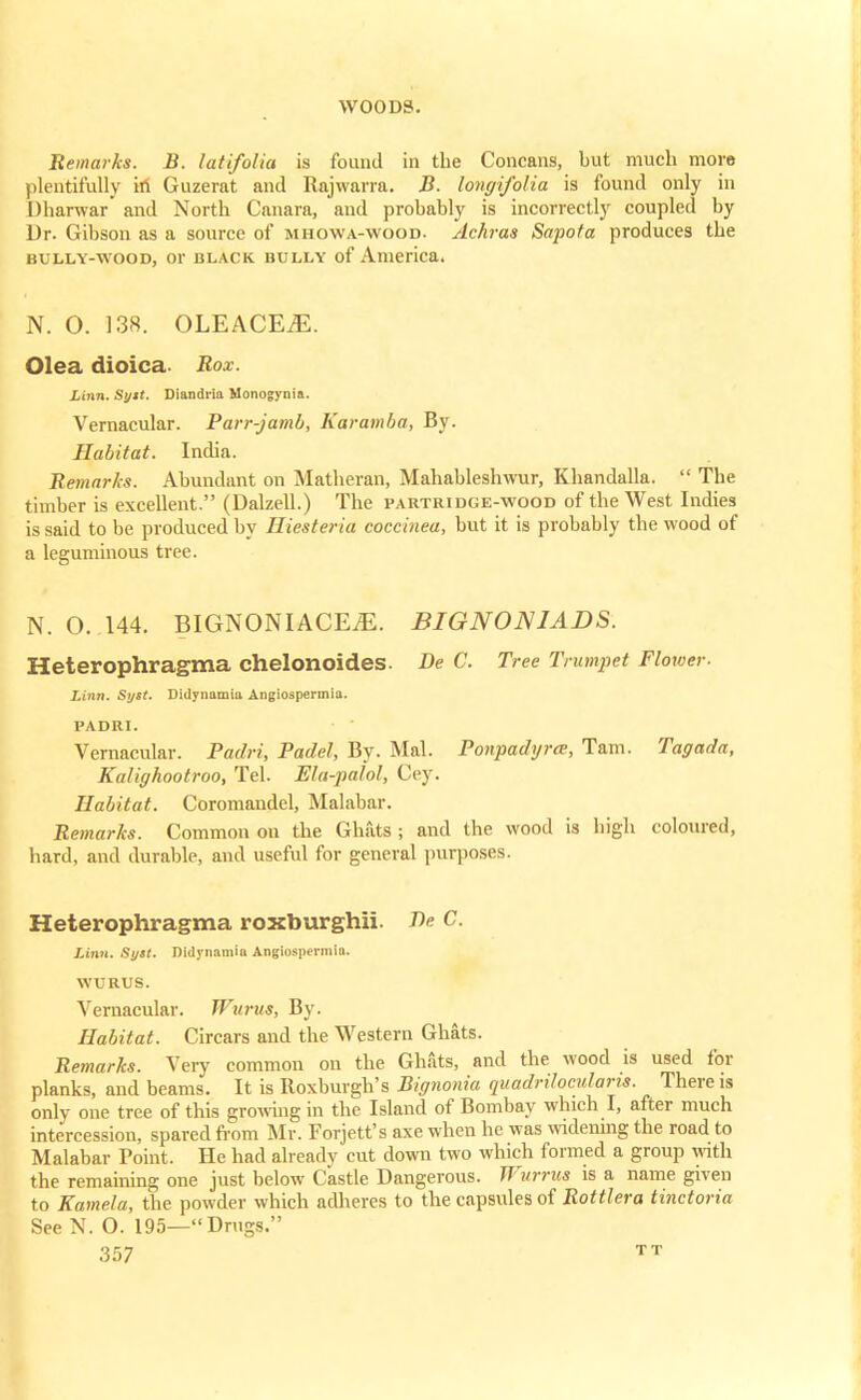 Remarks. B. latifolia is found in the Concans, but much more plentifully in Guzerat and Rajwarra. B. longifolia is found only in Dharwar and North Canara, and probably is incorrectly coupled by Dr. Gibson as a source of mhowa-wood. Achras Sapota produces the bully-wood, or black bully of America. N. O. 138. OLEACE.E. Olea dioica Box. Linn. Sytt. Diandria Monogynia. Vernacular. Parr-jamb, Karamba, By. Habitat. India. Remarks. Abundant on Matheran, Mahableshwur, Khandalla.  The timber is excellent. (Dalzell.) The partridge-wood of the West Indies is said to be produced by Hiesteria coccinea, but it is probably the wood of a leguminous tree. N. O. 144. BIGNONIACEiE. BIGNON1ADS. Heterophragma chelonoides- De C. Tree Trumpet Flower. Linn. Sytt. Didyiiamio Angiospermia. PADRI. Vernacular. Padri, Padel, By. Mai. Ponpadyra, Tam. Tagada, Kalighootroo, Tel. Ela-pahl, Cey. Habitat. Coromandel, Malabar. Remarks. Common on the Ghats ; and the wood is high coloured, hard, and durable, and useful for general purposes. Heterophragma roxburghii. T>e C. Linn. St/it. Didynamia Angiospermia. WURUS. Vernacular. Wurus, By. Habitat. Circars and the Western Ghats. Remarks. Very common on the Ghats, and the wood is used for planks, and beams. It is Roxburgh's Bignonia quadrrlocularis. There is only one tree of this growing in the Island of Bombay which I, after much intercession, spared from Mr. Forjett's axe when he was widening the road to Malabar Point. He had already cut down two which formed a group with the remaining one just below Castle Dangerous. Wurrus is a name given to Kamela, the powder which adheres to the capsules of Rottlera tinctoria See N. O. 195—Drugs.
