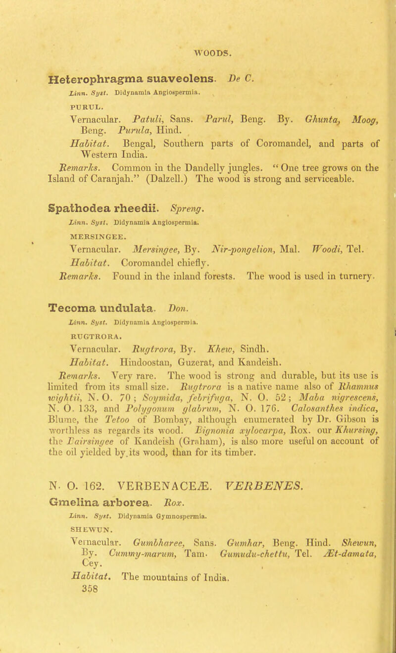 Heterophragma suaveolens Be C. Linn. Sytt. Didynamia Angiospermin. PURUL. Vernacular. Patuli, Sans. Parul, Beng. By. Ghunta, Moog, Beng. Purula, Hind. Habitat. Bengal, Southern parts of Coromandel, and parts of Western India. Remarks. Common in the Dandelly jungles.  One tree grows on the Island of Caranjah. (Dalzell.) The wood is strong and serviceable. Spathodea rheedii. Spreng. Linn. Sytt. Didynamia Angiospermla. MERSINGEE. Vernacular. Mersingee, By. Nir-pongelion, Mai. Woodi, Tel. Habitat. Coromandel chiefly. Remarks. Found in the inland forests. The wood is used in turnery. Tecoma undulata. Bon. Linn. Syit. Didynamia Anglospormia. RUGTRORA. Vernacular. Rugtrora, By. Khew, Sindh. Habitat. Hindoostan, Guzerat, and Kandeish. Remarks. Very rare. The wood is strong and durable, but its use is limited from its small size. Rvgtrora is a native name also of Rhamnus wightii, N. 0. 70; Soymida, febrifuga, N. 0. 52; Maba nigrescens, N. 0. 133, and Polygonum glabrum, N. O. 176. Calosanthes indica, Blume, the Tetoo of Bombay, although enumerated by Dr. Gibson is worthless ns regards its wood. Eignonia xylocarpa, Rox. our Khursing, the Pairsingee of Kandeish (Grnham), is also more useful on account of the oil yielded by.its wood, than for its timber. N. O. 162. VERBENACEiE. VERBENES. Gmelina arborea. Rox. Linn. Sytt. Didynamia Gymnospermia. SHEWUN. Vernacular. Gumbharee, Sans. Gumhar, Beng. Hind. Shewun, By. Cummy-rnarum, Tarn- Gumudu-chettu, Tel. jEt-damata, Cey. Habitat. The mountains of India.