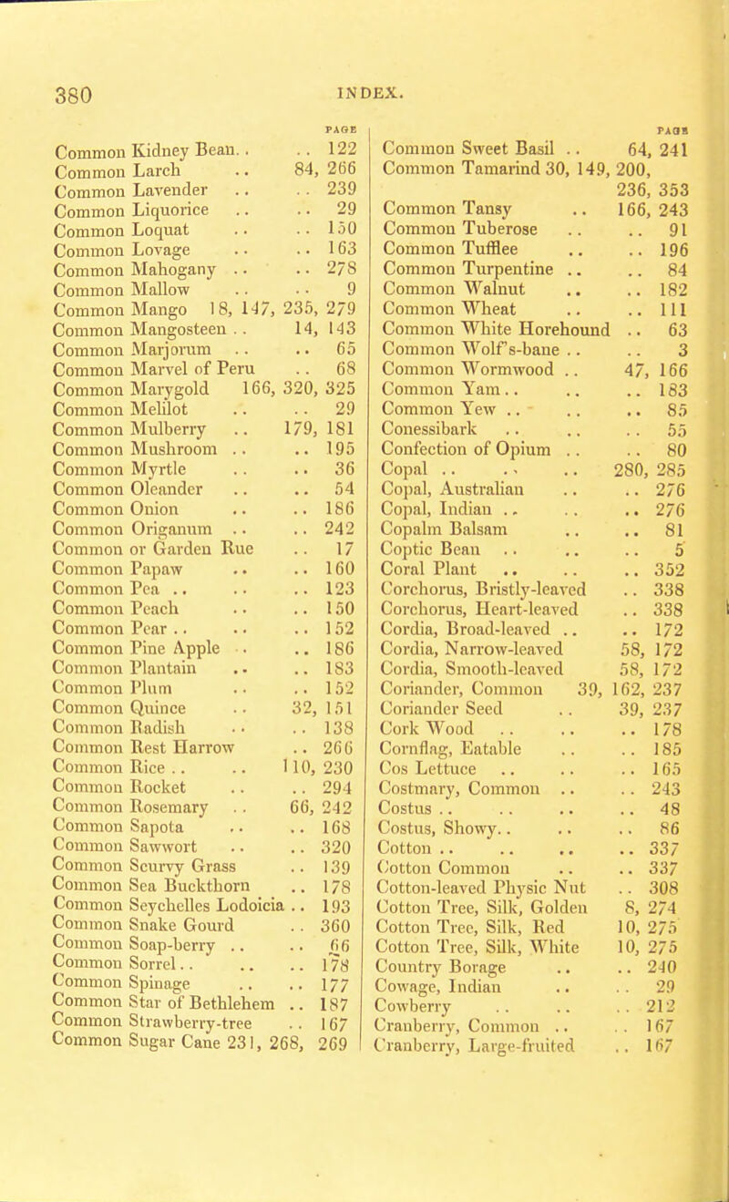 Common Common Common Common Common Common Common Common Common Common Common Common Common Common Common Common Common Common Common Common Common Common Common Common Common Common Common Common Common Common Common Common Common Common Common Common Common Common Common Common Common Common Common Common Common Common .. 122 84, 266 .. 239 .. 29 .. 150 .. 163 .. 278 9 Mango 18, 147, 235, 2/9 Mangosteen .. 14, 143 Marjoram .. .. 65 Marvel of Peru .. 68 Marygold 166, 320, 325 Kidney Beau Larch Lavender Liquorice Loquat Lovage Mahogany Mallow 179, Melilot Mulberry Mushroom Myrtle Oleander Onion Origanum or Garden Rue Papaw Pea .. Peach Pear .. Pine Apple Plantain Plum Quince Badisk Rest Harrow Rice .. Rocket Rosemary Sapota Saw wort Scurvy Grass Sea Buckthorn Seychelles Lodoicia .. Snake Gourd Soap-berry Sorrel Spinage Star of Bethlehem .. Strawberry-tree Sugar Cane 231, 268, 29 181 195 36 54 186 242 17 160 123 150 152 186 183 152 151 .. 138 .. 266 110, 230 .. 294 66, 242 .. 168 32, 320 139 178 193 360 66 178 177 187 167 269 Common Sweet Basil .. Common Tamarind 30, 149, Common Tansy Common Tuberose Common Tufflee Common Turpentine .. Common Walnut Common Wheat Common White Horehound Common Wolf s-bane .. Common Wormwood .. Common Yam Common Yew Conessibark Confection of Opium .. Copal Copal, Australian Copal, Indian Copalm Balsam Coptic Bean Coral Plant Corchoras, Bristly-leaved Corchorus, Heart-leaved Cordia, Broad-leaved .. Cordia, Narrow-leaved Cordia, Smooth-leaved Coriander, Common Coriander Seed Cork Wood Comflag, Eatable Cos Lettuce Costmary, Common Costus Costus, Showy.. Cotton Cotton Common Cotton-leaved Physic Nut Cotton Tree, Silk, Golden Cotton Tree, Silk, Red Cotton Tree, Silk, White Country Borage Cowage, Indian Cowberry Cranberry, Common .. Cranberry, Large-fruited 39, J>AOS 64, 241 200, 236, 353 166, 243 .. 91 .. 196 .. 84 .. 182 .. Ill .. 63 3 47, 166 .. 183 .. 85 .. 55 .. 80 280, 285 .. 276 .. 276 .. 81 5' .. 352 .. 338 .. 338 .. 172 58, 172 58, 172 162, 237 39, 237 .. 178 .. 185 .. 165 .. 243 .. 48 .. 86 .. 337 .. 337 .. 308 8, 274 10, 275 10, 275 .. 240 .. 29 . . 212 .. 167 .. 167