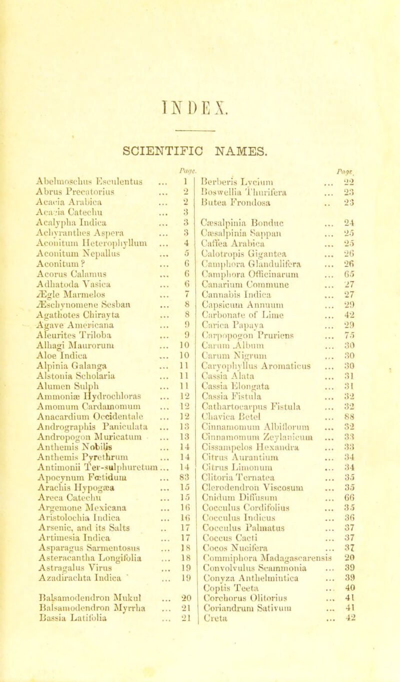 INDEX. SCIENTIFIC NAMES. Page Abelmoscbus Esculentus ... 1 Abrus Precntorius ... 2 Acacia Arabics ... 2 Acacia Catecbu ... 3 Acalypha Indica ... 3 Aclivrantlios Aspera ... 3 Acouitum Heterophyllum ... 4 Aconituiu Nepallus ... 5 Aconitum? ... G Acorus Calamus ... 6 Adhatoda Vasica ... (5 /Egle Marmelos ... 7 -ZEscbynomene Sesban ... 8 Agatbotes Chirayta ... 8 Agave Americana ... 9 Aleurites Triloba ... 9 Albagi Mauroruiu ... 10 Aloe Indica ... 10 Alpinia Oalanga ... 11 Alstonia Scbolaria ... 11 Alumcn Sulph ... 11 Ammonia; Hydrochloras ... 12 Amomum Cardamomum ... 12 Anacardium Occidentale ... 12 Andrographis Paniculata ... 13 Andropogon Muricatum ... 13 Anthemis Nobilis ... 14 Anthemis Pyrethruni ... 14 Antimonii Ter-sulphuretum... 14 Apocynum Foetidum ... 83 Aracbis Hypogaia ... 15 Areca Catecbu ... 15 Argemone Mexicans ... 16 Aristolochia Indica ... l<i Arsenic, and its Salts .. 17 Arthnesia Indica ... 17 Asparagus Sarmentosus ... 18 Asteracantba Longilblia ... 18 Astragalus Virus ... If) Azadiracbta Indica ' ... 19 Bakmmodendron Mukul ... 20 Balsamodendron Myrrha ... 21 Bassia Latiiolia ... 21 Pot*. Berberis Lycium ... J2 Boswellia Thurifera ... 23 Butea Frondosa .. 23 Caesalpinia Bonduc ... 24 Csesalpinia Sappan ... 25 Caffea Arabics ... 25 Calotropis Gigantea ... 26 Camphors Glandulifcra ... 26 Campbora Officinarum ... 65 Canarium Commune ... 27 Cannabis Indica ... 27 Capsicum Annuum ... 29 Carbonate of Linn' ... 42 Caries Papaya ... 29 Carpopogon Pruriens ... 75 Caruni Album ... 30 ( arum Nigrum ... 30 Caryopbyllus Aromaticus ... 30 Cassia Alats ... 31 Cassia Elongata ... 31 Cassia Fistula ... 32 Catbartocarpus Fistula ... 32 Cbavica Betel ... 88 Cinnsmomum Albiflorum ... 32 Cinnamomum Zeylanicum ... 33 Cissampelos Hexandra ... 33 Citrus Aurantium ... 34 Citrus Linionum ... 34 Clitoris Temates ... 35 Clerodendroh Viscosum ... 35 Cnidum Diffusum ... C6 Cocculus Cordifolius ... 35 (locculus Indicus ... 36 Cocculus Palmatus ... 37 Coccus Cacti ... 37 Cocos Nucifers ... 37 Commiphora Madagascarensis 20 Convolvulus Scammonia ... 39 Conyza Antbelinintica ... 39 Coptis Teeta ... 40 Corcborus Olitorius ... 41 Coriandrum Sativum ... 41 Crcta ... 42