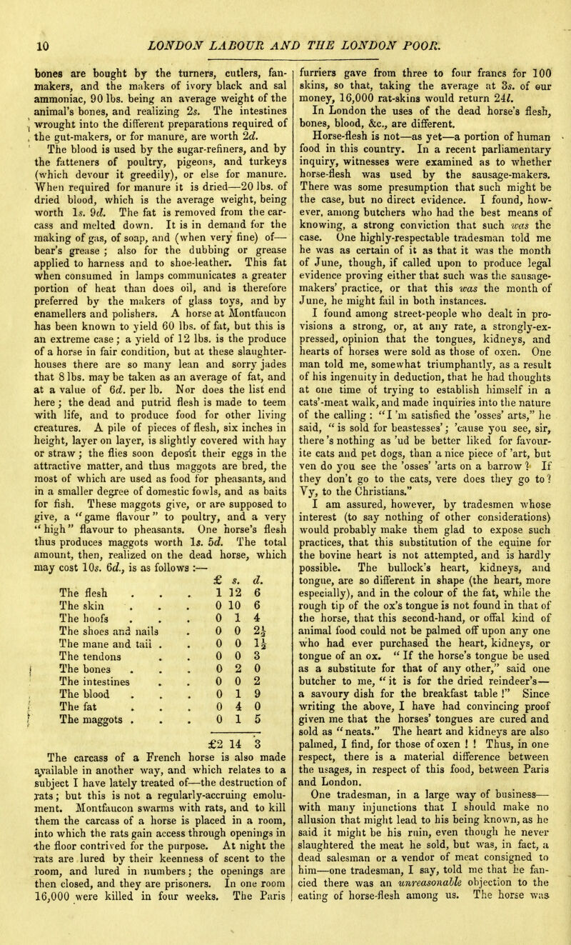 bones are bought by the turners, cutlers, fan- makers, and the makers of ivory black and sal ammoniac, 90 lbs. being an average weight of the animal's bones, and realizing 2s. The intestines wrought into the different preparations required of the gut-makers, or for manure, are worth 2d. The blood is used by the sugar-refiners, and by the fatteners of poultry, pigeons, and turkeys (which devour it greedily), or else for manure. When required for manure it is dried—20 lbs. of dried blood, which is the average weight, being worth Is. 9d. The fat is removed from the car- cass and melted down. It is in demand for the making of gas, of soap, and (when very fine) of— bear's grease ; also for the dubbing or grease applied to harness and to shoe-leather. This fat when consumed in lamps communicates a greater portion of heat than does oil, and is therefore preferred by the makers of glass toys, and by enamellers and polishers. A horse at Montfaucon has been known to yield 60 lbs. of fat, but this is an extreme case; a yield of 12 lbs. is the produce of a horse in fair condition, but at these slaughter- houses there are so many lean and sorry jades that 8 lbs. may be taken as an average of fat, and at a value of (id. per lb. Nor does the list end here; the dead and putrid flesh is made to teem with life, and to produce food for other living creatures. A pile of pieces of flesh, six inches in height, layer on layer, is slightly covered with hay or straw; the flies soon deposit their eggs in the attractive matter, and thus maggots are bred, the most of which are used as food for pheasants, and in a smaller degree of domestic fowls, and as baits for fish. These maggots give, or are supposed to give, a  game flavour to poultry, and a very  high  flavour to pheasants. One horse's flesh thus produces maggots worth Is. 5d. The total amount, then, realized on the dead horse, which may cost 10s. 6d., is as follows :— £ s. d. The flesh 1 12 6 The skin 0 10 6 The hoofs 0 1 4 The shoes and nails 0 0 The mane and tail . 0 0 n The tendons 0 0 3 The bone3 0 2 0 The intestines 0 0 2 The blood 0 1 9 The fat 0 4 0 The maggots . 0 1 5 £2 14 3 The carcass of a French horse is also made available in another way, and which relates to a subject I have lately treated of—the destruction of yats; but this is not a regularly-accruing emolu- ment. Montfaucon swarms with rats, and to kill them the carcass of a horse is placed in a room, into which the rats gain access through openings in •the floor contrived for the purpose. At night the rats are lured by their keenness of scent to the room, and lured in numbers; the openings are then closed, and they are prisoners. In one room 16,000 were killed in four weeks. The Paris furriers gave from three to four francs for 100 skins, so that, taking the average at 3s. of our money, 16,000 rat-skins would return 24/. In London the uses of the dead horse's flesh, bones, blood, &c, are different. Horse-flesh is not—as yet—a portion of human • food in this country. In a recent parliamentary inquiry, witnesses were examined as to whether horse-flesh was used by the sausage-makers. There was some presumption that such might be the case, but no direct evidence. I found, how- ever, among butchers who had the best means of knowing, a strong conviction that such was the case. One highly-respectable tradesman told me he was as certain of it as that it was the month of June, though, if called upon to produce legal evidence proving either that such was the sausage- makers' practice, or that this was the month of June, he might fail in both instances. I found among street-people who dealt in pro- visions a strong, or, at any rate, a strongly-ex- pressed, opinion that the tongues, kidneys, and hearts of horses were sold as those of oxen. One man told me, somewhat triumphantly, as a result of his ingenuity in deduction, that he had thoughts at one time of trying to establish himself in a cats'-meat walk, and made inquiries into the nature of the calling : I'm satisfied the 'osses' arts, he said,  is sold for beastesses'; 'cause you see, sir, there's nothing as 'ud be better liked for favour- ite cats and pet dogs, than a nice piece of 'art, but ven do you see the 'osses' 'arts on a barrow V If they don't go to the cats, vere does they go to 1 Vy, to the Christians. I am assured, however, by tradesmen whose interest (to say nothing of other considerations) would probably make them glad to expose such practices, that this substitution of the equine for the bovine heart is not attempted, and is hardly possible. The bullock's heart, kidneys, and tongue, are so different in shape (the heart, more especially), and in the colour of the fat, while the rough tip of the ox's tongue is not found in that of the horse, that this second-hand, or offal kind of animal food could not be palmed off upon any one who had ever purchased the heart, kidneys, or tongue of an ox.  If the horse's tongue be used as a substitute for that of any other, said one butcher to me,  it is for the dried reindeer's— a savoury dish for the breakfast table ! Since writing the above, I have had convincing proof given me that the horses' tongues are cured and sold as  neats. The heart and kidneys are also palmed, I find, for those of oxen ! ! Thus, in one respect, there is a material difference between the usages, in respect of this food, between Paris and London. One tradesman, in a large way of business— with many injunctions that I should make no allusion that might lead to his being known, as he said it might be his ruin, even though he never slaughtered the meat he sold, but was, in fact, a dead salesman or a vendor of meat consigned to him—one tradesman, I say, told me that he fan- cied there was an unreasonable objection to the eating of horse-flesh among us. The horse was