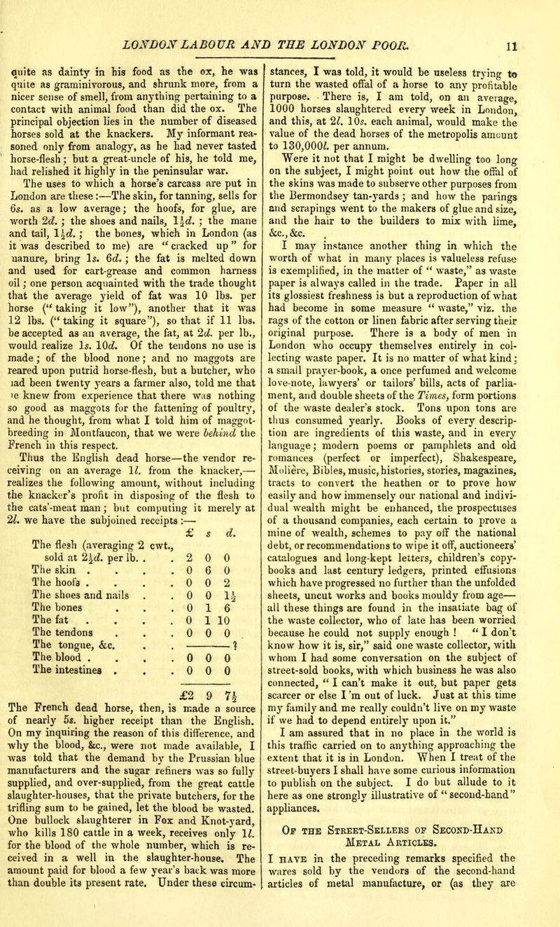 quite as dainty in his food as the ox, he was quite as graminivorous, and shrunk more, from a nicer sense of smell, from anything pertaining to a contact with animal food than did the ox. The principal objection lies in the number of diseased horses sold at the knackers. My informant rea- soned only from analogy, as he had never tasted horse-flesh; but a great-uncle of his, he told me, had relished it highly in the peninsular war. The uses to which a horse's carcass are put in London are these:—The skin, for tanning, sells for Qs. as a low average; the hoofs, for glue, are worth 2d.; the shoes and nails, \\d. ; the mane and tail, \\d.; the bones, which in London (as it was described to me) are  cracked up for nanure, bring Is. 6d.; the fat is melted down and used for cart-grease and common harness oil; one person acquainted with the trade thought that the average yield of fat was 10 lbs. per horse ( taking it low), another that it was 12 lbs. (taking it square), so that if 11 lbs. be accepted as an average, the fat, at 2d. per lb., would realize Is. lOd. Of the tendons no use is made; of the blood none; and no maggots are reared upon putrid horse-flesh, but a butcher, who lad been twenty years a farmer also, told me that >e knew from experience that there was nothing so good as maggots for the fattening of poultry, and he thought, from what I told him of maggot- breeding in Montfaucon, that we were behind the French in this respect. Thus the English dead horse—the vendor re- ceiving on an average 11. from the knacker,— realizes the following amount, without including the knacker's profit in disposing of the flesh to the cats'-meat man; but computing it merely at 21. we have the subjoined receipts :— £ d. The flesh (averaging 2 cwt., sold at 2\d. per lb. . 2 0 0 The skin . 0 6 0 The hoof's .... 0 0 2 The shoes and nails 0 0 H The bones 0 1 6 The fat . 0 1 10 The tendons 0 0 0 The tongue, &c. — ? The blood .... 0 0 0 The intestines . 0 0 0 £2 9 n The French dead horse, then, is made a source of nearly 5s. higher receipt than the English. On my inquiring the reason of this difference, and why the blood, &c, were not made available, I was told that the demand by the Prussian blue manufacturers and the sugar refiners was so fully supplied, and over-supplied, from the great cattle slaughter-houses, that the private butchers, for the trifling sum to be gained, let the blood be wasted. One bullock slaughterer in Fox and Knot-yard, who kills 180 cattle in a week, receives only 11. for the blood of the whole number, which is re- ceived in a well in the slaughter-house. The amount paid for blood a few year's back was more than double its present rate. Under these circum- stances, I was told, it would be useless trying to turn the wasted offal of a horse to any profitable purpose. There is, I am told, on an average, 1000 horses slaughtered every week in London, and this, at 21. 10s. each animal, would make the value of the dead horses of the metropolis amount to 130,000^. per annum. Were it not that I might be dwelling too long on the subject, I might point out how the offal of the skins was made to subserve other purposes from the Bermondsey tan-yards ; and how the parings and scrapings went to the makers of glue and size, and the hair to the builders to mix with lime, &c.,&c. I may instance another thing in which the worth of what in many places is valueless refuse is exemplified, in the matter of  waste, as waste paper is always called in the trade. Paper in all its glossiest freshness is but a reproduction of what had become in some measure  waste, viz. the rags of the cotton or linen fabric after serving their original purpose. There is a body of men in London who occupy themselves entirely in col- lecting waste paper. It is no matter of what kind: a small prayer-book, a once perfumed and welcome love-note, lawyers' or tailors' bills, acts of parlia- ment, and double sheets of the Times, form portions of the waste dealer's stock. Tons upon tons are thus consumed yearly. Books of every descrip- tion are ingredients of this waste, and in every language; modern poems or pamphlets and old romances (perfect or imperfect), Shakespeare, Moliere, Bibles, music, histories, stories, magazines, tracts to convert the heathen or to prove how easily and how immensely our national and indivi- dual wealth might be enhanced, the prospectuses of a thousand companies, each certain to prove a mine of wealth, schemes to pay off the national debt, or recommendations to wipe it off, auctioneers' catalogues and long-kept letters, children's copy- books and last century ledgers, printed effusions which have progressed no further than the unfolded sheets, uncut works and books mouldy from age— all these things are found in the insatiate bag of the waste collector, who of late has been worried because he could not supply enough !  I don't know how it is, sir, said one waste collector, with whom I had some conversation on the subject of street-sold books, with which business he was also connected,  I can't make it out, but paper gets scarcer or else I'm out of luck. Just at this time my family and me really couldn't live on my waste if we had to depend entirely upon it. I am assured that in no place in the world is this traffic carried on to anything approaching the extent that it is in London. When I treat of the street-buyers I shall have some curious information to publish on the subject. I do but allude to it here as one strongly illustrative of second-hand appliances. Op the Street-Sellers of Second-Hakd Metal Articles. I have in the preceding remarks specified the wares sold by the vendors of the second-hand articles of metal manufacture, or (as they are
