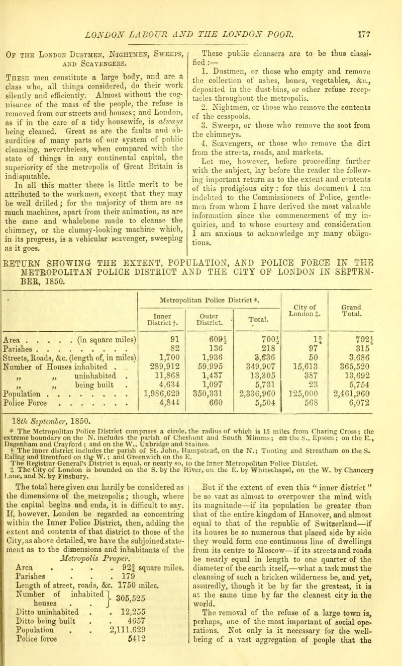 Of the London Dustmen, Nightmen, Sweeps, and Scavengers. These men constitute a large body, and are a class who, all things considered, do their work silently and efficiently. Almost without the cog- nisance of the mass of the people, the refuse is removed from our streets and houses; and London, as if in the care of a tidy housewife, is always being cleaned. Great as are the faults and ab- surdities of many parts of our system of public cleansing, nevertheless, when compared with the state of things in any continental capital, the superiority of the metropolis of Great Britain is indisputable. In all this matter there is little merit to be attributed to the workmen, except that they may be well drilled; for the majority of them are as much machines, apart from their animation, as are the cane and whalebone made to cleanse the chimney, or the clumsy-looking machine which, in its progress, is a vehicular scavenger, sweeping as it goes. These public cleansers are to be thus classi- fied :— 1. Dustmen, or those who empty and remove the collection of ashes, bones, vegetables, &c, deposited in the dust-bins, or other refuse recep- tacles throughout the metropolis. 2. Nightmen, or those who remove the contents of the cesspools. 3. Sweeps, or those who remove the soot from the chimneys. 4. Scavengers, or those who remove the dirt from the streets, roads, and markets. Let me, however, before proceeding further with the subject, lay before the reader the follow- ing important return as to the extent and contents of this prodigious city : for this document I am indebted to the Commissioners of Police, gentle- men from whom I have derived the most valuable information since the commencement of my in- quiries, and to whose courtesy and consideration I am anxious to acknowledge my many obliga- tions. RETURN SHOWING THE EXTENT, POPULATION, AND POLICE FORCE IN THE METROPOLITAN POLICE DISTRICT AND THE CITY OF LONDON IN SEPTEM- BER, 1850. Metropolitan Police District*. City of London Grand Total. Inner District f. Outer District. ' Total. Streets, Roads, &c. (length of, in miles) Number of Houses inhabited . . „ „ uninhabited . „ „ being built Population 91 82 1,700 289,912 11,868 4,634 1,986,629 4,844 6091 136 1,936 59,995 1,437 1,097 350,331 660 700| 218 3,636 349,907 13,305 5,731 2,336,960 5,504 If 97 50 15,613 387 23 125,000 568 702?; 315 3,686 365,520 13,692 5,754 2,461,960 6,072 18th September, 1850. * The Metropolitan Police District comprises a circle, the radius of which is 15 miles from Charing Cross; the extreme boundary on the N. includes the parish of Cheshunt and South Mimms; on the S., Epsom ; on the E., Dagenham and Crayford ; and on the W., Uxbridge and Staines. t The inner district includes the parish of St. John, Hampstead, on the N.; Tooting and Streatham on the S. Ealing and Brentford on the W.; arid Greenwich on the E. The Registrar General's District is equal, or nearly so, to the inner Metropolitan Police District. ± The City of London is bounded on the S. by the River, on the E. by Whitechapel, on the W. by Chancery Lane, and N. by Finsbury. The total here given can hardly be considered as the dimensions of the metropolis; though, where the capital begins and ends, it is difficult to say. If, however, London be regarded as concentring within the Inner Police District, then, adding the extent and contents of that district to those of the City, as above detailed, we have the subjoined state- ment as to the dimensions and inhabitants of the Metropolis Proper. Area . . . . 92| square miles. Parishes . . .179 Length of street, roads, &c. 1750 miles. Number of inhabited] on- ror , > 305,525 houses J Ditto uninhabited . . 12,255 Ditto being built . . 4C57 Population . . 2,111.629 Police force 5412 But if the extent of even this  inner district  be so vast as almost to overpower the mind with its magnitude—if its population be greater than that of the entire kingdom of Hanover, and almost equal to that of the republic of Switzerland—if its houses be so numerous that placed side by side they would form one continuous line of dwellings from its centre to Moscow—if its streets and roads be nearly equal in length to one quarter of the diameter of the earth itself,—what a task must the cleansing of such a bricken wilderness be, and yet, assuredly, though it be by far the greatest, it is at the same time by far the cleanest city in the world. The removal of the refuse of a large town is, perhaps, one of the most important of social ope- rations. Not only is it necessary for the well- being of a vast aggregation of people that the