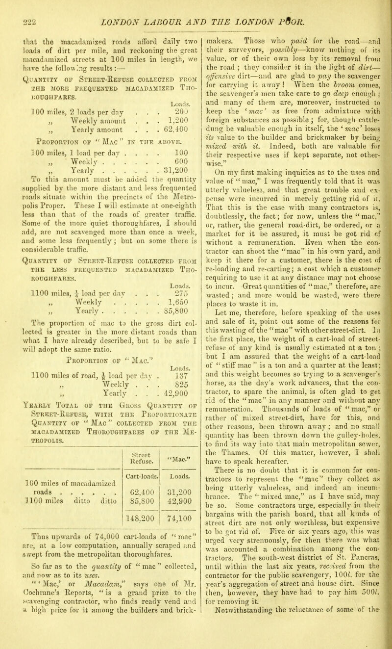 that the macadamized roads afford daily two loads of dirt per mile, and reckoning the great macadamized streets at 100 miles in length, we have the following results:— Quantity of Street-Refuse collected from the wore frequented macadamized tlio- KOUGUFARES. Loads. J 00 miles, 2 loads per day . . . 200 „ Weekly amount . . . 1,200 „ Yearly amount . . . 02.400 Proportion of  Mac  in the above. 100 miles, 1 load per day .... 100 „ Weekly GOO Yearly 31,200 To this amount must be added the quantity supplied by the more distant and less frequented roads situate within the precincts of the Metro- polis Proper. These I will estimate at one-eighth less than that of the roads of greater traffic. Some of the more quiet thoroughfares, I should add, are not scavenged more than once a week, and some less frequently; but on some there is considerable traffic. Quantity of Street-Refuse collected from the less frequented macadamized Tho- roughfares. Loads. 1100 miles, J load per dav . . . 275 Weekly . . . . . 1,650 Yearly 85,800 The proportion of mac to the gross dirt col- lected is greater in the more distant roads than what I have already described, but to be safe I will adopt the same ratio. Proportion of  Mac.'' Loads. 1100 miles of road, -J load per dav . 137 Weekly . . . 825 Yearly . . . -42,900 Yearly Total of the Gross Quantity of Street-Refuse, with the Proportionate Quantity of  Mac  collected from the macadamized Thoroughfares of the Me- tropolis. Street Refuse. Mac. 100 miles of macadamized Cart-loads. Loads. 62,400 31,200 1100 miles ditto ditto 85,800 42,900 148,200 74,100 Thus upwards of 74,000 cart-loads of mac are, at a low computation, annually scraped and swept from the metropolitan thoroughfares. So far as to the quantity of  mac  collected, and now as to its uses. ' Mac,' or Macadam, says one of Mr. Oochrane's Reports, is a grand prize to the scavenging contractor, who finds ready vend and a high price for it among the builders and brick- makers. Those who paid for the road—and their surveyors, possibly—know nothing of its value, or of their own loss by its removal from the road ; they consider it in the light of dirt— offensive dirt—and are glad to pay the scavenger for carrying it away! When the hvoom comes, the scavenger's men take care to go deep enough ; and many of them are, moreover, instructed to keep the ' mac' as free from admixture with foreign substances as possible ; for, though cattle- dung be valuable enough in itself, the 'mac' loses its value to the builder and brickmaker by being mixed with, it. Indeed, both are valuable for their respective uses if kept separate, not other- wise. On my first making inquiries as to the uses and value of mac, I was frequently told that it was utterly valueless, and that great trouble and ex- pense were incurred in merely getting rid of it. That this is the case with many contractors is, doubtlessly, the fact; for now, unless the mac,*' or, rather, the general road-dirt, be ordered, or a market for it be assured, it must be got rid of without a remuneration. Even when the con- tractor can shoot the mac in his own yard, and keep it there for a customer, there is the cost of re-loading and re-carting; a cost which a customer requiring to use it at any distance may not choose to incur. Great quantities of mac, therefore, are wasted ; and more would be wasted, were there places to waste it in. Let me, therefore, before speaking of the uses and sale of it, point out some of the reasons for this wasting of the mac with other street-dirt. M the first place, the weight of a cart-load of street- refuse of any kind is usually estimated at a ton ; but I am assured that the weight of a cart-load of stiff mac  is a ton and a quarter at the least: and this weight becomes so trying to a scavenger's horse, as the day's work advances, that the con- tractor, to spare the animal, is often glad to get rid of the mac in any manner and without any remuneration. Thousands of loads of mac, or rather of mixed street-dirt, have for this, and other reasons, been thrown away ; and no small quantity has been thrown down the gulley-hole*. to find its way into that main metropolitan sewer, the Thames. Of this matter, however, I shall have to speak hereafter. There is no doubt that it is common for con- tractors to represent the mac the}T collect as being utterly valueless, and indeed an incum- brance. The  mixed mac, as I have said, may be so. Some contractors urge, especially in then- bargains with the parish board, that all kinds of street dirt are not only worthless, but expensive to be got rid of. Five or six years ago, this was urged very strenuously, for then there was what was accounted a combination among the con- tractors. The south-west district of St. Pancras, until within the last six years, received from the contractor for the public scavengery, 100/. for the year's aggregation of street and house dirt. Since then, however, they have had to pay him 500/. for removing it. Notwithstanding the reluctance of some of the