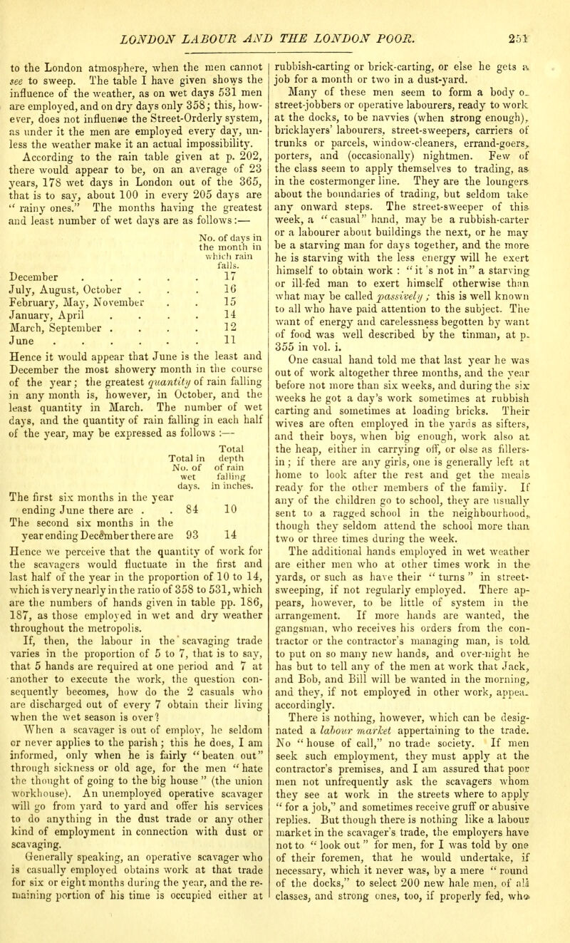 to the London atmosphere, when the men cannot see to sweep. The table I have given shows the influence of the weather, as on wet days 531 men are employed, and on dry days only 358; this, how- ever, does not influence the Street-Orderly system, as under it the men are employed every day, un- less the weather make it an actual impossibility. According to the rain table given at p. 202, there would appear to be, on an average of 23 years, 178 wet days in London out of the 365, that is to say, about 100 in every 205 days are  rainy ones. The months having the greatest and least number of wet days are as follows:— No. of days in the month in which rain falls. December . . . . . 17 July, August, October . . . 16 February, May, November . . 15 January, April . . . . 14 March, September . . . . 12 June 11 Hence it would appear that June is the least and December the most showery month in the course of the year ; the greatest quantity of rain falling in any month is, however, in October, and the least quantity in March. The number of wet days, and the quantity of rain falling in each half of the year, may be expressed as follows :— Total Total in depth No. of of rain wet falling days, in inches. The first six months in the year ending June there are . .84 10 The second six months in the year ending Decehnber there are 93 14 Hence we perceive that the quantity of work for the scavagers would fluctuate in the first and last half of the year in the proportion of 10 to 14, which is very nearly in the ratio of 358 to 531, which are the numbers of hands given in table pp. 186, 187, as those employed in wet and dry weather throughout the metropolis. If, then, the labour in the' scavaging trade varies in the proportion of 5 to 7, that is to say, that 5 hands are required at one period and 7 at another to execute the work, the question con- sequently beeomes, how do the 2 casuals who are discharged out of every 7 obtain their living when the wet season is over1? When a scavager is out of employ, he seldom or never applies to the parish; this he does, I am informed, only when he is fairly beaten out through sickness or old age, for the men  hate the thought of going to the big house  (the union workhouse). An unemployed operative scavager will go from yard to yard and offer his services to do anything in the dust trade or any other kind of employment in connection with dust or scavaging. Generally speaking, an operative scavager who is casually employed obtains work at that trade for six or eight months during the year, and the re- maining portion of his time is occupied either at rubbish-carting or brick-carting, or else he gets a job for a month or two in a dust-yard. Many of these men seem to form a body o_ street-jobbers or operative labourers, ready to work at the docks, to be navvies (when strong enough), bricklayers' labourers, street-sweepers, carriers of trunks or parcels, window-cleaners, errand-goers., porters, and (occasionally) nightmen. Few of the class seem to apply themselves to trading, as- in the costermonger line. They are the loungers- about the boundaries of trading, but seldom take any onward steps. The street-sweeper of this, week, a casual hand, maybe a rubbish-carter or a labourer about buildings the next, or he may be a starving man for days together, and the more he is starving with the less energy will he exert himself to obtain work : it s not in a starving or ill-fed man to exert himself otherwise than what may be called passively ; this is well known to all who have paid attention to the subject. The want of energy and carelessness begotten by want of food was well described by the tinman, at p. 355 in vol. i. One casual hand told me that last year he was out of work altogether three months, and the year before not more than six weeks, and during the six weeks he got a day's work sometimes at rubbish carting and sometimes at loading bricks. Their wives are often employed in the yards as sifters, and their boys, when big enough, work also at the heap, either in carrying off, or else as fillers- in ; if there are any girls, one is generally left at home to look after the rest and get the meals ready for the other members of the family. It' any of the children go to school, they are usually sent to a ragged school in the neighbourhood,, though they seldom attend the school more than two or three times during the week. The additional hands employed in wet weather are either men who at other times work in the yards, or such as have their  turns  in street- sweeping, if not regularly employed. There ap- pears, however, to be little of system in the arrangement. If more hands are wanted, the gangsman, who receives his orders from the con- tractor or the contractor's managing man, is told to put on so many new hands, and over-night he has but to tell any of the men at work that Jack, and Bob, and Bill will be wanted in the morning, and they, if not employed in other work, appea- accordingly. There is nothing, however, which can be desig- nated a labour market appertaining to the trade. No  house of call, no trade society. If men seek such employment, they must apply at the contractor's premises, and I am assured that poor men not unfrequently ask the scavagers whom they see at work in the streets where to apply  for a job, and sometimes receive gruff or abusive replies. But though there is nothing like a labour: market in the scavagers trade, the employers have not to  look out  for men, for I was told by one of their foremen, that he would undertake, if necessary, which it never was, by a mere  round of the docks, to select 200 new hale men, of all classes, and strong ones, too, if properly fed, who.