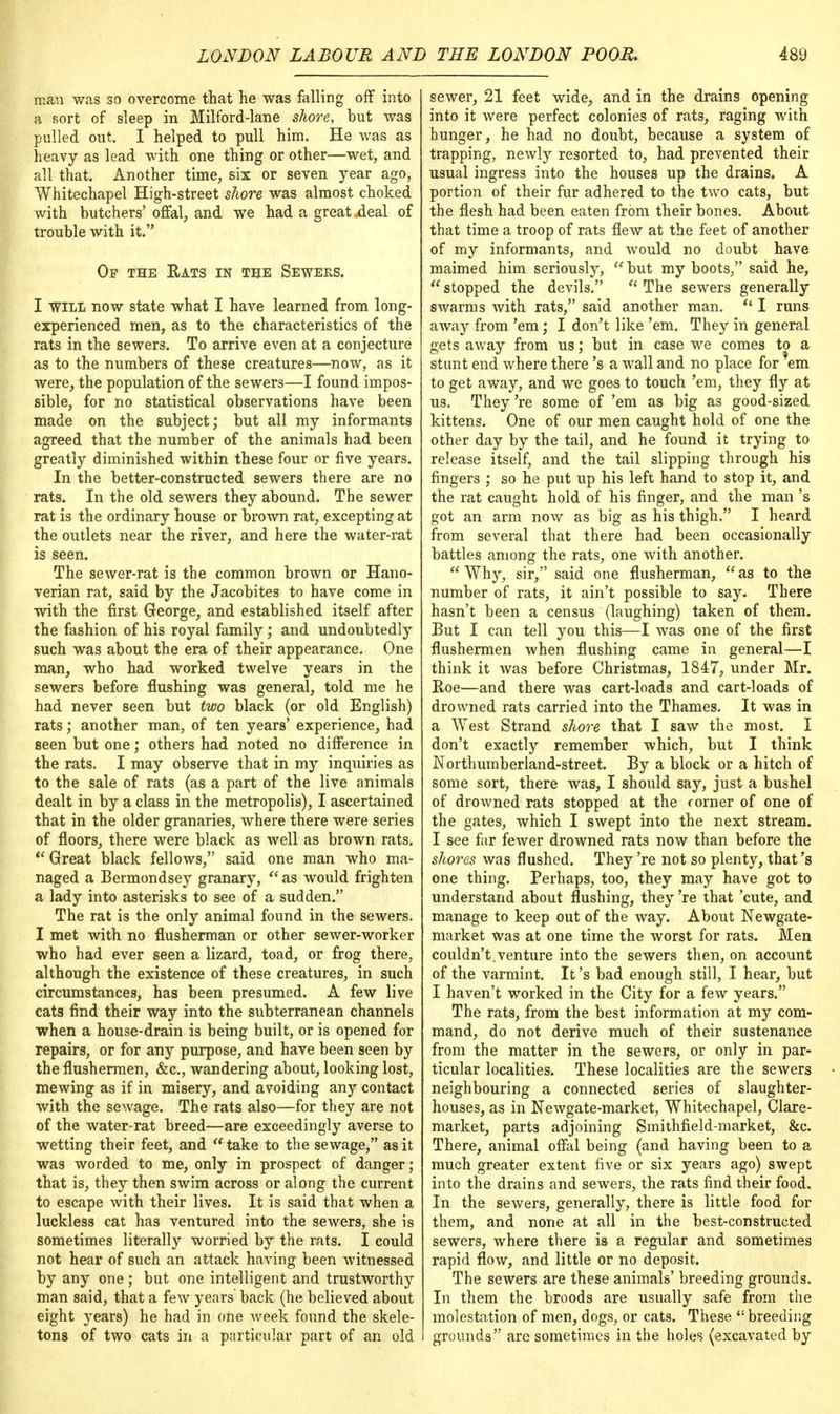 man was so overcome that he was falling off into a sort of sleep in Milford-lane shore, but was pulled out. I helped to pull him. He was as heavy as lead with one thing or other—wet, and all that. Another time, six or seven year ago, Whitechapel High-street shore was almost choked with butchers' offal, and we had a great .deal of trouble with it. Op the Rats in the Seweks. I will now state what I have learned from long- experienced men, as to the characteristics of the rats in the sewers. To arrive even at a conjecture as to the numbers of these creatures—now, as it were, the population of the sewers—I found impos- sible, for no statistical observations have been made on the subject; but all my informants agreed that the number of the animals had been greatly diminished within these four or five years. In the better-constructed sewers there are no rats. In the old sewers they abound. The sewer rat is the ordinary house or brown rat, excepting at the outlets near the river, and here the water-rat is seen. The sewer-rat is the common brown or Hano- verian rat, said by the Jacobites to have come in with the first George, and established itself after the fashion of his royal family; and undoubtedly such was about the era of their appearance. One man, who had worked twelve years in the sewers before flushing was general, told me he had never seen but two black (or old English) rats; another man, of ten years' experience, had seen but one; others had noted no difference in the rats. I may observe that in my inquiries as to the sale of rats (as a part of the live animals dealt in by a class in the metropolis), I ascertained that in the older granaries, where there were series of floors, there were black as well as brown rats.  Great black fellows, said one man who ma- naged a Bermondsey granary,  as would frighten a lady into asterisks to see of a sudden. The rat is the only animal found in the sewers. I met with no flusherman or other sewer-worker who had ever seen a lizard, toad, or frog there, although the existence of these creatures, in such circumstances, has been presumed. A few live cats find their way into the subterranean channels when a house-drain is being built, or is opened for repairs, or for any purpose, and have been seen by the flushermen, &c, wandering about, looking lost, mewing as if in misery, and avoiding any contact with the seivage. The rats also—for they are not of the water-rat breed—are exceedingly averse to wetting their feet, and take to the sewage, as it was worded to me, only in prospect of danger; that is, they then swim across or along the current to escape with their lives. It is said that when a luckless cat has ventured into the sewers, she is sometimes literally worried by the rats. I could not hear of such an attack having been witnessed by any one; but one intelligent and trustworthy man said, that a few years back (he believed about eight years) he had in one week found the skele- tons of two cats in a particular part of an old sewer, 21 feet wide, and in the drains opening into it were perfect colonies of rats, raging with hunger, he had no doubt, because a system of trapping, newly resorted to, had prevented their usual ingress into the houses up the drains. A portion of their fur adhered to the two cats, but the flesh had been eaten from their bones. About that time a troop of rats flew at the feet of another of my informants, and would no doubt have maimed him seriously,  but my boots, said he,  stopped the devils.  The sewers generally swarms with rats, said another man.  I runs away from 'em; I don't like 'em. They in general gets away from us; but in case we comes to a stunt end where there's a wall and no place for em to get away, and we goes to touch 'em, they fly at us. They're some of 'em as big as good-sized kittens. One of our men caught hold of one the other day by the tail, and he found it trying to release itself, and the tail slipping through his fingers ; so he put up his left hand to stop it, and the rat caught hold of his finger, and the man's got an arm now as big as his thigh. I heard from several that there had been occasionally battles among the rats, one with another.  Why, sir, said one flusherman,  as to the number of rats, it ain't possible to say. There hasn't been a census (laughing) taken of them. But I can tell you this—I was one of the first flushermen when flushing came in general—I think it was before Christmas, 1847, under Mr. Roe—and there was cart-loads and cart-loads of drowned rats carried into the Thames. It was in a West Strand shore that I saw the most. I don't exactly remember which, but I think Northumberland-street. By a block or a hitch of some sort, there was, I should say, just a bushel of drowned rats stopped at the corner of one of the gates, which I swept into the next stream. I see far fewer drowned rats now than before the shores was flushed. They 're not so plenty, that's one thing. Perhaps, too, they may have got to understand about flushing, they 're that 'cute, and manage to keep out of the way. About Newgate- market was at one time the worst for rats. Men couldn't.venture into the sewers then, on account of the varmint. It's bad enough still, I hear, but I haven't worked in the City for a few years. The rats, from the best information at my com- mand, do not derive much of their sustenance from the matter in the sewers, or only in par- ticular localities. These localities are the sewers neighbouring a connected series of slaughter- houses, as in Newgate-market, Whitechapel, Clare- market, parts adjoining Smithfield-market, &c. There, animal offal being (and having been to a much greater extent five or six years ago) swept into the drains and sewers, the rats find their food. In the sewers, generally, there is little food for them, and none at all in the best-constructed sewers, where there is a regular and sometimes rapid flow, and little or no deposit. The sewers are these animals' breeding grounds. In them the broods are usually safe from the molestation of men, dogs, or cats. These  breeding grounds are sometimes in the holes (excavated by