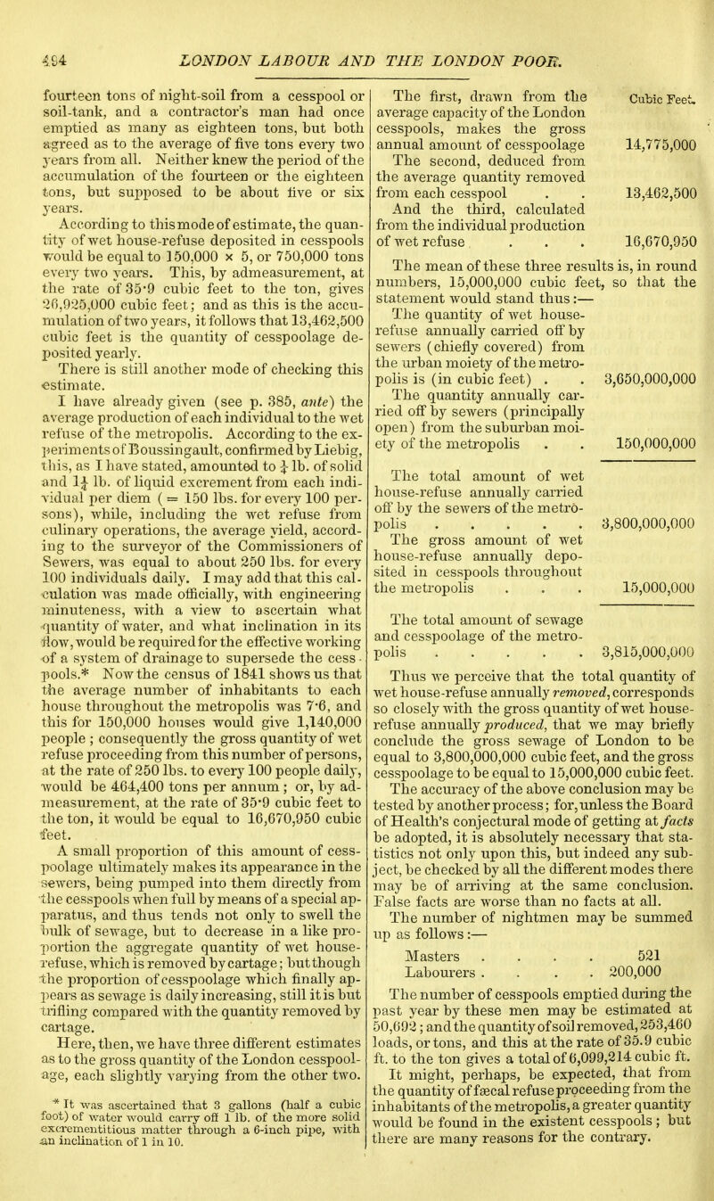 fourteen tons of night-soil from a cesspool or soil-tank, and a contractor's man had once emptied as many as eighteen tons, but both agreed as to the average of five tons every two years from all. Neither knew the period of the accumulation of the fourteen or the eighteen tons, but supposed to be about five or six years. According to thismodeof estimate, the quan- tity of wet house-refuse deposited in cesspools would be equal to 150,000 x 5, or 750,000 tons every two years. This, by admeasurement, at the rate of 35*9 cubic feet to the ton, gives 26,925,000 cubic feet; and as this is the accu- mulation of two years, it follows that 13,462,500 cubic feet is the quantity of cesspoolage de- posited yearly. There is still another mode of checking this estimate. I have already given (see p. 385, ante) the average production of each individual to the wet refuse of the metropolis. According to the ex- periments of Boussingault, confirmed by Liebig, this, as I have stated, amounted to J lb. of solid and If lb. of liquid excrement from each indi- vidual per diem ( = 150 lbs. for every 100 per- sons), while, including the wet refuse from culinary operations, the average yield, accord- ing to the surveyor of the Commissioners of Sewers, was equal to about 250 lbs. for every 100 individuals daily. I may add that this cal- culation was made officially, with engineering minuteness, with a view to ascertain what quantity of water, and what inclination in its flow, would be required for the effective working of a system of drainage to supersede the cess - pools.* Now the census of 1841 shows us that the average number of inhabitants to each house throughout the metropolis was 7*6, and this for 150,000 houses would give 1,140,000 people ; consequently the gross quantity of wet refuse proceeding from this number of persons, at the rate of 250 lbs. to every 100 people daily, would be 464,400 tons per annum ; or, by ad- measurement, at the rate of 35*9 cubic feet to the ton, it would be equal to 16,670,950 cubic feet. A small proportion of this amount of cess- poolage ultimately makes its appearance in the sewers, being pumped into them directly from the cesspools when full by means of a special ap- paratus, and thus tends not only to swell the bulk of sewage, but to decrease in a like pro- portion the aggregate quantity of wet house- refuse, which is removed by cartage; but though the proportion of cesspoolage which finally ap- pears as sewage is daily increasing, still it is but trifling compared with the quantity removed by cartage. Here, tben, we have three different estimates as to the gross quantity of the London cesspool- age, each slightly varying from the other two. * It was ascertained that 3 gallons (half a cubic foot) of water would carry off 1 lb. of the more solid excrementitious matter through a 6-inch pipe, with an inclination of 1 in 10. The first, drawn from the Cubic Feet, average capacity of the London cesspools, makes the gross annual amount of cesspoolage 14,775,000 The second, deduced from the average quantity removed from each cesspool . . 13,462,500 And the third, calculated from the individual production of wet refuse, . . . 16,670,950 The mean of these three results is, in round numbers, 15,000,000 cubic feet, so that the statement would stand thus:— The quantity of wet house- refuse annually carried off by sewers (chiefly covered) from the urban moiety of the metro- polis is (in cubic feet) . . 3,650,000,000 The quantity annually car- ried off by sewers (principally open) from the suburban moi- ety of the metropolis . . 150,000,000 The total amount of wet house-refuse annually carried off by the sewers of the metro- polis 3,800,000,000 The gross amount of wet house-refuse annually depo- sited in cesspools throughout the metropolis . . . 15,000,000 The total amount of sewage and cesspoolage of the metro- polis 3,815,000,000 Thus we perceive that the total quantity of wet house-refuse annually removed, corresponds so closely with the gross quantity of wet house- refuse annually produced, that we may briefly conclude the gross sewage of London to be equal to 3,800,000,000 cubic feet, and the gross cesspoolage to be equal to 15,000,000 cubic feet. The accuracy of the above conclusion may be tested by another process; for, unless the Board of Health's conjectural mode of getting at facts be adopted, it is absolutely necessary that sta- tistics not only upon this, but indeed any sub- ject, be checked by all the different modes there may be of arriving at the same conclusion. False facts are worse than no facts at all. The number of nightmen may be summed up as follows :— Masters Labourers 521 200,000 The number of cesspools emptied during the past year by these men may be estimated at 50,692; and the quantity of soil removed, 253,460 loads, or tons, and this at the rate of 35.9 cubic ft. to the ton gives a total of 6,099,214 cubic ft. It might, perhaps, be expected, that from the quantity of faecal refuse proceeding from the inhabitants of the metropolis, a greater quantity would be found in the existent cesspools ; but there are many reasons for the contrary.