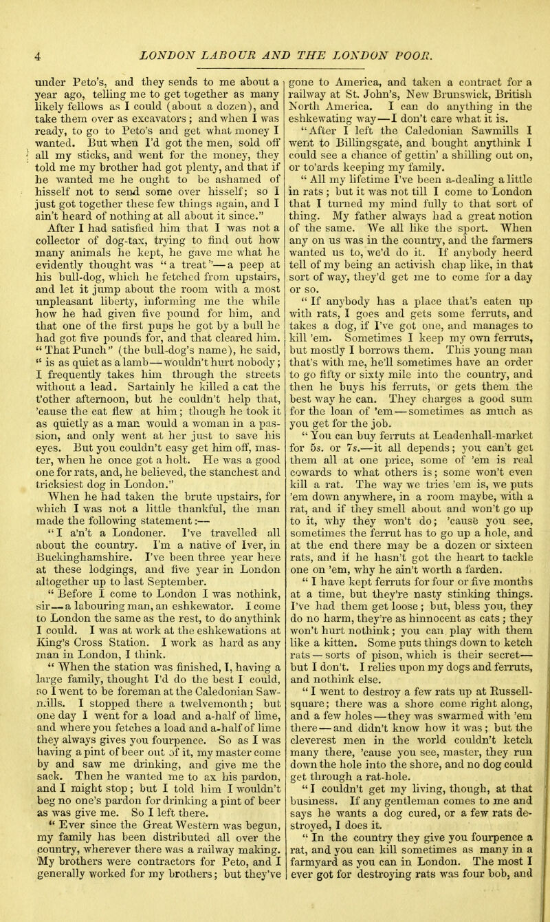 under Peto's, and they sends to me about a year ago, telling me to get together as many likely fellows as I could (about a dozen), and take them over as excavators; and when I was ready, to go to Peto's and get what money I wanted. But when I'd got the men, sold off all my sticks, and went for the money, they told me my brother had got plenty, and that if he wanted me he ought to be ashamed of hisself not to send some over hisself; so I just got together these few things again, and I ain't heard of nothing at all about it since. After I had satisfied him that I was not a collector of dog-tax, trying to find out how many animals he kept, he gave me what he evidently thought was a treat—a peep at his bull-dog, which he fetched from upstairs, and let it jump about the room with a most unpleasant liberty, informing me the while how he had given five pound for him, and that one of the first pups he got by a bull he had got five pounds for, and that cleared him.  That Punch (the bull-dog's name), he said,  is as quiet as a lamb—wouldn't hurt nobody; I frequently takes him through the streets without a lead. Sartainly he killed a cat the t'other afternoon, but he couldn't help that, 'cause the cat flew at him; though he took it as quietly as a man would a woman in a pas- sion, and only went at her just to save his eyes. But you couldn't easy get him off, mas- ter, when he once got a holt. He was a good one for rats, and, he believed, the stanchest and tricksiest dog in London. When he had taken the brute upstairs, for which I was not a little thankful, the man made the following statement:— I a'n't a Londoner. I've travelled all about the country. I'm a native of Iver, in Buckinghamshire. I've been three year here at these lodgings, and five year in London altogether up to last September.  Before I come to London I was nothink, sir—a labouring man, an eshkewator. I come to London the same as the rest, to do anythink I could. I was at work at the eshkewations at King's Cross Station. I work as hard as any man in London, I think.  When the station was finished, I, having a large family, thought I'd do the best I could, r>o I went to be foreman at the Caledonian Saw- mills. I stopped there a twelvemonth; but one day I went for a load and a-half of lime, and where you fetches a load and a-half of lime they always gives you fourpence. So as I was having a pint of beer out of it, my master come by and saw me drinking, and give me the sack. Then he wanted me to ax his pardon, and I might stop; but I told him I wouldn't beg no one's pardon for drinking a pint of beer as was give me. So I left there.  Ever since the Great Western was begun, my family has been distributed all over the country, wherever there was a railway making. My brothers were contractors for Peto, and I generally worked for my brothers; but they've gone to America, and taken a contract for a railway at St. John's, New Brunswick, British North America. I can do anything in the eshkewating way—I don't care what it is. After I left the Caledonian Sawmills I went to Billingsgate, and bought anythink I could see a chance of gettin' a shilling out on, or to'ards keeping my family.  All my lifetime I've been a-dealing a little in rats ; but it was not till I come to London that I turned my mind fully to that sort of thing. My father always had a great notion of the same. We all like the sport. When any on us was in the country, and the farmers wanted us to, we'd do it. If anybody heerd tell of my being an activish chap like, in that sort of way, they'd get me to come for a day or so.  If anybody has a place that's eaten up with rats, I goes and gets some ferruts, and takes a dog, if I've got one, and manages to kill 'em. Sometimes I keep my own ferruts, but mostly I borrows them. This young man that's with me, he'll sometimes have an order to go fifty or sixty mile into the country, and then he buys his ferruts, or gets them the best way he can. They charges a good sum for the loan of 'em — sometimes as much as you get for the job. You can buy ferruts at Leadenhall-market for 5s. or 7s.—it all depends; you can't get them all at one price, some of 'em is real cowards to what others is; some won't even kill a rat. The way we tries 'em is, we puts 'em down anywhere, in a room maybe, with a rat, and if they smell about and won't go up to it, why they won't do; 'cause you see, sometimes the ferrut has to go up a hole, and at the end there may be a dozen or sixteen rats, and it he hasn't got the heart to tackle one on 'em, why he ain't worth a farden.  I have kept ferruts for four or five months at a time, but they're nasty stinking things. I've had them get loose ; but, bless you, they do no harm, they're as hinnocent as cats; they won't hurt nothink; you can play with them like a kitten. Some puts things down to ketch rats — sorts of pison, which is their secret— but I don't. I relies upon my dogs and ferruts, and nothink else.  I went to destroy a few rats up at Bussell- square; there was a shore come right along, and a few holes—they was swarmed with 'em there — and didn't know how it was ; but the cleverest men in the world couldn't ketch many there, 'cause you see, master, they run down the hole into the shore, and no dog could get through a rat-hole.  I couldn't get my living, though, at that business. If any gentleman comes to me and says he wants a dog cured, or a few rats de- stroyed, I does it.  In the country they give you fourpence a rat, and you can kill sometimes as many in a farmyard as you can in London. The most I ever got for destroying rats was four bob, and