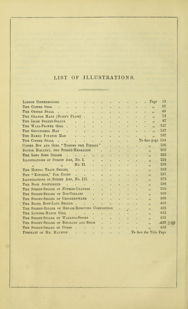 LIST OF ILLUSTRATIONS. London Costermonger ....... Page 13 The Coster Girl ........ . • . ^ ^7 The Oyster Stall ........ >> The Orange Mart (Duke's Place) ..... „ ( 0 The Irish Street-Seller ...... • ... „ Q7 The Wall-Flower Girl ....... 1 27 The Groundsell Man ....... 1 47 ill The Baked Potatoe Man ..... . ■ ■ • » 167 The Coffee Stall To face page 184 Coster Boy and Girl  Tossing the Pieman 19G Doctor Bokanky, the Street-Herbalist 206 The Long Song Seller 222 Illustrations op Street Art, No. I 224 No. II 238 The Hindoo Tract Seller 242 The  Kitchen/' Fox Court 251 Illustrations of^Street Art, No. Ill 278 The Book Auctioneer 296 The Street-Seller op Nutmeg-Graters .... 330 The Street-Seller op Dog-Collars .... 360 The Street-Seller op Crockery\yare .... 366 The Blind Boot-Lace Seller 406 The Street-Seller op Grease-Removing Composition 42S The Lucifer-Match Girl 432 The Street-Seller op Walking-Sticks .... 438 The Street-Seller of Rhubarb and Spice 452 . j£ The Street-Seller op Combs 458 Portrait of Mr. Mayhew To face the Title Page