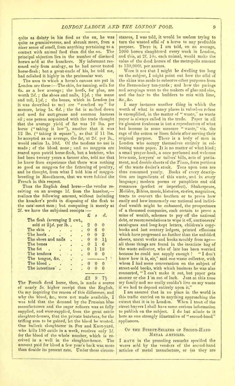 quite as dainty in his food as the ox, he was quite as graminivorous, and shrunk more, from a ! nicer sense of smell, from anything pertaining to a j contact with animal food than did the ox. The I principal objection lies in the number of diseased horses sold at the knackers. My informant rea- soned only from analogy, as he had never tasted horse-flesh ; but a great-uncle of his, he told me, had relished it highly in the peninsular war. The uses to which a horse's carcass are put in London are these :—The skin, for tanning, sells for 6s. as a low average; the hoofs, for glue, are worth 2d. ; the shoes and nails, l\cl. ; the mane and tail, Ihcl. ; the bones, which in London (as it was described to me) are cracked up for manure, bring Is. Qd. ; the fat is melted down and used for cart-grease and common harness oil; one person acquainted with the trade thought that the average yield of fat was 10 lbs. per horse ( taking it low), another that it was 12 lbs. (taking it square), so that if 11 lbs. be accepted as an average, the fat, at 2d. per lb., Avould realize Is. lOc^. Of the tendons no use is made ; of the blood none; and no mnggots are reared upon putrid horse-flesh, but a butclier, who had been twenty years a farmer also, told me that he knew from experience that there was nothing so good as maggots for the fattening of poultry, and he thought, from what I told him of maggot- breeding in Montfaucon, that we were behind the French in this respect. Thus the English dead horse—the vendor re- ceiving on an average 1^. from the knacker,— realizes the following amotmt, without including the knacker's profit in disposing of the flesh to the cats'-meat man; but computing it merely at 21. we have the subjoined receipts :— £ s d. The flesh (averaging 2 cwt., sold at 2^d. per lb. . 2 0 0 The skin .... 0 6 0 The hoofs .... 0 0 2 The shoes and nails 0 0 1-^ The bones 0 1 6 The fat .... 0 1 10 The tendons 0 0 0 The tongue, &c. -? The blood .... 0 0 0 The intestines . 0 0 0 £2 9 7h The French dead horse, then, is made a source of nearly 5s. higher receipt than the English. On my inquiring the reason of this difference, and why the blood, &c., were not made available, I was told that the demand by the Prussian blue manufacturers and the sugar refiners was so fully supplied, and over-supplied, from the great cattle slaughter-houses, that the private butchers, for the trifling sum to be gained, let the blood be wasted. One bullock slaughterer in Fox and Knot-yard, who kills 180 cattle in a week, receives only 11. for the blood of the whole number, which is re- ceived in a well in the slaughter-house. The amount paid for blood a few year's back was more than double its present rate. Under these circum- stances, I was told, it would be useless trying to turn the wasted offal of a horse to any profitable purpose. There is, I am told, on an average, 1000 horses slaughtered every week in London, and this, at 21. 10s. each animal, would make the value of the dead horses of the metropolis amount i to 130,000/. per annum. Were it not that I might be dwelling too long on the subject, I might point out how the off^il of the skins was made to subserve other purposes from the Bermondsey tan-yards ; and how the paiiiigs and scrapings went to the makers of glue and size, and the hair to the builders to mix with lime, &c.,&c. I may instance another thing in which the worth of what in many places is valueless refuse is exemplified, in the matter of  waste, as waste paper is always called in the trade. Paper in all its glossiest freshness is but a reproduction of what had become in some measure  waste, viz. the rags of the cotton or linen fabric after serving their original purpose. There is a body of men in London who occupy themselves entirely in col- lecting waste paper. It is no matter of what kind; a small prayer-book, a once perfumed and welcome love-note, lawyers' or tailors' bills, acts of parlia- ment, and double sheets of the Times, form portions of the waste dealer's stock. Tons upon tons are thus consumed yearly. Books of every descrip- tion are ingredients of this waste, and in every language; modern poems or pamphlets and old romances (perfect or imperfect), Shakespeare, Moliere, Bibles, music, histories, stories, magazines, tracts to convert the heathen or to prove how easily and how immensely our national and indivi- dual wealth might be enhanced, the prospectuses of a thousand companies, each certain to prove a mine of wealth, schemes to pay off the national debt, or recommendations to wipe it off, auctioneers' catalogues and long-kept letters, children's copy- books and last century ledgers, printed effusions which have progressed no further than the unfolded sheets, uncut works and books mouldy from age— all these things are found in the insatiate bag of the waste collector, who of late has been worried because he could not supply enough !  I don't know how it is, sir, said one waste collector, with whom I had some conversation on the subject of street-sold books, with which business he was also connected,  I can't make it out, but paper gets scarcer or else 1 'm out of luck. Just at this time my family and me really couldn't live on my waste if we had to depend entirely upon it. I am assured that in no place in the world is this traffic carried on to anything approaching the j extent that it is in London. When I treat of the street-buyers I shall have some curious information to publish on the subject. I do but allude to it here as one strongly illustrative of second-hand appliances. j Of the Street-Sellers op Second-Hand j Metal Aeticles. I I HAVE in the preceding remarks specified the I wares sold by the vendors of the second-hand articles of metal manufacture, or (as they are