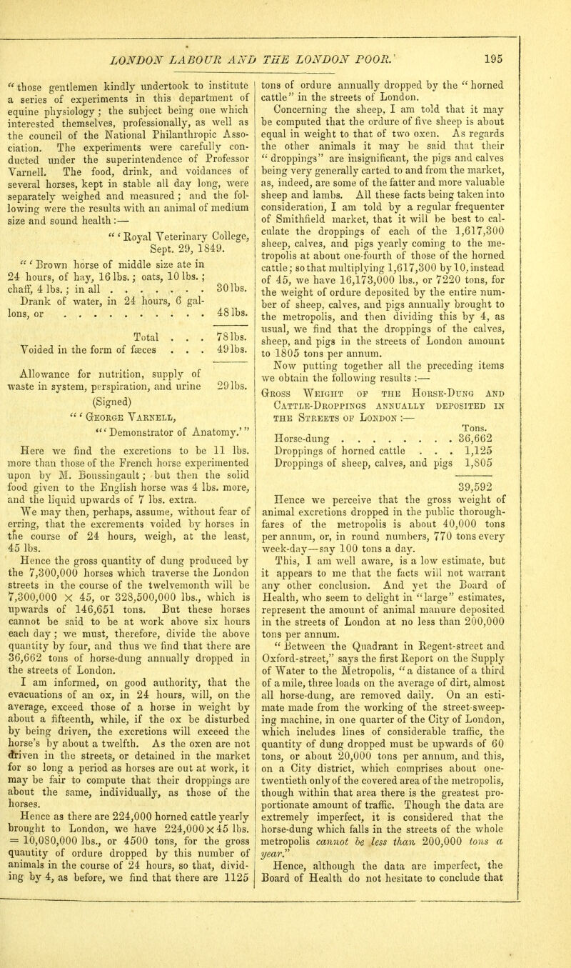 those gentlemen kindly undertook to institute a series of experiments in this department of equine physiology ; the subject being one which interested themselves, professionally, as well as the council of the National Philanthropic Asso- ciation. The experiments were carefully con- ducted under the superintendence of Professor Varnell. The food, drink, and voidances of several horses, kept in stable all day long, were separately weighed and measured ; and the fol- lowing were the results with an animal of medium size and sound health :—  ' Eoyal Veterinary College, Sept. 29, 1849.  ' Brown horse of middle size ate in 24 hours, of hay, 16 lbs.; oats, 10 lbs.; chaff, 41b3.; in all 30 lbs. Drank of water, in 24 hours, 6 gal- lons, or 48 lbs. Total . . . 78 lbs. Voided in the form of faeces . . . 49 lbs. Allowance for nutrition, supply of waste in system, perspiration, and urine 29 lbs. (Signed) ' George Varnell, 'Demonstrator of Anatomy.' Here we find the excretions to be 11 lbs. more than those of the French horse experimented upon by M. Boussingault; but then the solid food given to the English horse was 4 lbs. more, and the liquid upwards of 7 lbs. extra. We may then, perhaps, assume, without fear of erring, that the excrements voided by horses in tfie course of 24 hours, weigh, at the least, 45 lbs. Hence the gross quantity of dung produced by the 7,300,000 horses which traverse the London streets in the course of the twelvemonth will be 7,300,000 X 45, or 328,500,000 lbs., which is upwards of 146,651 tons. But these horses cannot be said to be at work above six hours each day ; we must, therefore, divide the above quantity by four, and thus we find that there are 36,662 tons of horse-dung annually dropped in the streets of London. I am informed, on good authoritj', that the evacuations of an ox, in 24 hours, Avill, on the average, exceed those of a horse in weight by about a fifteenth, while, if the ox be disturbed by being driven, the excretions will exceed the horse's by about a twelfth. As the oxen are not driven in the streets, or detained in the market for so long a period as horses are out at work, it may be fair to compute that their droppings are about the same, individually', as those of the horses. Hence as there are 224,000 horned cattle yearly brought to London, we have 224,000 x 45 lbs. = 10,080,000 lbs., or 4500 tons, for the gross quantity of ordure dropped by this number of animals in the course of 24 hours, so that, divid- ing by 4, as before, we find that there are 1125 tons of ordure annually dropped by the  horned cattle in the streets of London. Concerning the sheep, I am told that it may be computed that the ordure of five sheep is about equal in weight to that of two oxen. As regards the other animals it may be said that their  droppings are insignificant, the pigs and calves being very generally carted to and from the market, as, indeed, are some of the fatter and more valuable sheep and lambs. All these facts being taken into consideration, I am told by a regular frequenter of Smithfield market, that it will be best to cal- culate the droppings of each of the 1,617,300 sheep, calves, and pigs yearly coming to the me- tropolis at about one-fourth of those of the horned cattle; so that multiplying 1,617,300 by 10, instead of 45, we have 16,173,000 lbs., or 7220 tons, for the weight of ordure deposited by the entire num- ber of sheep, calves, and pigs annually brought to the metropolis, and then dividing this by 4, as usual, we find that the droppings of the calves, sheep, and pigs in the streets of London amount to 1805 tons per annum. Now putting together all the preceding items we obtain the following results :— GrRoss Weight of the Horse-Dung and Cattle-Droppings annually deposited in the Streets op London :— Tons. Horse-dung 36,662 Droppings of horned cattle . . . 1,125 Droppings of sheep, calves, and pigs 1,805 39,592 Hence we perceive that the gross Aveight of animal excretions dropped in the public thorough- fares of the metropolis is about 40,000 tons per annum, or, in round numbers, 770 tons every week-d;iy—say 100 tons a da}'. This, I am well aware, is a low estimate, but it appears to me that the facts will not warrant any other conclusion. And yet the Board of Health, who seem to delight in large estimates, represent the amount of animal manure deposited in the streets of London at no less than 200,000 tons per annum.  Between the Quadrant in Eegent-street and Oxford-street, says the first Eeport on the Supply of Water to the Metropolis,  a distance of a third of a mile, three loads on the average of dirt, almost all horse-dung, are removed daily. On an esti- mate made from the working of the street-sweep- ing machine, in one quarter of the City of London, which includes lines of considerable traffic^ the quantity of dung dropped must be upwards of 60 tons, or about 20,000 tons per annum, and this, on a City district, which comprises about one- twentieth only of the covered area of the metropolis, though within that area there is the greatest pro- portionate amount of traffic. Though the data are extremely imperfect, it is considered that the horse-dung which falls in the streets of the whole metropolis cannot he less than 200,000 tons a year. Hence, although the data are imperfect, the Board of Health do not hesitate to conclude that