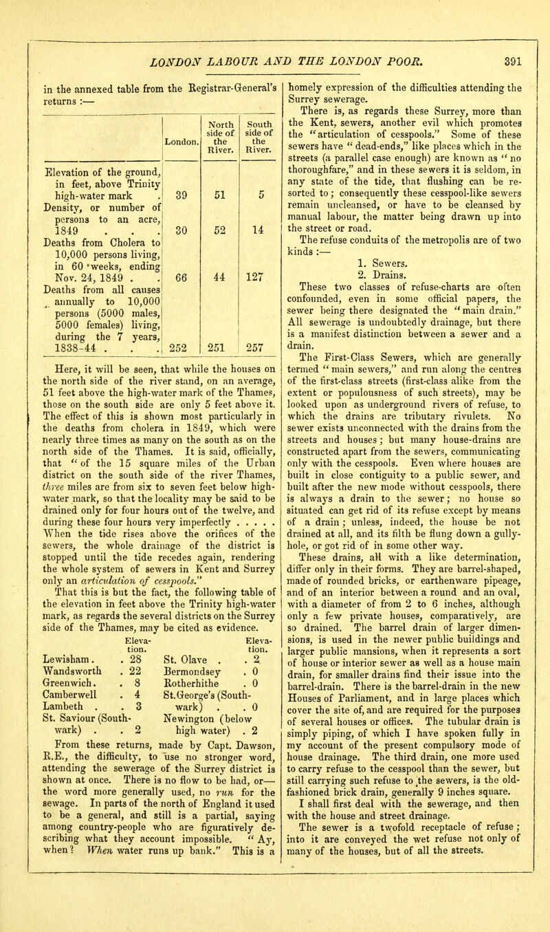 in the annexed table from the Registrar-General's returns :— high-water mark Density, or numb persons to an acre, 1849 Deaths from Choh 10,000 persons living,! in 60 'weeks, endingj Nov. 24, 1849 . Deaths from all causes' ^ annually to 10,000 persons (5000 males, 5000 females) living,] during the 7 years,! 1838-44 . London. North side of the River. South side of the River. 39 51 5 30 52 14 66 1 44 127 1 1 252 251 257 Here, it will be seen, that while the houses on the north side of the river stand, on an average, 51 feet above the high-water mark of the Thames, those on the south side are only 5 feet above it. The effect of this is shown most particularly in the deaths from cholera in 1849, which were nearly three times as many on the south as on the north side of the Thames. It is said, officially, that of the 15 square miles of the Urban district on the south side of the river Thames, three miles are from six to seven feet below high- water mark, so that the locality may be said to be drained only for four hours out of the twelve, and during these four hours very imperfectly When the tide rises above the orifices of the sewers, the whole drainage of the district is stopped until the tide recedes again, rendering the whole system of sewers in Kent and Surrey only an articulation of cessj)ools. That this is but the fact, the following table of the elevation in feet above the Trinity high-water mark, as regards the several districts on the Surrey side of the Thames, may be cited as evidence. Eleva- Eleva- tion, tion. Lewisham. .28 St. Olave . . 2 Wandsworth . 22 Bermondsey . 0 Greenwich. . 8 Rotherhithe . 0 Camberwell . 4 St.George's (South- Lambeth . . 3 wark) . . 0 St. Saviour (South- Newington (below wark) . . 2 high water) . 2 From these returns, made by Capt. Dawson, R.E., the difficulty, to use no stronger word, attending the sewerage of the Surrey district is shown at once. There is no flow to be had, or—• the Avord more generally used, no run for the sewage. In parts of the north of England it used to be a general, and still is a partial, saying among country-people who are figuratively de- scribing what they account impossible.  Ay, when'? When water runs up bank. This is a homely expression of the difficulties attending the Surrey sewerage. There is, as regards these Surrey, more than the Kent, sewers, another evil which promotes the articulation of cesspools. Some of these sewers have  dead-ends, like places which in the streets (a parallel case enough) are known as no thoroughfare, and in these sewers it is seldom, in any state of the tide, that flushing can be re- sorted to ; consequently these cesspool-like sewers remain uncleansed, or have to be cleansed by manual labour, the matter being drawn up into the street or road. The refuse conduits of the metropolis are of two kinds :— 1. Sewers. 2. Drains. These two classes of refuse-charts are often confounded, even in some official papers, tlie sewer being there designated the  main drain. All sewerage is undoubtedly drainage, but there is a manifest distinction between a sewer and a drain. The First-Class Sewers, which are generally termed  main sewers, and run along the centres of the first-class streets (first-class alike from the extent or populousness of such streets), may be looked upon as underground rivers of refuse, to which the drains are tributary rivulets. No sewer exists unconnected with the drains from the streets and houses; but many house-drains are constructed apart from the sewers, communicating only with the cesspools. Even where houses are built in close contiguity to a public sewer, and built after the new mode without cesspools, there is always a drain to the sewer; no house so situated can get rid of its refuse except by means of a drain; imless, indeed, the house be not drained at all, and its filth be flung down a gully- hole, or got rid of in some other way. These drains, all with a like determination, differ only in their forms. They are barrel-shaped, made of rounded bricks, or earthenware pipeage, and of an interior between a round and an oval, with a diameter of from 2 to 6 inches, although only a few private houses, comparatively, are so drained. The barrel drain of larger dimen- sions, is used in the newer public buildings and larger public mansions, when it represents a sort of house or interior sewer as well as a house main drain, for smaller drains find their issue into the barrel-drain. There is the barrel-drain in the new Houses of Parliament, and in large places which cover the site of, and are required for the purposes of several houses or offices. The tubular drain is simply piping, of which I have spoken fully in my account of the present compulsory mode of house drainage. The third drain, one more used to carry refuse to the cesspool than the sewer, but still carrying such refuse to the sewers, is the old- fashioned brick drain, generally 9 inches square. I shall first deal with the sewerage, and then with the house and street drainage. The sewer is a twofold receptacle of refuse ; into it are conveyed the wet refuse not only of many of the houses, but of all the streets.