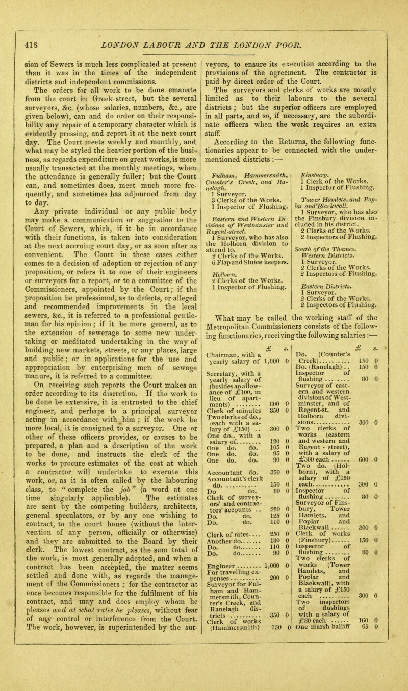 sion of Sewers is much less complicated at present than it was in the times of the independent districts and independent commissions. The orders for all work to be done emanate from the court in Greek-street, but the several surveyors, &c. (whose salaries, numbers, &c., are given below), can and do order on their responsi- bility any repair of a temporary character which is evidently pressing, and report it at the next court day. The Court meets weekly and monthly, and what may be styled the heavier portion of the busi- ness, as regards expenditure on great works, is more usually transacted at the monthly meetings, when the attendance is generally fuller; but the Court can, and sometimes does, meet much more fre- quently, and sometimes has adjourned from day to day. Any private individual or any public' body may make a communication or suggestion to the Court of Sewers, which, if it be in accordance with their functions, is taken into consideration at the next accruing court day, or as soon after as convenient. The Court iu these cases either comes to a decision of adoption or rejection of any proposition, or refers it to one of their engineers or surveyors for a report, or to a committee of the Commissioners, appointed by the Court; if the proposition be professional, as to defects, or alleged and recommended improvements in the local sewers, &c., it is referred to a professional gentle- man for his opinion ; if it be more general, as to the extension of sewerage to some new under- taking or meditated undertaking in the way of building new markets, streets, or any places, large and public; or in applications for the use and appropriation by enterprising men of sewage manure, it is referred to a committee. On receiving such reports the Court makes an order according to its discretion. If the work to be done be extensive, it is entrusted to the chief engineer, and perhaps to a principal surveyor acting in accordance with him ; if the work be more local, it is consigned to a surveyor. One or other of these officers provides, or causes to be prepared, a plan and a description of the work to be done, and instructs the clerk of the works to procure estimates of the cost at which a contractor Avill undertake to execute this work, or, as it is often called by the labouring class, to  complete the joh (a word at one time singularly applicable). The estimates are sent by the competing builders, architects, general speculators, or by any one wishing to contract, to the court house {without the inter- vention of any person, officially or otherwise) and they are submitted to the Board by their clerk. The lowest contract, as the sum total of the work, is most generally adopted, and when a contract has been accepted, the matter seems settled and done with, as regards the manage- ment of the Commissioners ; for the contractor at once becomes responsible for the fulfilment of his contract, and may and does employ whom he pleases a7icl at what rates he j^^eases, without fear of any control or interference from the Court. The work, however, is superintended by the sur- veyors, to ensure its execution according to the provisions of the agreement. The contractor is paid by direct order of the Court. The surveyors and clerks of works are mostly limited as to their labours to the several districts ; but the superior officers are employed in all parts, and so, if necessary, are the subordi- nate officers when the work: requires an extra staff. According to the Returns, the following func- tionaries appear to be connected with the under- mentioned districts :— Finsburr/. 1 Clerk of the Works. 1 Inspector of Flushing. Tower Hamlets, and Pop- lar and'Blavkwall. 1 Surveyor, who has also the Finsbury division in- eluded in his district,. 2 Clerks of the Works. 2 Inspectors of Flushing. South of the Thames. Westerti Districts. 1 Surveyor. 2 Clerks of the Works. 2 Inspectors of Flushing. Eastern Districts. 1 Surveyor. 2 Clerks of the Works. 2 Inspectors of Flushing. What may be called the working staff of the Metropolitan Commissioners consists of the follow- ing functionaries, receiving the following salaries:— Chairman, with a Fulham, Hammersmith, Counter's Creek, and Ra- nelagh. ] Surveyor. 3 Clerks of the Works. 1 Inspector of Flushing. Eastern and Western Di- visions of Westminster and Regent-street. 1 Surveyor, who has also the Holborn division to attend to. 2 Clerks of the Works. G Flap and Sluice keepers. Holhnrn, 2 Clerks of the Works. 1 Inspector of Flushing. Secretary, with a yearly salary of (besides an allow- ance of £10U, in lieu of apart- ments) Clerk of minutes Two clerks of do., (each with a sa- lary of £150) .. One do., with a salary of One do. do. One do. do. One do. do. Accountant do. Accountant's clerk do Do do. Clerk of survey- ors' and contrac- tors' accounts .. Do. do. Do. do. Clerk of rates Another do Do. do Do. do Engineer For travelling ex- penses Surveyor for Ful- ham and Ham- mersmith, Coun- ter's Creek, and Ranelagh dis- tricts Clerk of works (Hammersmith) £ s. Do. (Counter's 1,000 0 Creek) 150 0 Do. (Ranelagh) .. 150 0 Inspector of flushing 80 0 Surveyor of east- ern and western divisions of West- 800 0 minster, and of 350 0 Regent-st. and Holborn divi- 300 0 300 0 Two clerks of works (eastern 120 0 and western and 105 0 Regent - street). 95 0 with a salary of 90 0 600 0 Two do. (Hol- 350 0 born), with a salary of £150 150 0 300 0 80 0 Inspector of 80 0 Surveyor of Fins- 200 0 bury, Tower 125 0 Hamlets, and 110 0 Poplar and 200 0 250 0 Clerk of works 180 0 150 0 110 0 Inspector of 90 0 80 0 Two clerks of 1,000 0 works (Tower Hamlets, and 200 0 Poplar and Blackwall), with a salary of £150 300 0 Two inspectors of flushings 350 0 with a salary of 160 0 150 0 One marsh bailiif 65 0