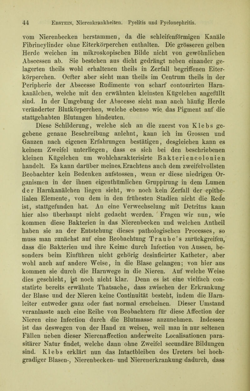 vom Nierenbecken herstammen, da die schleifenförmigen Kanäle Fibrincylinder ohne Eiterkörperchen enthalten. Die grösseren gelben Herde weichen im mikroskopischen Bilde nicht von gewöhnlichen Abscessen ab. Sie bestehen aus dicht gedrängt neben einander ge- lagerten theils wohl erhaltenen theils in Zerfall begriffenen Eiter- körperchen. Oefter aber sieht man theils im Centrum theils in der Peripherie der Abscesse Rudimente von scharf contourirten Harn- kanälchen, welche mit den erwähnten kleinsten Kügelchen angefüllt sind. In der Umgebung der Abscesse sieht man auch häufig Herde veränderter Blutkörperchen, welche ebenso wie das Pigment auf die stattgehabten Blutungen hindeuten. Diese Schilderung, welche sich an die zuerst von Klebs ge- gebene genaue Beschreibung anlehnt, kann ich im Grossen und Ganzen nach eigenen Erfahrungen bestätigen, desgleichen kann es keinem Zweifel unterliegen, dass es sich bei den beschriebenen kleinen Kügelchen um wohlcharakterisirte Bakteriencolonien handelt. Es kann darüber meines, Erachtens auch dem zweifelvollsten Beobachter kein Bedenken aufstossen, wenn er diese niedrigen Or- ganismen in der ihnen eigenthümlichen Gruppirung in dem Lumen der Harnkanälchen liegen sieht, wo noch kein Zerfall der epithe- lialen Elemente, von dem in den frühesten Stadien nicht die Rede ist, stattgefunden hat. An eine Verwechselung mit Detritus kann hier also überhaupt nicht gedacht werden. Fragen wir nun, wie kommen diese Bakterien in das Nierenbecken und welchen Antheil haben sie an der Entstehung dieses pathologischen Processes, so muss man zunächst auf eine Beobachtung Traube's zurückgreifen, dass die Bakterien und ihre Keime durch Infection von Aussen, be- sonders beim Einführen nicht gehörig desinficirter Katheter, aber wohl auch auf andere Weise, in die Blase gelangen; von hier aus kommen sie durch die Harnwege in die Nieren. Auf welche Weise dies geschieht, ^t noch nicht klar. Denn es ist eine vielfach con- statirte bereits erwähnte Thatsache, dass zwischen der Erkrankung der Blase und der Nieren keine Continuität besteht, indem die Harn- leiter entweder ganz oder fast normal erscheinen. Dieser Umstand veranlasste auch eine Reihe von Beobachtern für diese Affection der Nieren eine Infection durch die Blutmasse anzunehmen. Indessen ist das deswegen von der Hand zu weisen, weil man in nur seltenen Fällen neben dieser Nierenaffection anderweite Localisationen para- sitärer Natur findet, welche dann ohne Zweifel secundäre Bildungen sind. Klebs erklärt nun das Intactbleiben des Ureters bei hoch- gradiger Blasen-, Nierenbecken- und Nierenerkrankung dadurch, dass