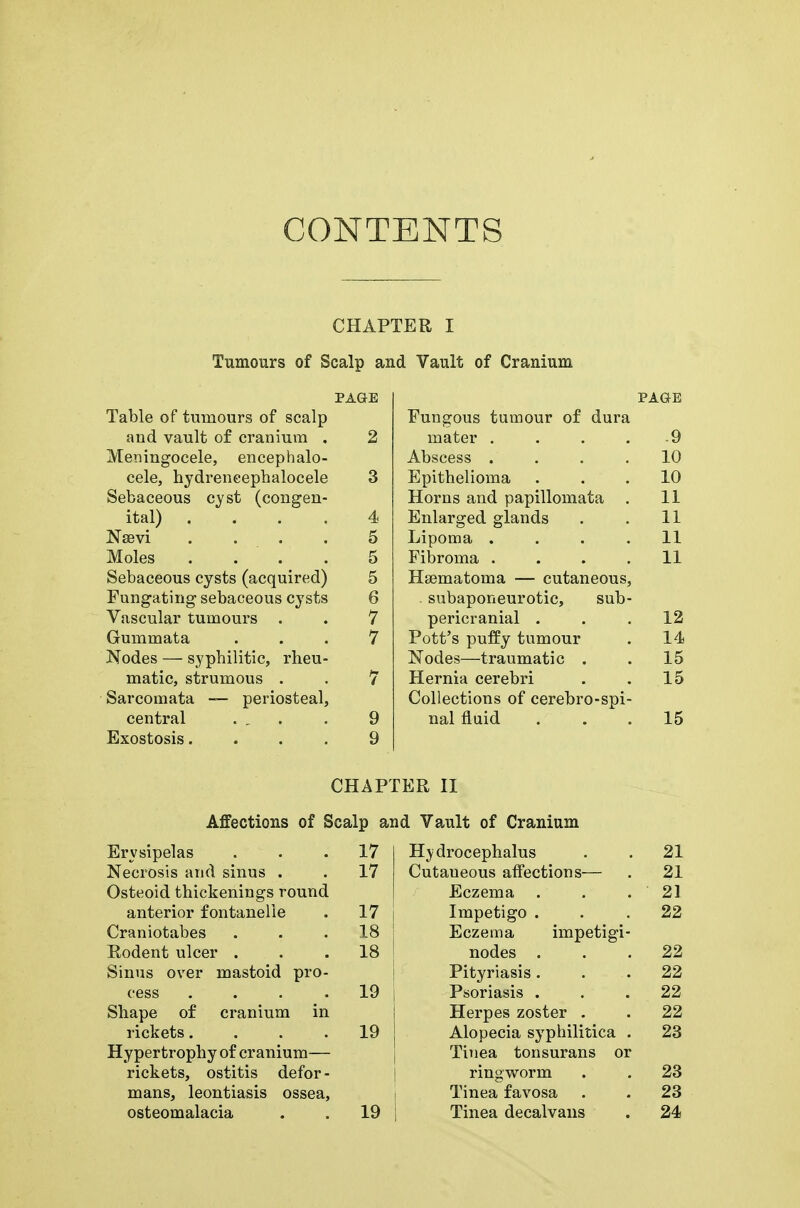 CONTENTS CHAPTER I Tumours of Scalp and Vault of Cranium PAGE Table of tumours of scalp and vault of cranium . 2 Meningocele, encephalo- cele, hydrencephalocele 3 Sebaceous cyst (congen- ital) .... 4 Nsevi .... 5 Moles . . . . 5 Sebaceous cysts (acquired) 5 Fungating sebaceous cysts 6 Vascular tumours . . 7 Gummata ... 7 Nodes — syphilitic, rheu- matic, strumous . . 7 Sarcomata ~ periosteal, central . , . . 9 Exostosis.... 9 PAGE Fungous tumour of dura mater . . . . -9 Abscess .... 10 Epithelioma ... 10 Horns and papillomata . 11 Enlarged glands . . 11 Lipoma .... 11 Fibroma .... 11 Hsematoma — cutaneous, - subaponeurotic, sub- pericranial ... 12 Pott's puffy tumour . 14 Nodes—traumatic . . 15 Hernia cerebri . . 15 Collections of cerebro-spi- nal fluid ... 15 CHAPTER II Affections of Scalp and Vault of Cranium Erysipelas 17 Hydrocephalus 21 Necrosis and sinus . 17 Cutaneous affections— 21 Osteoid thickenings round Eczema . 21 anterior f ontanelie 17 Impetigo . 22 Craniotabes 18 Eczema impetigi- Rodent ulcer . 18 nodes . 22 Sinus over mastoid pro- Pityriasis . 22 cess .... 19 Psoriasis . 22 Shape of cranium in Herpes zoster . 22 rickets.... 19 Alopecia syphilitica . 23 Hypertrophy of cranium— Tinea tonsurans or rickets, ostitis defor- ringworm Tinea favosa 23 mans, leontiasis ossea, 23 osteomalacia 19 Tinea decalvans 24
