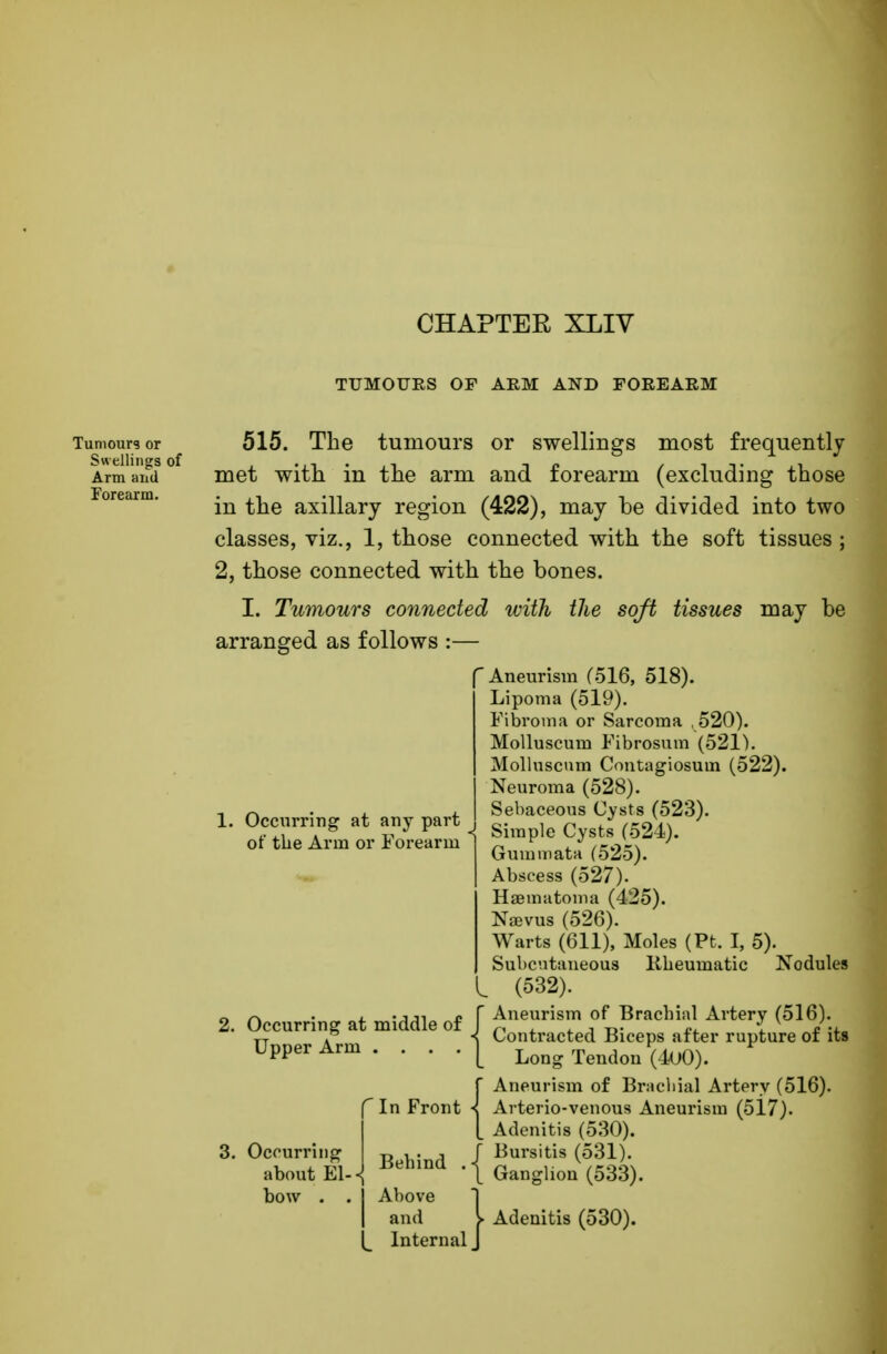 CHAPTER XLIV TUMOURS OF ARM AND FOREARM 515. The tumours or swellings most frequently met with in the arm and forearm (excluding those in the axillary region (422), may be divided into two classes, viz., 1, those connected with the soft tissues ; 2, those connected with the bones. I. Tumours connected with the soft tissues may be arranged as follows :— f Aneurism (516, 518). Lipoma (519). Fibroma or Sarcoma , 520). Molluscum Fibrosum (521). Molluscnm Contagiosuin (522). Neuroma (528). Abscess (527). Haematoma (425). Naevus (526). Warts (611), Moles (Pt. I, 5). Subcutaneous Kheumatic Nodules {Aneurism of Brachial Artery (516). Arterio-veuous Aneurism (517). Adenitis (530). 1. Occurring at any part of the Arm or Forearm * Sebaceous Cysts (523). Simple Cysts (524). Gummata (525). 2. Occurring at middle of Upper Arm .... 3. Occurring about E1-- bow . . 1Above and [_ Internal Behind . Bursitis (531). Ganglion (533).