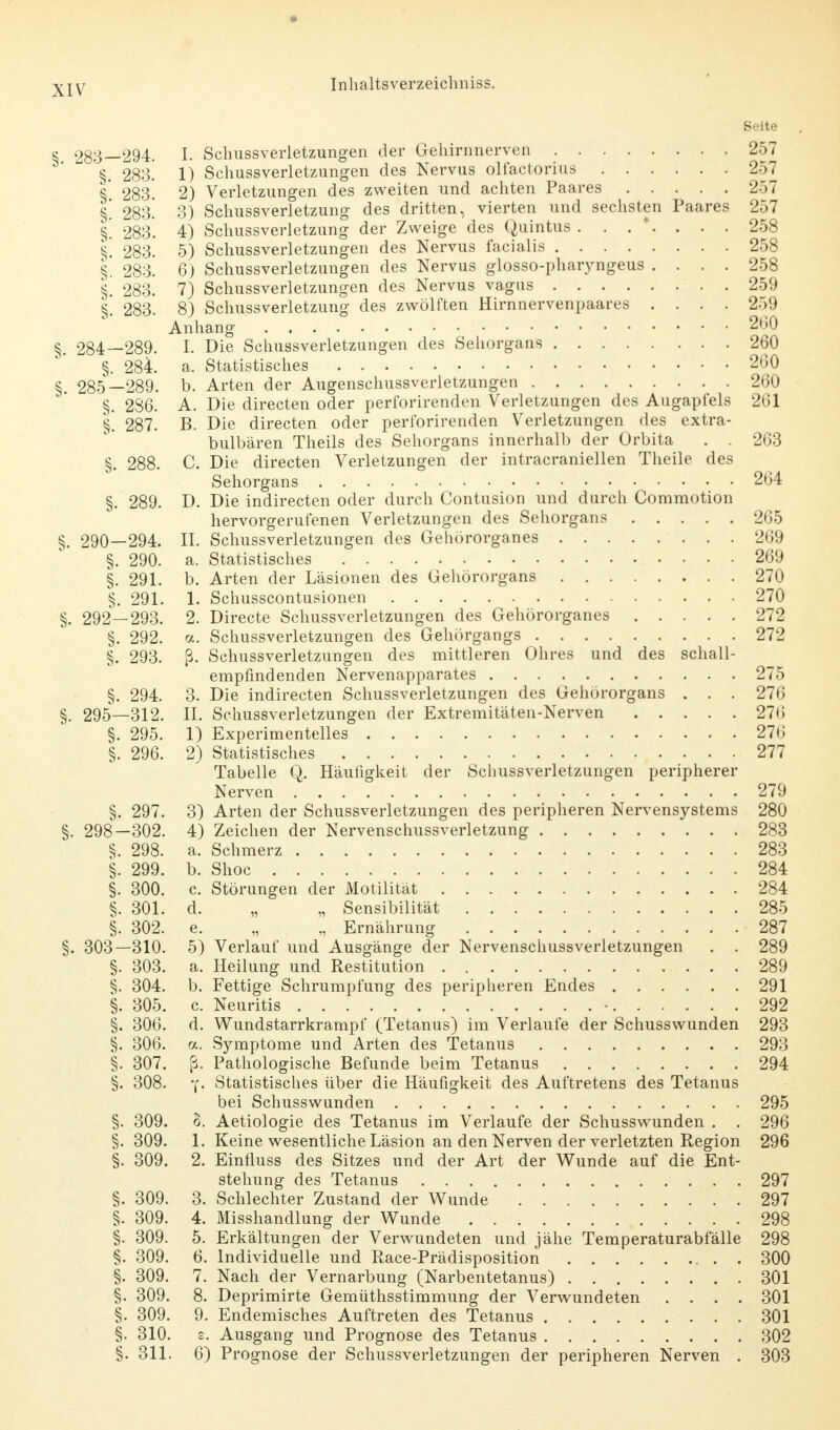 Seite ; 283—294. I. Schussverletzungen der Gehirnnerven 257 §. 283. 1) Schussverletzungen des Nervus olfactorius 257 §. 283. 2) Verletzungen des zweiten und achten Paares 257 §! 283* 3) Schussverletzung des dritten, vierten und sechsten Paares 257 §'. 283. 4) Schussverletzung der Zweige des Quintus ...*.... 258 283. 5) Schussverletzungen des Nervus facialis 258 §. 283. 6) Schussverletzungen des Nervus glosso-pharyngeus .... 258 §. 283. 7) Schussverletzungen des Nervus vagus 259 §. 283. 8) Schussverletzung des zwölften Hirnnervenpaares .... 259 Anhang 260 5. 284—289. I. Die Schussverletzungen des Sehorgans 260 §. 284. a. Statistisches 260 3 285—289. b. Arten der Augenschussverletzungen 260 §. 286. A. Die directen oder perforirenden Verletzungen des Augapfels 261 §. 287. B. Die directen oder perforirenden Verletzungen des extra- bulbären Theils des Sehorgans innerhalb der Orbita . . 263 §. 288. C Die directen Verletzungen der intracraniellen Theile des Sehorgans 264 §. 289. D. Die indirecten oder durch Contusion und durch Commotion hervorgerufenen Verletzungen des Sehorgans 265 §. 290—294. IL Schussverletzungen des Gehörorganes 269 §. 290. a. Statistisches 269 §. 291. b. Arten der Läsionen des Gehörorgans 270 §. 291. 1. Schusscontusionen 270 §. 292—293. 2. Directe Schussverletzungen des Gehörorganes 272 §. 292. a. Schussverletzungen des Gehörgangs 272 §. 293. ß. Schussverletzungen des mittleren Ohres und des schall- empfindenden Nervenapparates 275 §. 294. 3. Die indirecten Schussverletzungen des Gehörorgans . . . 276 §. 295—312. II. Schussverletzungen der Extremitäten-Nerven 276 §. 295. 1) Experimentelles 276 §. 296. 2) Statistisches 277 Tabelle Q. Häufigkeit der Schlissverletzungen peripherer Nerven 279 §. 297. 3) Arten der Schussverletzungen des peripheren Nervensystems 280 §. 298—302. 4) Zeichen der Nervenschussverletzung 283 §. 298. a. Schmerz 283 §. 299. b. Shoc 284 §. 300. c. Störungen der Motilität 284 §. 301. d. „ „ Sensibilität 285 §. 302. e. „ „ Ernährung 287 §. 303—310. 5) Verlauf und Ausgänge der Nervenschussverletzungen . . 289 §. 303. a. Heilung und Restitution 289 §. 304. b. Fettige Schrumpfung des peripheren Endes 291 §. 305. c. Neuritis • 292 §. 306. d. Wundstarrkrampf (Tetanus) im Verlaufe der Schusswunden 293 §. 306. a. Symptome und Arten des Tetanus 293 §. 307. ß. Pathologische Befunde beim Tetanus 294 §. 308. Y- Statistisches über die Häufigkeit des Auftretens des Tetanus bei Schusswunden 295 §. 309. o. Aetiologie des Tetanus im Verlaufe der Schusswunden . . 296 §. 309. 1. Keine wesentliche Läsion an den Nerven der verletzten Region 296 §. 309. 2. Einfluss des Sitzes und der Art der Wunde auf die Ent- stehung des Tetanus 297 §. 309. 3. Schlechter Zustand der Wunde 297 §. 309. 4. Misshandlung der Wunde 298 §. 309. 5. Erkältungen der Verwundeten und jähe Temperaturabfälle 298 §. 309. 6. Individuelle und Race-Prädisposition 300 §. 309. 7. Nach der Vernarbung (Narbentetanus) 301 §. 309. 8. Deprimirte Gemüthsstimmung der Verwundeten .... 301 §. 309. 9. Endemisches Auftreten des Tetanus 301 §. 310. 6. Ausgang und Prognose des Tetanus 302 §. 311. 6) Prognose der Schussverletzungen der peripheren Nerven . 303