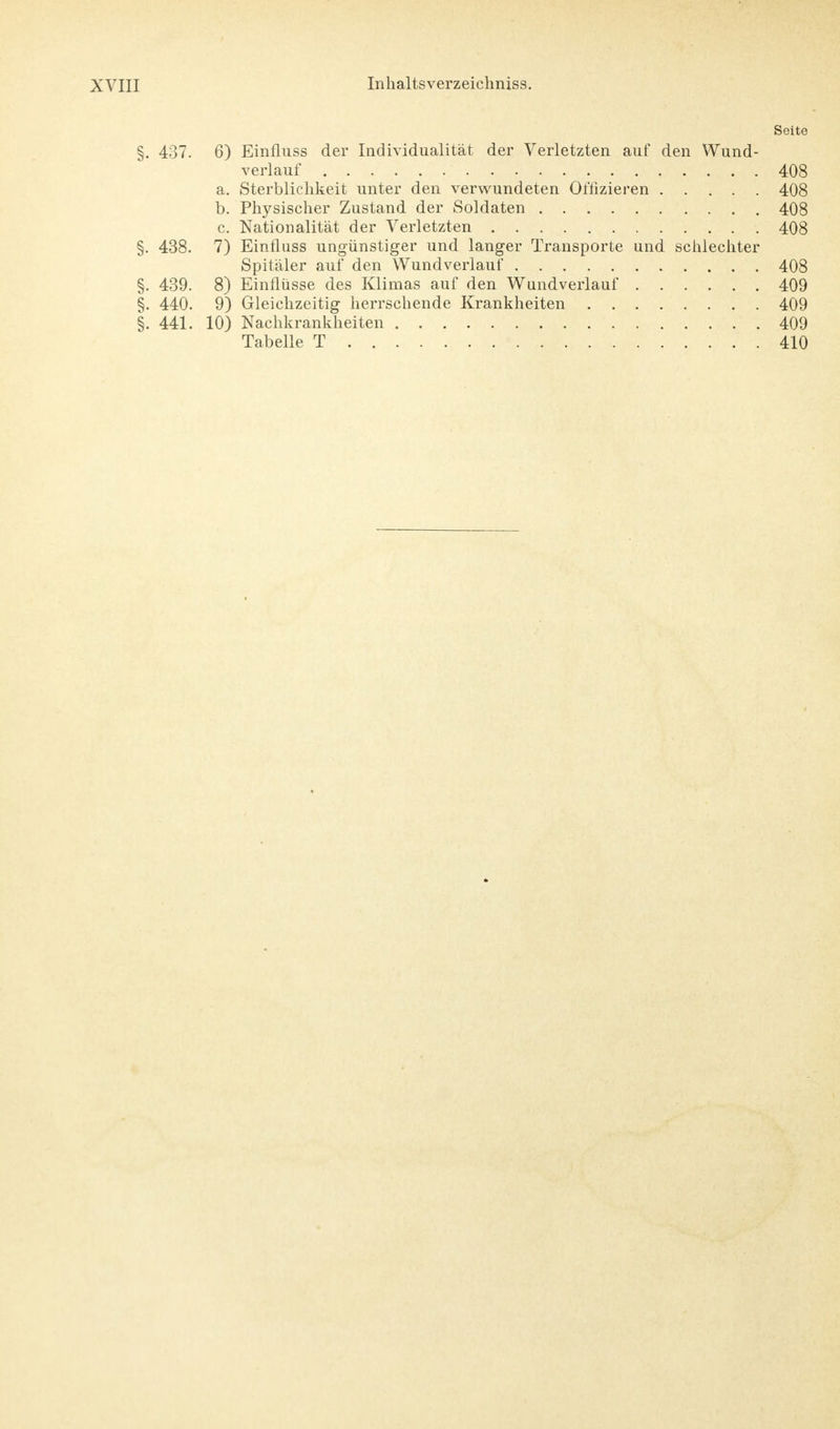 Seite §. 437. 6) Einfluss der Individualität der Verletzten auf den Wund- verlauf 408 a. Sterblichkeit unter den verwundeten Offizieren 408 b. Physischer Zustand der Soldaten 408 c. Nationalität der Verletzten 408 §. 438. 7) Einfluss ungünstiger und langer Transporte und schlechter Spitäler auf den Wund verlauf 408 §. 439. 8) Einflüsse des Klimas auf den Wundverlauf 409 §. 440. 9) Gleichzeitig herrschende Krankheiten 409 §. 441. 10) Nachkrankheiten 409 Tabelle T 410