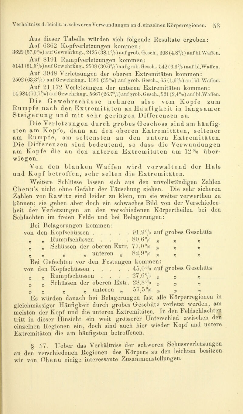 Aus dieser Tabelle würden sich folgende Resultate ergeben: Auf 6362 Kopfverletzungen kommen: 3629 (57,0°/o) auf Gewehrkug., 2425 (38,1%) auf grob. Gesch., 308 (4,8%) auf bl. Waffen. Auf 8191 Rumpf Verletzungen kommen: 5141 (61,5%) auf Gewehrkug., 2508 (30,6%) auf grob. Gesch., 542 (6,6%) auf bl.Waffen. Auf 3948 Verletzungen der oberen Extremitäten kommen: 2502 (63,3°/o) auf Gewehrkug., 1381 (35%) auf grob. Gesch., 65 (1,6%) auf bl.Waffen. Auf 21,172 Verletzungen der unteren Extremitäten kommen: 14,984(70,7%) auf Gewehrkug., 5667 (26,7%) auf grob. Gesch., 521 (2,4%) auf bl.Waffen. Die Gewehrschüsse nehmen also vom Kopfe zum Rumpfe nach den Extremitäten an Häufigkeit in langsamer Steigerung und mit sehr geringen Differenzen zu. Die Verletzungen durch grobes Geschoss sind am häufig- sten am Kopfe, dann an den oberen Extremitäten, seltener am Rumpfe, am seltensten an den untern Extremitäten. Die Differenzen sind bedeutend, so dass die Verwundungen am Kopfe die an den unteren Extremitäten um 12°/o über- wiegen. Von den blanken Waffen wird vorwaltend der Hals und Kopf betroffen, sehr selten die Extremitäten. Weitere Schlüsse lassen sich aus den unvollständigen Zahlen Chenu's nicht ohne Gefahr der Täuschung ziehen. Die sehr sicheren Zahlen von Rawitz sind leider zu klein, um sie weiter verwerthen zu können; sie geben aber doch ein schwaches Bild von der Verschieden- heit der Verletzungen an den verschiedenen Körpertheilen bei den Schlachten im freien Felde und bei Belagerungen: Bei Belagerungen kommen: von den Kopfschüssen 91,9 °/o auf grobes Geschütz „ „ Rumpfschüssen .... 80.6°/o „ „ „ „ „ Schüssen der oberen Extr. 77,0 °/o „ „ „ » , » » unteren „ 82,9 > „ „ „ Bei Gefechten vor den Festungen kommen: von den Kopfschüssen 45,0 °/o auf grobes Geschütz Ä v Rumpfschüssen .... 27,6°/o „ „ „ „ „ Schüssen der oberen Extr. 28,8°/o „ „ „ » 3 » » unteren „ 57,5 °/o „ „ ? . Es würden danach bei Belagerungen fast alle Körperregionen in gleichmässiger Häufigkeit durch grobes Geschütz verletzt werden, am meisten der Kopf und die unteren Extremitäten. In den Feldschlachten tritt in dieser Hinsicht ein weit grösserer Unterschied zwischen den einzelnen Regionen ein, doch sind auch hier wieder Kopf und untere Extremitäten die am häufigsten betroffenen. §. 57. Ueber das Verhältniss der schweren Schussverletzungen an den verschiedenen Regionen des Körpers zu den leichten besitzen wir von Chenu einige interessante Zusammenstellungen.