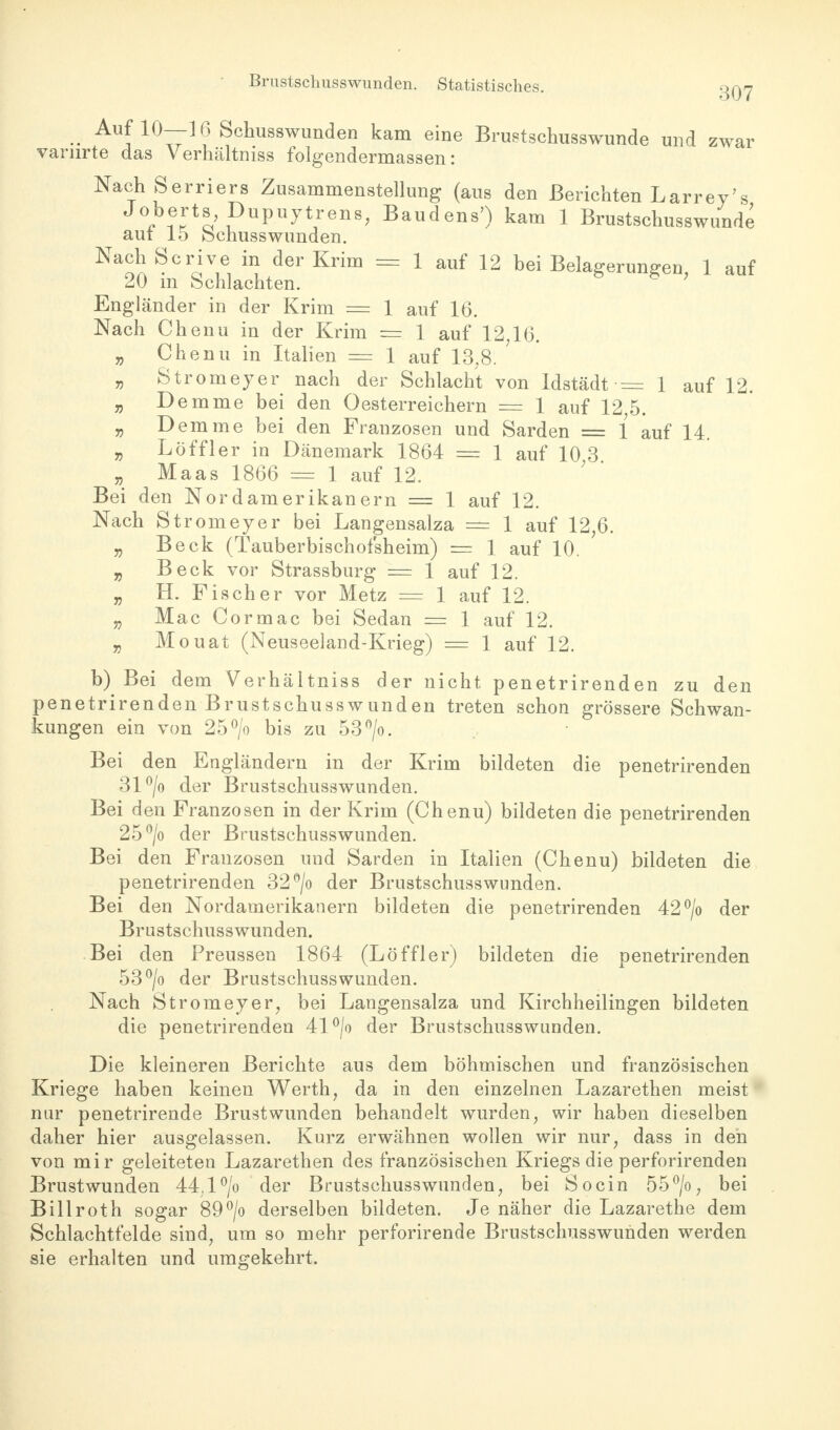 Brustschusswunden. Statistisches. 307 Au(10—16 Schussw»nden kam eine Brustschusswunde und zwar varnrte das Verhältniss folgendermassen: Nach Serriers Zusammenstellung (aus den Berichten Larrey's J°berts Dupuytrens, Baudens') kam 1 Brustschusswunde aut 15 fechusswunden. Na^S°riV1e1 ir? derKrim = 1 a«f 12 bei Belagerungen, 1 auf 20 m Schlachten. Engländer in der Krim = 1 auf 16. Nach Chenu in der Krim = 1 auf 12,16. „ Chenu in Italien = 1 auf 13,8. „ Stromeyer nach der Schlacht von Idstädt — 1 auf 12. „ Demme bei den Oesterreichern = 1 auf 12;5. „ Demme bei den Franzosen und Sarden = 1 auf 14. „ Löffler in Dänemark 1864 = 1 auf 10 3 „ Maas 1866 = 1 auf 12. Bei den Nordamerikanern = 1 auf 12. Nach Stromeyer bei Langensalza = 1 auf 12,6. „ Beck (Tauberbischofsheim) = 1 auf 10. „ Beck vor Strassburg = 1 auf 12. „ H. Fischer vor Metz = 1 auf 12. „ Mac Cormac bei Sedan = 1 auf 12. „ Mouat (Neuseeland-Krieg) = 1 auf 12. b) Bei dem Verhältniss der nicht penetrirenden zu den penetrirenden Brustschusswunden treten schon grössere Schwan- kungen ein von 25°/o bis zu 53°/o. Bei den Engländern in der Krim bildeten die penetrirenden 31°/o der Brustschusswunden. Bei den Franzosen in derKrim (Chenu) bildeten die penetrirenden 25°/o der Brustschusswunden. Bei den Franzosen und Sarden in Italien (Chenu) bildeten die penetrirenden 32°/o der Brustschusswunden. Bei den Nordamerikanern bildeten die penetrirenden 42°/o der Brustschusswunden. Bei den Preussen 1864 (Löffler) bildeten die penetrirenden 53°/o der Brustschusswunden. Nach Stromeyer, bei Langensalza und Kirchheilingen bildeten die penetrirenden 41°/o der Brustschusswunden. Die kleineren Berichte aus dem böhmischen und französischen Kriege haben keinen Werth, da in den einzelnen Lazarethen meist nur penetrirende Brust wunden behandelt wurden, wir haben dieselben daher hier ausgelassen. Kurz erwähnen wollen wir nur; dass in den von mir geleiteten Lazarethen des französischen Kriegs die perforirenden Brustwunden 44.1°/o der Brustschusswunden, bei Socin 55°/o, bei Billroth sogar 89°/o derselben bildeten. Je näher die Lazarethe dem Schlachtfelde sind, um so mehr perforirende Brustschusswunden werden sie erhalten und umgekehrt.