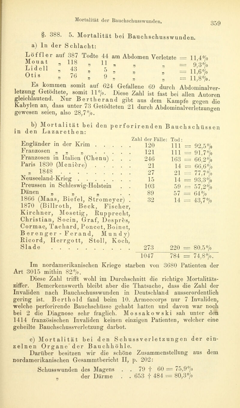 Mortalität der Bauchschusswunden. 359 §. 388. 5. Mortalität bei Bauchschusswunden. a) In der Schlacht: Löffler auf 387 Todte 44 am Abdomen Verletzte = 11 4<>/o Monat , 118 , 11 , „ = ^30 0 S;?se * s *-5 * * ■ = n;6°'° Utls » 70 » 9 » „ = ll,8°/o. Es kommen somit auf 624 Gefallene 69 durch Abdominalver- letzung Getödtete, somit 11 %. Diese Zahl ist fast bei allen Autoren gleichlautend Nur Bertherand gibt aus dem Kampfe gegen die Kabylen an, dass unter 73 Getödteten 21 durch Abdoininalverletzunjjen gewesen seien, also 28,7%. b) Mortalität bei den p e r f 0 r ir end en Bauchschüssen in den Lazarethen: _■ _ . ■ Zahl der Fälle: Tod: Engländer in der Krim 120 111 — 92 5°/o Franzosen „ „ „ 121 Hl = 91J% Franzosen m Italien (Chenu) . . . 246 163 = 66 2°/o Paris 1830 (Meniere) 21 14 = 66 6% » 1848 27 21 = 77/7 °/o Neuseeland-Krieg 15 14 _ 93,30^ Preussen in Schleswig-Holstein . . 103 59 = 57,2°/o Dänen » » „ . . 89 57 = 64% 1866 (Maas, Biefel, Stromeyer) . 32 14 = 43 7% 1870 (Billroth, Beck, Fischer, Kirchner, Mosetig, Rupprecht, Christian, Socin, Graf, Despres, Cormac, Tachard, Poncet, Boinet, Berenger-Ferand, Mundy) Ricord, Herrgott, Stoll, Koch, Slade 273 220 = 80r5% ~~1Ö47 784 = 74;8%. Im nordamerikanischen Kriege starben von 3680 Patienten der Art 3015 mithin 82%. Diese Zahl trifft wohl im Durchschnitt die richtige Mortalitäts- ziffer. Bemerkenswerth bleibt aber die Thatsache, dass die Zahl der Invaliden nach Bauchschusswunden in Deutschland ausserordentlich gering ist. Berthold fand beim 10. Armeecorps nur 7 Invaliden, welche perforirende Bauchschüsse gehabt hatten und davon war noch bei 2 die Diagnose sehr fraglich. Mossakowski sah unter den 1414 französischen Invaliden keinen einzigen Patienten, welcher eine geheilte Bauchschussverletzung darbot. c) Mortalität bei den Schussverletzungen der ein- zelnen Organe der Bauchhöhle. Darüber besitzen wir die schöne Zusammenstellung aus dem nordamerikanischen Gesammtbericht II, p. 202: Schusswunden des Magens . . 79 f 60 = 75,9% der Därme . . 653 f 484 = 80,3%