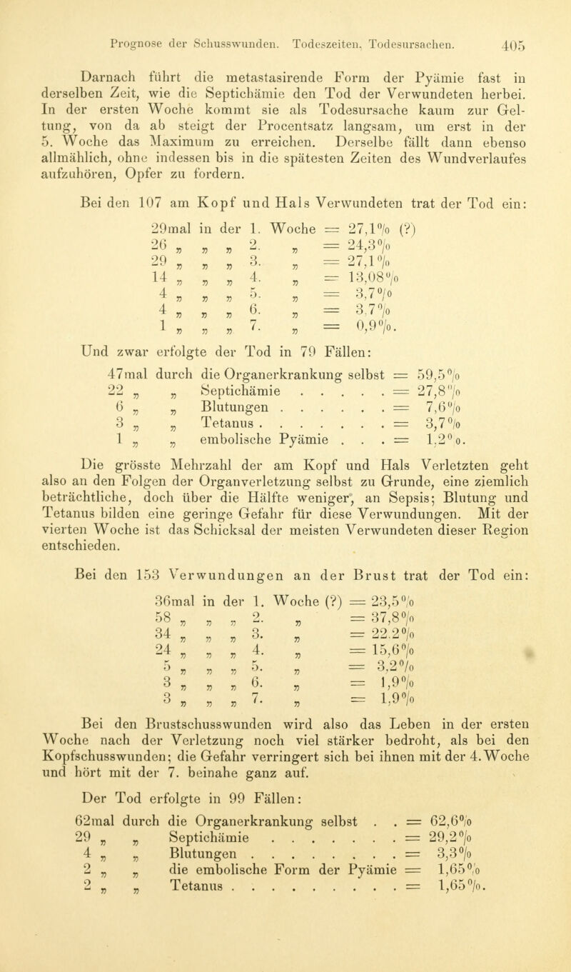 Darnach führt die rnetastasirende Form der Pyämie fast in derselben Zeit, wie die Septichämie den Tod der Verwundeten herbei. In der ersten Woche kommt sie als Todesursache kaum zur Gel- tung, von da ab steigt der Procentsatz langsam, um erst in der 5. Woche das Maximum zu erreichen. Derselbe fällt dann ebenso allmählich, ohne indessen bis in die spätesten Zeiten des Wundverlaufes aufzuhören, Opfer zu fordern. Bei den 107 am Kopf und Hals Verwundeten trat der Tod ein: 29mal in der 1. Woche — 27,1% (?) 26 , „ „ 2. „ = 24,3o/o 29 „ „ „ 3. „ = 27,1 «/o 14, •„ » 4 „ = 13,08> 4 5 — 370/0 ^ 7) 7) 7) °- 7) °}' lV 4 » „ „ 6. , = 3,7°/o 1 , » , 7. „ = 0,9»/o. Und zwar erfolgte der Tod in 79 Fällen: 47mal durch die Organerkrankung selbst = 59,5°/o 22 „ „ Septichämie = 27,8> 6 „ „ Blutungen = 7,6 °/o 3 „ „ Tetanus = 3,7% 1 „ „ embolische Pyämie . . . = 1.2°0. Die grösste Mehrzahl der am Kopf und Hals Verletzten geht also an den Folgen der Organverletzung selbst zu Grunde, eine ziemlich beträchtliche, doch über die Hälfte weniger, an Sepsis; Blutung und Tetanus bilden eine geringe Gefahr für diese Verwundungen. Mit der vierten Woche ist das Schicksal der meisten Verwundeten dieser Region entschieden. Bei den 153 Verwundungen an der Brust trat der Tod ein: 36mal in der 1. Woche (?) = 23,5% 58 „ „ „ 2. „ = 37,8 > 34 „ , „ 3. „ = 22.2% 24 „ „ „ 4. „ * 15,6°/o 5 „• „ v , - 3,20/o 3 , „ , 6- „ - 1,9% 3 » „ „ 7. „ = l,9*/o Bei den Brustschusswunden wird also das Leben in der ersten Woche nach der Verletzung noch viel stärker bedroht, als bei den Kopfschusswunden; die Gefahr verringert sich bei ihnen mit der 4. Woche und hört mit der 7. beinahe ganz auf. Der Tod erfolgte in 99 Fällen: 62mal durch die Organerkrankung selbst . . = 62,6% 29 „ „ Septichämie = 29,2°/o 4 „ „ Blutungen = 3,3 °/o 2 „ „ die embolische Form der Pyämie = 1,65% 2 „ „ Tetanus = 1,65%.