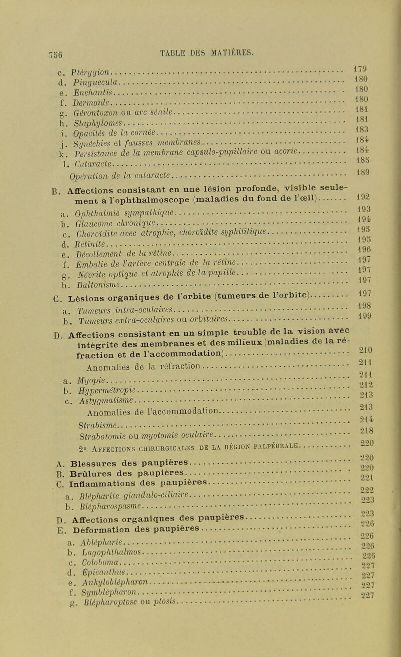 c. PtérijQion ^J^-? (1. Pinguecula e. Enchantis f. Dermoîde g. Gdrontoxon ou arc sônile h. Staphylomes \. Opacités de la cornée ''83 j. Synéchies et fausses membranes I8t k. Persistance de la membrane capsulo-pupillaire ou aco7-ie 184 1. Cataracte Opération de la cataracte B. Affections consistant en une lésion profonde, visible seule- ment à l'ophthalmoscope (maladies du fond de l'œilj 192 a. Ophthalmie sympathique b. Glaucome chronique c. Choroïdite avec atrophie, choroïdite syphilitique 19» 19 o d. Rétinile e. Décollement de la rétine f. Embolie de rartère centrale de la réline 19^ g. Névrite optique et atrophie de la papille 19^ h. Daltonisme C. Lésions organiques de l'orbite (tumeurs de l'orbite) 197 a. Tumeurs intra-ocalaires ° b. Tumeurs extra-oculaires ou orbitaires D. Affections consistant en un simple trouble de la vision avec intégrité des membranes et des milieux (maladies de la ré- fraction et de l'accommodation) Anomalies de la réfraction . 211 a. Myopie g^2 b. Hypermétropie c. Astygmatisme Anomalies de l'accommodation Strabisme Strabotomie ou myotomie oculaire 2° Affections chirurgicales de la région palpébrale 210 211 214 218 220 220 220 A. Blessures des paupières B. Brûlures des paupières C. Inflammations des paupières 223 226 a. Blépharile glandulo-ciliaire b. Blépharospasme D. Affections organiques des paupières E, Déformation des paupières 226 a. Ablépharie qog b. Laqophlkalmos c. Coloboma 2-17 d. Ëpicanlhus g^-j e. Ankyloblépharon 227 f. Stjmblépharon 227 g. Blépharoplose ou plosis