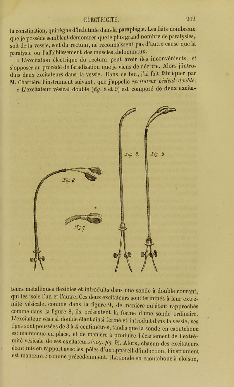 la constipation, qui règne d'habitude dans la paraplégie. Les faits nombreux que je possède semblent démontrer que le plus grand nombre de paralysies, soit de la vessie, soit du rectum, ne reconnaissent pas d'autre cause que la paralysie ou l'affaiblissement des muscles abdominaux. « L'excitation électrique du rectum peut avoir des inconvénients, et s'opposer au procédé de faradisation que je viens de décrire. Alors j'intro- duis deux excitateurs dans la vessie. Dans ce but, j'ai fait fabriquer par M. Charrière l'instrument suivant, que j'appelle excitateur vésical double. 0 L'excitateur vésicai double [fig. 8 et 9) est composé de deux excita- teurs métalliques flexibles et introduits dans une sonde à double courant, qui les isole l'un et l'autre. Ces deux excitateurs sont terminés à leur extré- mité vésicale, comme dans la figure 9, de manière qu'étant rapprochés comme dans la figure 8, ils présentent la forme d'une sonde ordinaire. L'excitateur vésical double étant ainsi fermé et introduit dans la vessie, ses tiges sont poussées de 3 à 4 centimètres, tandis que la sonde en caoutchouc est mamtenue en place, et de manière à produire l'écartement de l'extré- mité vésicale de ses excitateurs (voy.9). Alors, chacun des excitateurs étant mis en rapport avec lés pôles d'un appareil d'induction, l'instrument est manœuvre comme précédemment. (La sonde en caoutchouc à cloison,