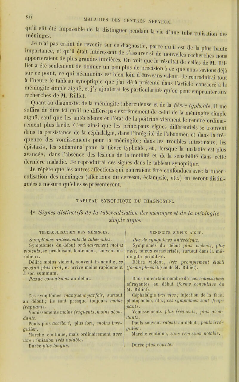 £i^gef i^SSib1e tle ,U ^'•Buer,Kfmla.,lla,io d'une tub^ulisation des Je n'ai pas craint de revenir sur ce diagnostic, parce qu'il esl de la „Ius lnnt, importa**, et qu'il était intéressant de s'assurer si de nouvelles redheÏÏ* nou pporteraien de plus grandes lumières. On voit que le résultat de Jus de M M liet a été seulement de donner un peu plus de précision à ce que nous savions déià sur ce point, ce qui néanmoins est bien loin d'être sans valeur. Je reproduirai tout a 1 heure le tableau synoptique que j'ai déjà présenté dans l'article consacré à la méningite simple aiguë, et j'y ajouterai les particularités qu'on peut emprunter aux recherches de 31. Rilliet. Quant au diagnostic delà méningite tuberculeuse et de la fièvre typhoïde il me suffira de dire ici qu'il ne diffère pas extrêmement de celui de la méningite'simple aiguë, sauf que les antécédents et l'état de la poitrine viennent le rendre ordinai- rement plus facile. C'est ainsi que les principaux signes différentiels se trouvent dans la persistance de la céphalalgie, dans l'intégrité de l'abdomen et dans la fré- quence des vomissements pour la méningite; dans les troubles intestinaux, les épistaxis, les sudamina pour la fièvre typhoïde, et, lorsque la maladie est'plus avancée, dans l'absence des lésions de la molilité et de la sensibilité dans cette dernière maladie. Je reproduirai ces signes dans le tableau synoptique. Je répète que les autres affections qui pourraient être confondues avec la tuber- culisatioii des méninges (affections du cerveau, éclampsie, etc.) en seront distin- guées à mesure qu'elles se présenteront. TABLEAU SYNOPTIQUE DU DIAGNOSTIC. 1° Signes distinctifs de la tuberculisation des méninges et de la méningite simple aiguë. TUBERCULISATION DES MÉNINGES. Symptômes antécédents de tubercules. Symptômes du début ordinairement moins violents,se produisant lentement, souvent in- sidieux. Délire moins violent, souvent tranquille, se produit plus lard, et arrive moins rapidement à son summum. Pas de convulsions au début. Ces symptômes manquent parfois, surtout au début; ils sont presque toujours moins frappants. Vomissements moins fréquents, moins abon- dants. Pouls plus accéléré, plus fort, moins irri- gulier. Marche continue, mais ordinairement avec une rémission très notable. Durée, plus longue. MÉNINGITE SIMPLE A1GUE. Pas de symptômes antécédents. Symptômes du début plus violents, plus nets, mieux caractérisés, surtout dans la mé- ningite primitive. Délire violent, très promptement établi (forme phrénétique de M. Rilliet). Dans un certain nombre de cas,convulsions enrayantes au début (forme convulsico do M. Rilliet). Céphalalgie très vive; injection de ta face, pbotophohic, etc.; ces symptômes sont frap- pants. Vomissements plus fréquents, plus abon- dants. Pouls souvent ra'enti au début; pouls irre- gulier, Marche continue, sans rémission notable. Durée plus courte.