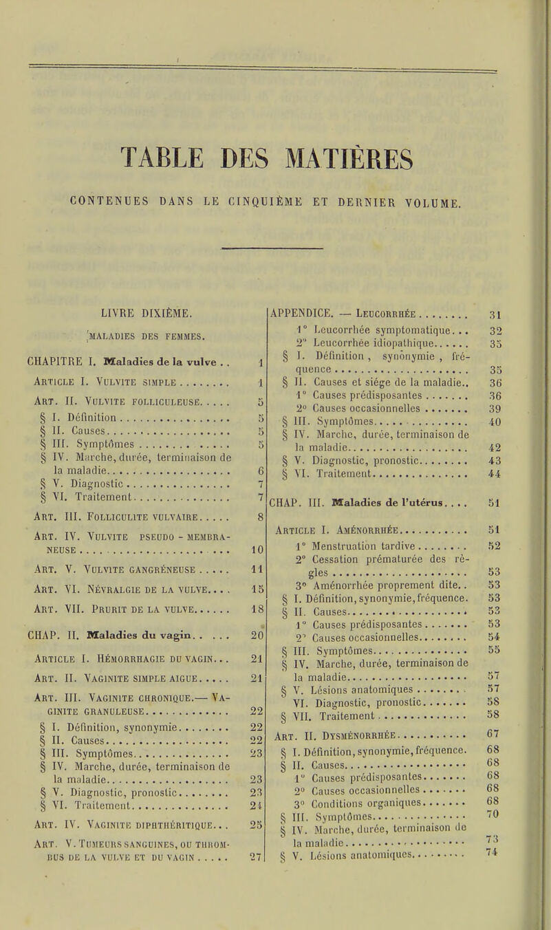 TABLE DES MATIÈRES CONTENUES DANS LE CINQUIÈME ET DERNIER VOLUME. LIVRE DIXIÈME. 'maladies des femmes. CHAPITRE I. Maladies de la vulve . . 1 Article I. Vulvite simple 1 Art. II. Vulvite folliculeusë 5 § I. Définition § II. Causes a § III. Symptômes 5 § IV. Marche, durée, terminaison de la maladie 6 § V. Diagnostic 7 § VI. Traitement 1 Art. III. Folliculite vulvaire 8 Art. IV. Vulvite pseudo - membra- neuse ... 10 Art. V. Vulvite gangréneuse 11 Art. VI. Névralgie de la vulve.. . . 15 Art. VII. Prurit de la vulve 18 CHAP. II. Maladies du vagin 20 Article I. Hémorrhagie du vagin. .. 21 Art. II. Vaginite simple aiguë 21 Art. III. Vaginite chronique.— Va- ginite GRANULEUSE 22 § I. Définition, synonymie 22 § II. Causes 22 § III. Symptômes 23 § IV. Marche, durée, terminaison de la maladie 23 § V. Diagnostic, pronostic 23 § VI. Traitement 24 Art. IV. Vaginite diphtiiéritique. .. 25 Art. V. Tumeurs sanguines, ou throm- BUS DE LA VULVE ET DU VAGIN 27 APPENDICE. — Leucorrhée 31 1° Leucorrhée symptomatique. .. 32 2 Leucorrhée idiopathique 35 § I. Définition , synonymie , fré- quence 35 § II. Causes et siège de la maladie.. 36 1 Causes prédisposantes 36 2° Causes occasionnelles 39 § III. Symptômes 40 § IV. Marche, durée, terminaison de la maladie 42 § V. Diagnostic, pronostic 43 § VI. Traitement 44 CHAP. III. Maladies de l'utérus. ... 51 Article I. Aménorrhée 51 1° Menstruation tardive 52 2° Cessation prématurée des rè- gles 53 3° Aménorrhée proprement dite.. 53 § I. Définition, synonymie,fréquence. 53 tj II. Causes » 53 1° Causes prédisposantes 53 21 Causes occasionnelles 54 § III. Symptômes 55 § IV. Marche, durée, terminaison de la maladie 57 § V. Lésions anatomiques 57 VI. Diagnostic, pronostic 5S § VII. Traitement 58 Art. II. Dysménorrhée 67 § I. Définition, synonymie, fréquence. 68 § II. Causes 68 1° Causes prédisposantes 68 2 Causes occasionnelles 68 3° Conditions organiques 68 § III. Symptômes 0 S IV. Marche, durée, terminaison de la maladie  8 V. Lésions anatomiques 7*