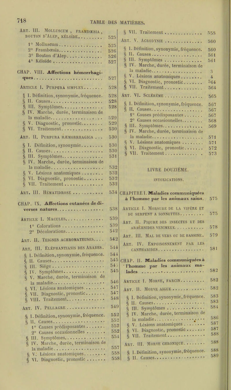 Art. III. Molluscum , framboesia. BOUTON D'Al.EP, KÉLOÏDE 1° Molluscum 2° Frambœsia.. . . 3° Bouton d'AIep. 4° Kéloïde CHAP. VIII. Affections hémorrhagi- ques Article I. Purpura, simplex § 1. Définition,synonymie,fréquence. § II. Causes § III. Symptômes § IV. Marche, durée, terminaison de la maladie § V. Diagnostic, pronostic § VI. Traitement Art. II. Purpura il-emorruagica . .. § I. Définition, synonymie § II. Causes § III. Symptômes § IV. Marche, durée, terminaison de la maladie § V. Lésions anatomiques § VI. Diagnostic, pronostic § VII. Traitement Art. III, Hématidrose CHAP. IX. Affections cutanées de di- verses natures 525 525 526 526 527 527 52S 528 528 528 529 529 530 530 530 530 531 532 532 532 532 534 Article I. Macules. 1° Colorations . . 2° Décolorations. Art. II. Teignes achromateuses. ... Art. III. Eléphantiasis des Arabes . § I. Définition, synonymie, fréquence. § II. Causes § III. Siège § IV. Symptômes § V. Marche, durée, terminaison de la maladie § VI. Lésions anatomiques § VII. Diagnostic, pronostic § VIII. Traitement Art. IV. Pellagre § I. Définition, synonymie,fréquence. § II. Causes 1° Causes prédisposantes 2° Causes occasionnelles § III. Symptômes § IV. Marche, durée, terminaison de la maladie § V. Lésions anatomiques § VI. Diagnostic, pronostic 538 539 539 542 542 544 54 545 54 545 546 547 54 548 549 552 5;. i2 552 552 554 557 858 558 § VII. Traitement 558 Art. V. Acrodynie r>oo § I. Définition,synonymie, fréquence. 560 § II. Causes 361 § III. Symptômes 561 § IV. Marche, durée, terminaison de la maladie 3 § V. Lésions anatomiques 4 § VI. Diagnostic, pronostic 564 § VII. Traitement 564 Art. VI. Sclérème 555 § I. Définition, synonymie, fréquence. 567 § II. Causes 567 1° Causes prédisposantes 567 2° Causes occasionnelles 568 §111. Symptômes ..... 569 § IV. Marche, durée, terminaison de la maladie 571 § V. Lésions anatomiques 571 § VI. Diagnostic, pronostic 572 § VII. Traitement 573 LIVRE DOUZIÈME. intoxications. CHAPITRE I. Maladies communiquées à l'homme par les animaux sains. Article I. Morsure de la vipère et du serpent a sonnettes Art. II. Piqûre des insectes et des arachnides venimeux Art. III. Mal de vers ou de bassine. Art. IV. Empoisonnement par les cantharides CHAP. II. Maladies communiquées à ' l'homme par les animaux ma- lades 575 5/8 379 Article I. Morve, farcin Art. II. Morve aiguë § I. Définition, synonymie, fréquence. § II. Causes § III. Symptômes § IV. Marche, durée, terminaison de la maladie •** * ' § V. Lésions anatomiques § VI. Diagnostic, pronostic § VII. Traitement Art. III. Morve chronique § 1. Définition, synonymie, fréquence. § II. Causes 582 582 582 583 583 58i 5S6 587 587 588 588 588 589