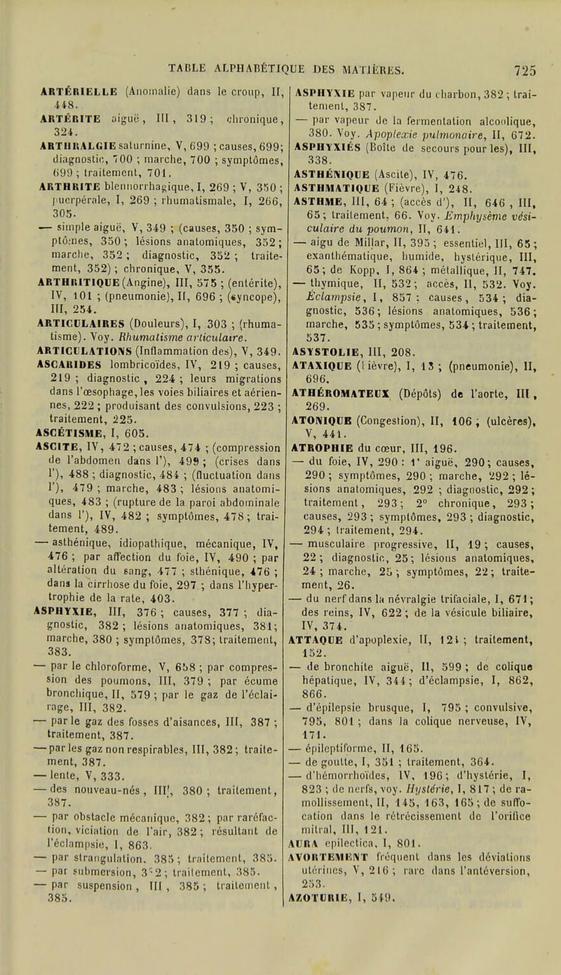 ARTÉRIELLE (Anomalie) dans le croup, II, 448. ARTÉRITE aiguë, III, 319; chronique, 324. ARTHRALGIE saturnine, V, 699 ; causes, 699; diagnostic, '00 ; marche, 700 ; symptômes, 699 ; traitement, 701. ARTHRITE blennorrhagique, I, 269 ; V, 350 ; puerpérale, I, 269 ; rhumatismale, I, 266, 305. — simple aiguë, V, 349 ; (causes, 350 ; sym- ptômes, 350 ; lésions anatomiques, 352 ; marche, 352 ; diagnostic, 352 ; traite- ment, 352) ; chronique, V, 355. ARTHRITIQUE (Angine), III, 575 ; (entérite), IV, 101 ; (pneumonie), II, 696 ; («yncope), III, 254. ARTICULAIRES (Douleurs), I, 303 ; (rhuma- tisme). Voy. Rhumatisme articulaire. ARTICULATIONS (Inflammation des), V, 349. ASCARIDES lombricoïdes, IV, 219 ; causes, 219 ; diagnostic , 224 ; leurs migrations dans l'œsophage, les voies biliaires et aérien- nes, 222 ; produisant des convulsions, 223 ; traitement, 225. ASCÉTISME, I, 605. ASCITE, IV, -472 ; causes, 474 ; (compression de l'abdomen dans 1'), 499 ; (crises dans 1'), 488 ; diagnostic, 484 ; (fluctuation dans 1'), 479; marche, 483; lésions anatomi- ques, 483 ; (rupture de la paroi abdominale dans 1'), IV, 482 ; symptômes, 478; trai- tement, 489. — asthénique, idiopathique, mécanique, IV, 476 ; par affection du foie, IV, 490 ; par altération du sang, 477 ; sthénique, 476 ; dans la cirrhose du foie, 297 ; dans l'hyper- trophie de la raie, 403. ASPHYXIE, III, 376 ; causes, 377 ; dia- gnostic, 382; lésions anatomiques, 381; marche, 380 ; symptômes, 378; traitement, 383. — par le chloroforme, V, 6!>8 ; par compres- sion des poumons, III, 379 ; par écume bronchique, II, 579 ; par le gaz de l'éclai- rage, III, 382. — parle gaz des fosses d'aisances, III, 387 ; traitement, 387. — parles gaz nonrespirables, 111,382; traite- ment, 387. — lente, V, 333. — des nouveau-nés, III1, 380 ; traitement, 387. — par obstacle mécanique, 382; par raréfac- tion, viciation de l'air, 382 ; résultant de l'éclampsic, 1, 863. — par strangulation. 385 ; traitement, 385. — par submersion, 3'2; traitement, 383. — par suspension , III , 385 ; traitement, 38o. ASPHYXIE par vapeur du charbon, 382 ; trai- tement, 387. — par vapeur de la fermentation alcoolique, 380. Voy. Apoplexie pulmonaire, II, 672. ASPHYXIÉS (Boîte de secours pour les), III, 338. ASTHÉNIQUE (Ascite), IV, 476. ASTHMATIQUE (Fièvre), I, 248. ASTHME, III, 64 ; (accès d'), II, 646 , III, 65; trailement, 66. Voy. Emphysème vési- culaire du poumon, II, 641. — aigu de Millar, II, 393 ; essentiel, III, 65 ; exanthématique, humide, hystérique, III, 65; de Kopp, I, 864 ; métallique, II, 747. — thymique, II, 532; accès, 11, 532. Voy. Éclampsie, I, 857; causes, 534 ; dia- gnostic, 536; lésions anatomiques, 536; marche, 535 ; symptômes, 534 ; traitement, 537. ASYSTOLIE, III, 208. ATAXIQUE (lièvre), I, 15; (pneumonie), II, 696. ATHÉROMATEUX (Dépôts) de l'aorte, III, 269. ATONIQUE (Congestion), II, 106 ; (ulcères), V, 441. ATROPHIE du cœur, III, 196. — du foie, IV, 290: 1' aiguë, 290; causes, 290 ; symptômes, 290 ; marche, 292 ; lé- sions anatomiques, 292 ; diagnostic, 292 ; traitement, 293; 2° chronique, 293 ; causes, 293 ; symptômes, 293 ; diagnostic, 294 ; traitement, 294. — musculaire progressive, II, 19; causes, 22; diagnostic, 25; lésions anatomiques, 24 ; marche, 25 ; symptômes, 22 ; traite- ment, 26. — du nerf dans la névralgie trifaciale, I, 671; des reins, IV, 622 ; de la vésicule biliaire, IV, 374. ATTAQUE d'apoplexie, II, 121; traitement, 152. — de bronchite aiguë, II, 599 ; de colique hépatique, IV, 344; d'éclampsie, I, 862, 866. — d'épilepsie brusque, I, 795 ; convulsive, 795, 801 ; dans la colique nerveuse, IV, 171. — épilcptiforme, II, 165. — dégoutte, I, 351 ; traitement, 364. — d'hemorrhoïdes, IV, 196; d'hystérie, I, 823 ; de nerfs, voy. Hystérie, I, 817 ; de ra- mollissement, II, 145, 163, 165; de suffo- cation dans le rétrécissement de l'orifice mitral, III, 121. AURA epilectica, I, 801. AVOHTEMlîNT fréquent dans les déviations utérines, V, 216; rare dans l'antéversion, 253. AZOTURIE, I, 519.