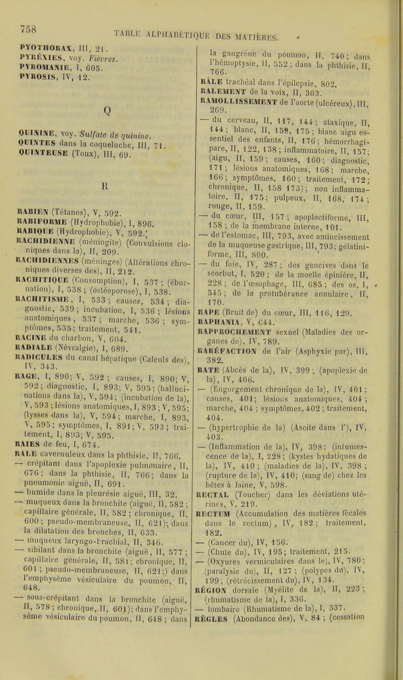 PYOTHORAX, Fil, 21. PYRéxies, voy. Fièvres. PYROMANIE, I, 605. PYROSIS, IV, 12. QUININE, voy. Sulfate de quinine. QUINTES dans la coqueluche, III, 71 QUINTEUSE (Toux), III, 69. R RABIEN (Tétanos), V, 592. RABIFOBME (Hydrophobie), I, 896. RABioi:E (Hydrophobie), V, 592.' RAGHIDIENNE (méningite) (Convulsions clo- niques dans la), II, 209. RAGHID1ENNES (méninges) (Altérations chro- niques diverses des), II, 212. RACHITIQUE (Consomption), I, 537 ; (ébur- nation), I, 538 ; (osléoporose), I, 538 RACHITISME, I, 533; causes, 534; dia- gnostic, 539 ; incubation, I, 536 ; lésions anatomiqties, 537; marche, 536; sym- ptômes, 535; traitement, 541. RACINE du charbon, V, 604. RADIALE (Névralgie), I, 689. RADICULES du canal hépatique (Calculs des), l\, 343. RAGE, I, 890; V, 592 ; causes, I, 890; V, 592; diagnostic, I, 893; V, 595 ; (halluci- nations dans la), V, 594; (incubation de la), V, 593 ; lésions anatomiques, I, 893 ; V, 595; (lysses dans la), V, 594 ; marche, I, 893,' V, 595; symptômes, I, 891 ; V, 593; trai- tement, I, 893; V, 595. RAIES de feu, I, 674. RALE cavernuleux dans la phthisie, II, 766. — crépitant dans l'apoplexie pulmonaire, II, 676; dans la phthisie, II, 766; dans la pneumonie arguë, II, 691. — humide dans la pleurésie aiguë, III, 32. — muqueux dans la bronchite (aiguë, II, 582 ; capillaire générale, II, 582 ; chronique, II, 600; pseudo-membraneuse, II, 621); dans la dilatation des bronches, II, 633. — muqueux laryngo-brachial, II, 346. — sibilant dans la bronchite (aiguë, II, 577 ; capillaire générale, II, 581; chronique, II, 601 ; pseudo-membraneuse, II, 621;) dans l'emphysème vésioulaire du poumon, II, 648. — sous-crépitant dans la bronchite (aiguë, H, 578; chronique, II, 601); dans l'emphy- sème vésiculaire du poumon, II, 648 ; dans rABLE ILPHADÉTIQTJÈ DES MATIERES. la gangrène du poumon, II, 740; dans l'hémoptysie, II, 552 ; dans la phthisie. Il 766- RALE trachéal dans l'épilepsie, 802. RALEMENT de la voix, II, 363. RAMOLLISSEMENT de l'aorte (ulcéreux), 111, — du cerveau, II, 117, 144; ataxique, II, 144; blanc, II, 159, 175; blanc aiçu es- sentiel des enfants, II, 176; hérnorrha-i- pare, II, 122, 138 ; inflammatoire, II, 157; (aigu, II, 159; causes, 160; diagnostic,' 171; lésions anatomiques, 168; marche, 166; symptômes, 160; traitement, 172; chronique, II, 158 173); non inflamma- toire, II, 175; pulpeux, II, 168, 174; rouge, II, 159. — du cœur, III, 157; apoplectiforme, III, 158 ; de la membrane interne, 101. — de l'estomac, III, 793, avec amincissement de la muqueuse gastrique, III, 793; gélatini- forme, III, 800. — du foie, IV, 287 ; des gencives dans le scorbut, I, 520 ; de la moelle épinicre, II, 228 ; de l'œsophage, III, 685 ; des os, I, 545; de la protubérance annulaire, 11, 170. RAPE (Bruit de) du cœur, III, 116, 129. RAPHANIA, V, C44. RAPPROCHEMENT sexuel (Maladies des or- ganes de), IV, 789. RARÉFACTION de l'air (Asphyxie par), III, 382. RATE (Abcès de la), IV, 399; (apoplexie de ln), IV, 406. — (Engorgement chronique de la), IV, 401 ; causes, 401; lésions anatomiques, 404; marche, 404 ; symptômes, 402 ; traitement, 404. — (hypertrophie de la) (Ascite dans 1'), IV, 403. — (Inflammation de la), IV, 398; (intumes- cence de la), I, 228 ; (kystes hydatiques de la), IV, 410; (maladies de la), IV, 398 ; (rupture de la), IV, 410; (sang de) chez les bêtes à laine, V, 598. RECTAL (Toucher) dans les déviations uté- rines, V, 219. RECTUM (Accumulation des matières fécales dans le rectum), IV, 182; traitement, 182. — (Cancer du), IV, 156. — (Chute du), IV, 195; traitement, 215. — (Oxyures vermiculaires dans le), IV, 780: (paralysie du), II, 127; (polypesdu), l\, 199; (rétrécissement du), IV, 134. RÉGION dorsale (Myélite de la), II, 223 ; (rhumatisme de la), I, 336. — lombaire (Rhumatisme de la), I, 337. RÈGLES (Abondance des), V, 84 ; (cessation