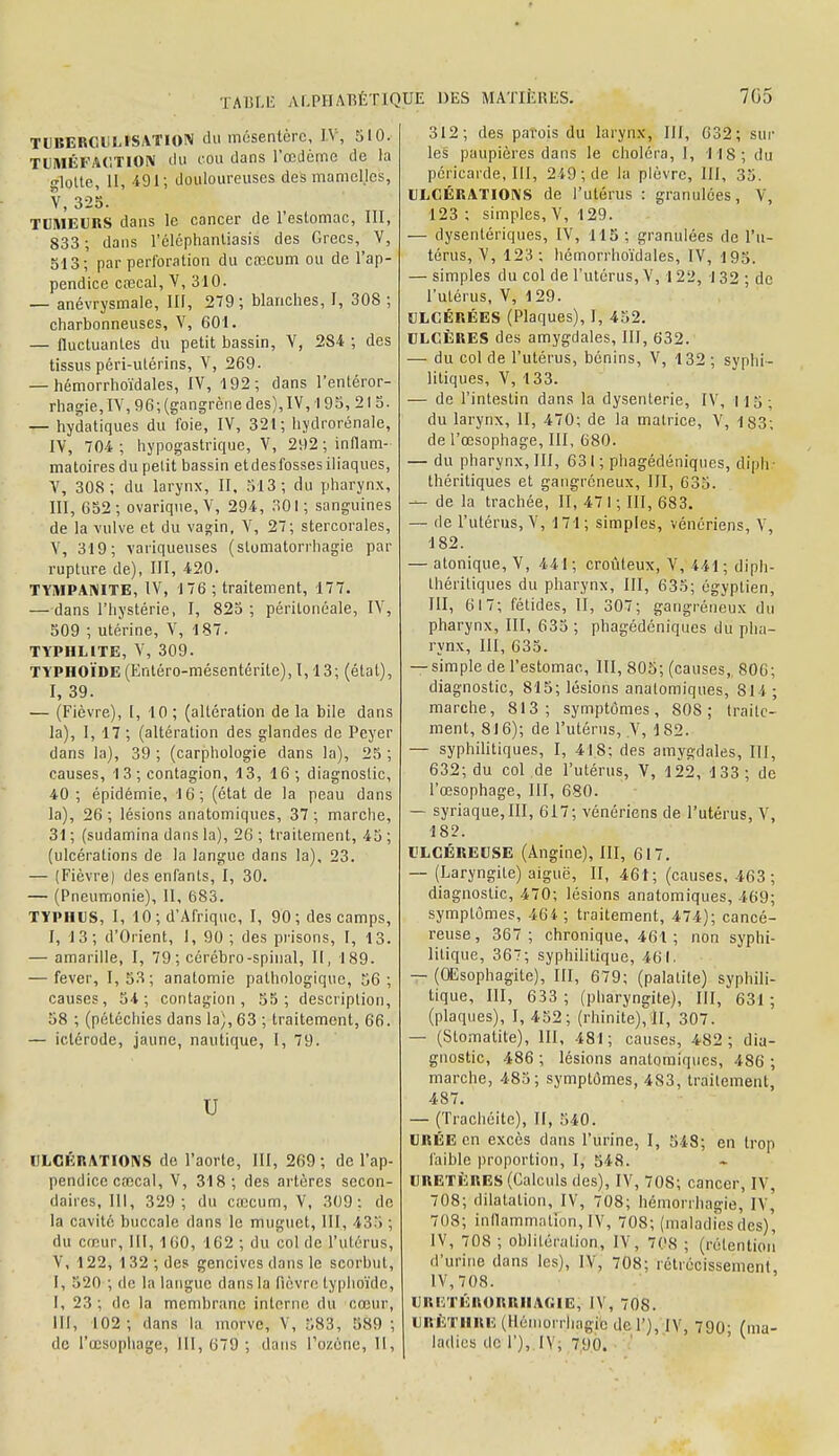 TUBERCULISATION du mésentère, IV, 510. TUMÉFACTION du cou dans l'œdème de la glotte, 11, 491; douloureuses des mamel.les, V, 325. TUMEURS dans le cancer de l'estomac, III, 833 ; dans l'éléphanliasis des Grecs, V, 513; par perforation du cœcum ou de l'ap- pendice cœcal, V, 310. — anévrysmale, III, 279; blanches, I, 30S ; charbonneuses, V, 601. — fluctuantes du petit bassin, V, 284 ; des tissus péri-utérins, V, 269. — hémorrhoïdales, IV, 192; dans l'entéror- rhagie,IV, 96;(gangrène des),IV, 195, 215. — hydatiques du foie, IV, 321; hydrorénale, IV, 704; hypogastrique, V, 292; inflam- matoires du petit bassin etdesfosses iliaques, V, 308; du larynx, II, 513; du pharynx, III, 652; ovarique,V, 294, 301; sanguines de la vulve et du vagin, V, 27; stercorales, V, 319; variqueuses (stomatorrhagie par rupture de), III, 420. TYMPANITE, IV, 1 76 ; traitement, 177. — dans l'hystérie, I, 825 ; péritonéale, IV, 509 ; utérine, V, 187. TYPHLITE, V, 309. TYPHOÏDE (Entéro-mésentérile), 1,13; (état), I, 39. — (Fièvre), I, 10 ; (altération de la bile dans la), I, 17; (altération des glandes de Peyer dans la), 39 ; (carphologie dans la), 25 ; causes, 13 ; contagion, 13, 16; diagnostic, 40 ; épidémie, 16; (état de la peau dans la), 26 ; lésions anatomiques, 37 ; marche, 31 ; (sudamina dans la), 26 ; traitement, 45 ; (ulcérations de la langue dans la), 23. — (Fièvre) des enfants, I, 30. — (Pneumonie), II, 683. TYPHUS, I, 10; d'Afrique, I, 90; des camps, I, 13; d'Orient, 1, 90; des prisons, I, 13. — amarille, I, 79; cérébro-spinal, II, 189. — fever, 1,53; anatomie pathologique, 56; causes, 54; contagion, 55; description, 58 ; (pétcchies dans la), 63 ; traitement, 66. — iclérode, jaune, nautique, I, 79. u ULCÉRATIONS do l'aorte, III, 269 ; de l'ap- pendice cœcal, V, 318; des artères secon- daires, III, 329 ; du cœcum, V, 309: de la cavité buccale dans le muguet, III, 435 ; du cœur, III, 160, 162 ; du col de l'utérus, V, 122, 132 ; des gencives dans le scorbut, 1, 520 ; de la langue dans la fièvre typhoïde, I, 23; de la membrane interne du cœur, III, 102; dans la morve, V, 583, 589 ; 312; des parois du larynx, III, 632; sur les paupières dans le choléra, I, 118; du péricarde, III, 249; de la plèvre, III, 35. ULCÉRATIONS de l'utérus : granulées, V, 123 ; simples, V, 129. — dysentériques, IV, 115 ; granulées de l'u- térus, V, 123 ; hémorrhoïdales, IV, 195. — simples du col de l'utérus, V, 122, 132 ■ de l'utérus, V, 129. ULCÉRÉES (Plaques), I, 452. ULCÈRES des amygdales, III, 632. — du col de l'utérus, bénins, V, 132 ; syphi- litiques, V, 133. — de l'intestin dans la dysenterie, IV, 115; du larynx, II, 470; de la matrice, V, 183; de l'œsophage, III, 680. — du pharynx, III, 631 ; phagédéniques, diplr théritiques et gangreneux, III, 635. — de la trachée, II, 47 l ; III, 683. — de l'utérus, V, 171; simples, vénériens, V, 182. — atonique, V, 44 1 ; croûteux, V, 441 ; diph- théritiques du pharynx, III, 635; égyptien, III, 617; fétides, II, 307; gangréneux du pharynx, III, 635 ; phagédéniques du pha- rynx, III, 635. — simple de l'estomac, III, 805; (causes, 806; diagnostic, 815; lésions anatomiques, 814; marche, 813; symptômes, SOS; traite- ment, 816); de l'utérus, V, 1S2. — syphilitiques, I, 418; des amygdales, III, 632; du col de l'utérus, V, 122, 133 ; de l'œsophage, III, 680. — syriaque, III, 617; vénériens de l'utérus, V, 182. ULCÉREUSE (Angine), III, 617. — (Laryngite) aiguë, II, 461; (causes, 463; diagnostic, 470; lésions anatomiques, 169; symptômes, 464 ; traitement, 474); cancé- reuse, 367; chronique, 461; non syphi- litique, 367; syphilitique, 461. — (OEsophagite), III, 679; (palatite) syphili- tique, III, 633 ; (pharyngite), III, 631 ; (plaques), I, 452; (rhinite), II, 307. — (Stomatite), III, 481; causes, 482; dia- gnostic, 486 ; lésions anatomiques, 486 ; marche, 4-85; symptômes, 483, traitement, 487. — (Trachéite), II, 540. URÉE en excès dans l'urine, I, 548; en trop faible proportion, I, 548. URETÈRES (Calculs des), IV, 708; cancer, IV, 708; dilatation, IV, 708; hémori hagie, IV, 708; inflammation, IV, 708; (maladies des)' IV, 708 ; oblitération, IV, 708 ; (rétention d'urine dans les), IV, 708; rétrécissement IV,708. uretérorriiagie; IV, 70S. URÈTHRE (Hén.orrl.agic de I'), IV, 790; (ma-