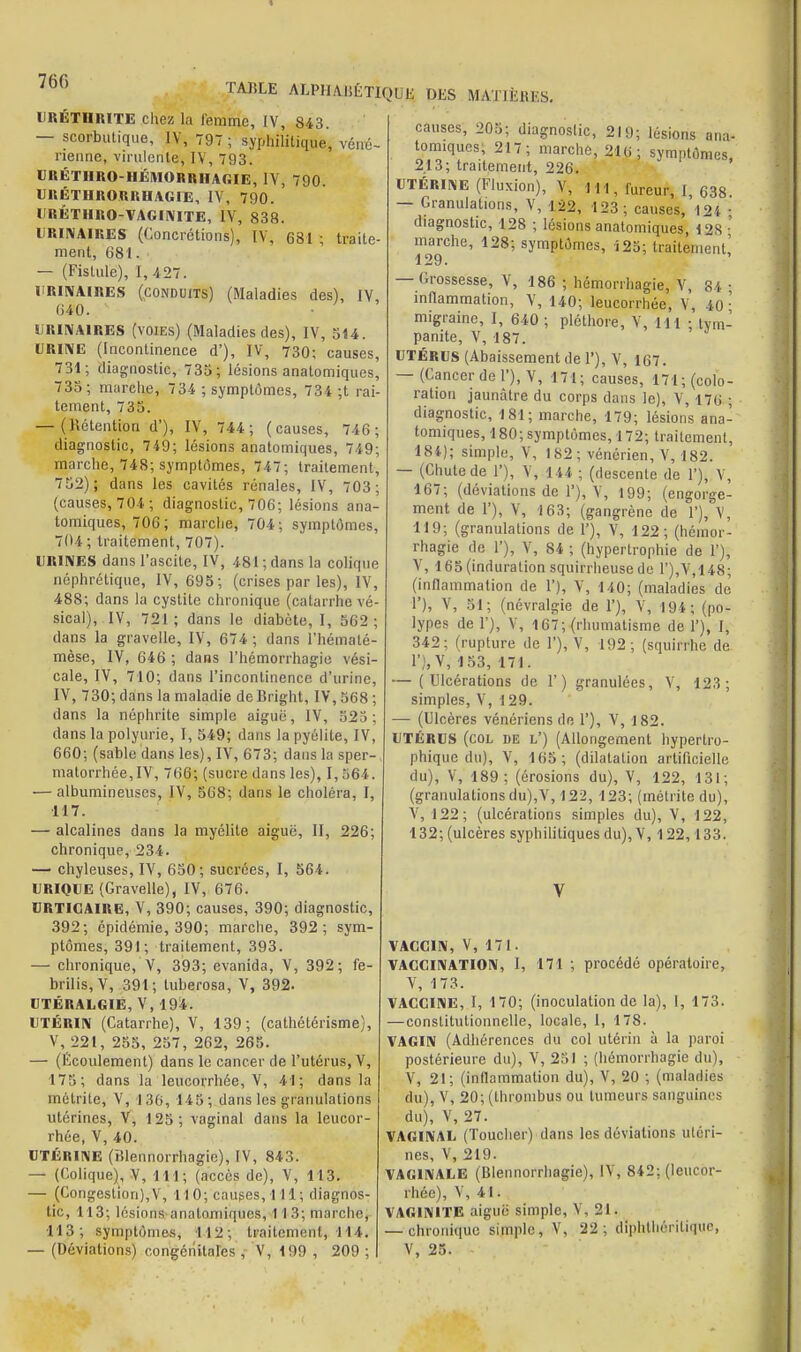 760 TAISLE ALPHABÉTIQUE DES MATIÈRES, URETHRITE chez la femme, IV, 843. — scorbutique, IV, 797 ; syphilitique, véné- rienne, virulente, IV, 793. URÉT1IRO-HÉIUORRHAGIE, IV, 790. URÉTHRORRHAGIE, IV, 790. I RÉTHRO-VAGINITE, IV, 838. URINAIRES (Concrétions), IV, 681 ; traite- ment, 681. — (Fistule), I, 427. URINAIRES (conduits) (Maladies des), IV, 640. URINAIRES (voies) (Maladies des), IV, 514. URINE (Incontinence d'), IV, 730; causes, 731; diagnostic, 735; lésions anatomiques, 735; marche, 734 ; symptômes, 734 ;t rai- tement, 735. — (Rétention d'), IV, 744; (causes, 746; diagnostic, 749; lésions anatomiques, 749; marche, 748; symptômes, 747; traitement, 752); dans les cavités rénales, IV, 703; (causes, 704 ; diagnostic, 706; lésions ana- tomiques, 706 ; marche, 704; symptômes, 704 ; traitement, 707). URINES dans l'ascite, IV, 481 ; dans la colique néphrétique, IV, 695; (crises par les), IV, 488; dans la cystite chronique (catarrhe vé- sical), IV, 721; dans le diabète, I, 562; dans la gravelle, IV, 674 ; dans l'hématé- mèse, IV, 646 ; dans l'hémorrhagie vési- cale, IV, 710; dans l'incontinence d'urine, IV, 730; dans la maladie de Bright, IV, 568 ; dans la néphrite simple aiguë, IV, 525; dans la polyurie, I, 549; dans lapyélile, IV, 660; (sable dans les), IV, 673; dans la sper-, matorrhée,IV, 766; (sucre dans les), I, 564 . — albumineuscs, IV, 568; dans le choléra, I, 117. — alcalines dans la myélite aiguë, II, 226; chronique, 234. — chyleuses, IV, 650; sucrées, I, 564. URIQUE (Gravelle), IV, 676. URTICAIRE, V, 390; causes, 390; diagnostic, .392; épidémie, 390; marche, 392; sym- ptômes, 391; traitement, 393. — chronique, V, 393; evanida, V, 392; fe- brilis, V, 391; tuberosa, V, 392. UTÉRALGIE, V,194. UTÉRIN (Catarrhe), V, 139; (cathétérisme), V, 221, 255, 257, 262, 265. — (Ecoulement) dans le cancer de l'utérus, V, 175; dans la leucorrhée, V, 41; dans la métrite, V, 136, 145; dans les granulations utérines, V, 125; vaginal dans la leucor- rhée, V, 40. UTÉRINE (Blennorrhagie), IV, 843. — (Colique), V, 111; (accès de), V, 113. — (Congestion),V, 110; causes, 111; diagnos- tic, 113; lésions anatomiques, 1 13; marche, 113; symptômes, 112; traitement, 114. — (Déviations) congénitales , V, 199 , 209 ; causes, 205; diagnostic, 219; lésions ana- tomiques; 217; marche, 216; symptômes 213; traitement, 226. UTÉRINE (Fluxion), V, 111, fllrcur, f) 638 — Granulations, V, 122, 123; causes, 124 ■ diagnostic, 128 ; lésions anatomiques 12S •' ino9Che' 128; symPtômes> Î25; traitement! — Grossesse, V, 186 ; hémorrhagie, V, 84 ■ inflammation, V, 140; leucorrhée, V, 40' migraine, I, 640 ; pléthore, V, 111; hm- panite, V, 187. UTÉRUS (Abaissement de 1'), V, 167. — (Cancer de 1'), V, 171; causes, 171; (colo- ration jaunâtre du corps dans le), V, 176 ; diagnostic, 181; marche, 179; lésions ana- tomiques, 180; symptômes, 172; traitement, 184); simple, V, 182; vénérien, V, 182. — (Chute de 1'), V, 144 ; (descente de 1'), V, 167; (déviations de 1'), V, 199; (engorge- ment de 1'), V, 163; (gangrène de 1'), V, 119; (granulations de 1'), V, 122; (hémor- rhagie de 1'), V, 84 ; (hypertrophie de 1'), V, 165 (induration squirrheuse de l'),V,148; (inflammation de 1'), V, 140; (maladies de' 1'), V, 51; (névralgie de 1'), V, 194; (po- lypes de 1'), V, 167; (rhumatisme de 1'), I, 342; (rupture de 1'), V, 192; (squirrhe de 1'), V, 153, 17 I. — (Ulcérations de 1') granulées, Y, 123; simples, V, 129. — (Ulcères vénériens de 1'), V, 182. UTÉRUS (col de l') (Allongement hypertro- phique du), V, 165; (dilatation artificielle du), V, 189; (érosions du), V, 122, 131; (granulations du),V, 122, 123; (métrite du), V, 122; (ulcérations simples du), V, 122, 132; (ulcères syphilitiques du), V, 122, 133. VACCIN, V, 171. VACCINATION, I, 171 ; procédé opératoire, V, 173. VACCINE, I, 170; (inoculation de la), 1, 173. —constitutionnelle, locale, I, 178. VAGIN (Adhérences du col utérin à la paroi postérieure du), V, 251 ; (hémorrhagie du), V, 21; (inflammation du), V, 20 ; (maladies du), V, 20; (thrombus ou tumeurs sanguines du), V, 27. VAGINAL (Toucher) dans les déviations Uléri- nes, V, 219. VAGINALE (Blennorrhagie), IV, 842; (leucor- rhée), V, 41. VAGINITE aiguë simple, V, 21. — chronique simple, V, 22; dîphthôritique, V, 25.