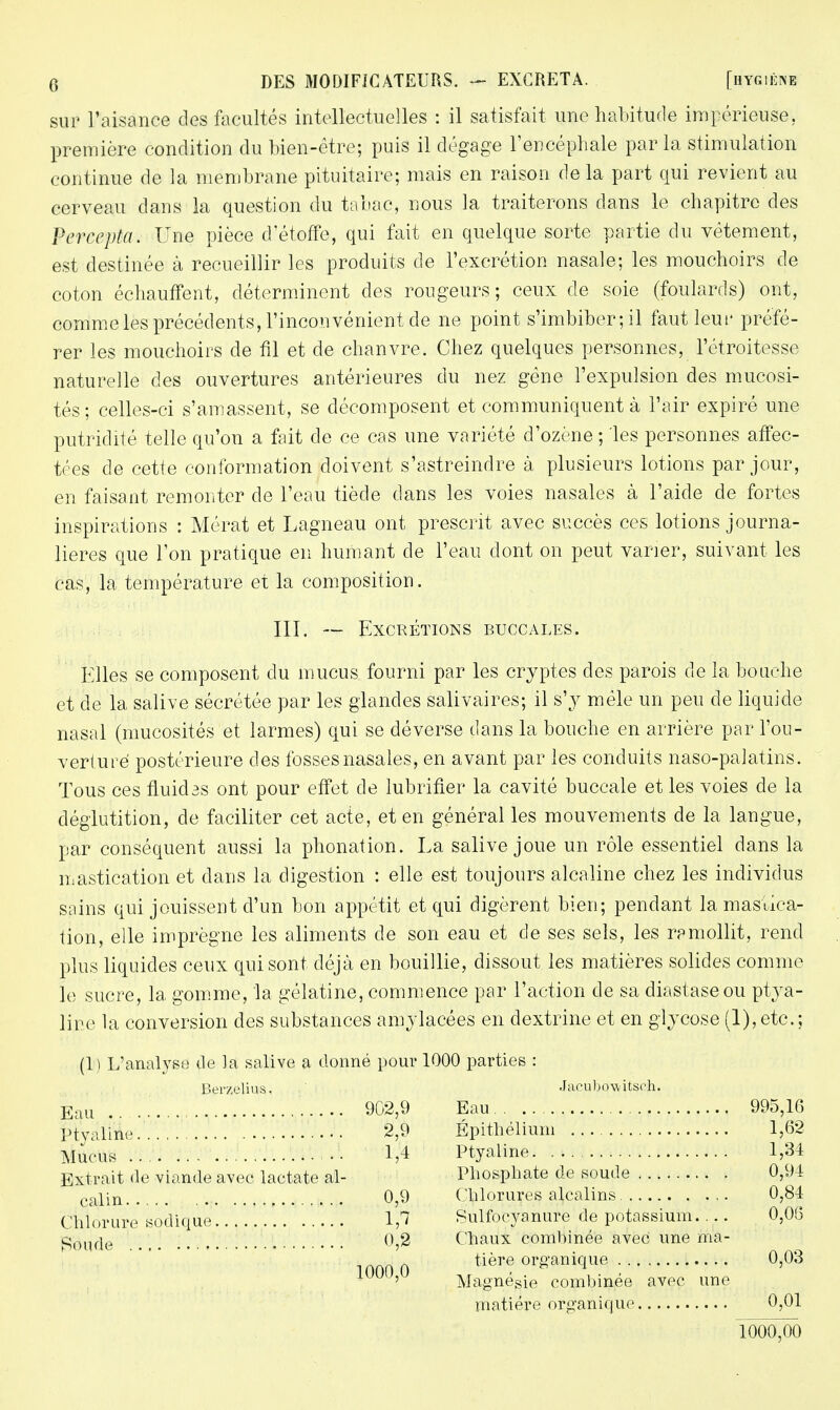 sur l'aisance des facultés intellectuelles : il satisfait une habitude impérieuse, première condition du bien-être; puis il dégage l'encéphale parla stimulation continue de la membrane pituitaire; mais en raison de la part qui revient au cerveau clans la question du tabac, nous la traiterons dans le chapitre des Percepta. Une pièce d'étoffe, qui fait en quelque sorte partie du vêtement, est destinée à recueillir les produits de l'excrétion nasale; les mouchoirs de coton échauffent, déterminent des rougeurs; ceux de soie (foulards) ont, comme les précédents, l'inconvénient de ne point s'imbiber; il faut leur préfé- rer les mouchoirs de fil et de chanvre. Chez quelques personnes, l'étroitesse naturelle des ouvertures antérieures du nez gène l'expulsion des mucosi- tés; celles-ci s'amassent, se décomposent et communiquent à l'air expiré une putridité telle qu'on a fait de ce cas une variété d'ozène ; les personnes affec- tées de cette conformation doivent s'astreindre à plusieurs lotions par jour, en faisant remonter de l'eau tiède dans les voies nasales à l'aide de fortes inspirations : Mérat et Lagneau ont prescrit avec succès ces lotions journa- lières que l'on pratique en humant de l'eau dont on peut varier, suivant les cas, la température et la composition. III. — Excrétions buccales. Elles se composent du mucus fourni par les cryptes des parois de la bouche et de la salive sécrétée par les glandes salivaires; il s'y mêle un peu de liquide nasal (mucosités et larmes) qui se déverse dans la bouche en arrière par l'ou- verturé postérieure des fosses nasales, en avant par les conduits naso-palatins. Tous ces fhiidas ont pour effet de lubrifier la cavité buccale et les voies de la déglutition, de faciliter cet acte, et en général les mouvements de la langue, par conséquent aussi la phonation. La salive joue un rôle essentiel dans la mastication et dans la digestion : elle est toujours alcaline chez les individus sains qui jouissent d'un bon appétit et qui digèrent bien; pendant la mastica- tion, elle imprègne les aliments de son eau et de ses sels, les ramollit, rend plus liquides ceux qui sont déjà en bouillie, dissout les matières solides comme le sucre, la gomme, la gélatine, commence par l'action de sa diastaseou ptya- line la conversion des substances amylacées en dextrine et en glycose (l),etc; (1) L'analyse de la salive a donné pour 1000 parties : Berzelius. Jacubccwitsch. Eau 902,9 Eau 995,16 Ptyali'Àe 2,9 Épitliélium 1,62 Mucus 1,4 Ptyaline 1,34 Extrait de viande avec lactate al- Phosphate de soude 0,94 calin 0,9 Chlorures alcalins 0,84 Chlorure sadique 1/7 Sulfocyanure de potassium.... 0,06 Soude 0>S Chaux combinée avec une ma- tière organique 0,03 Magnésie combinée avec une matière organique 0,01 1000,00 1000,0