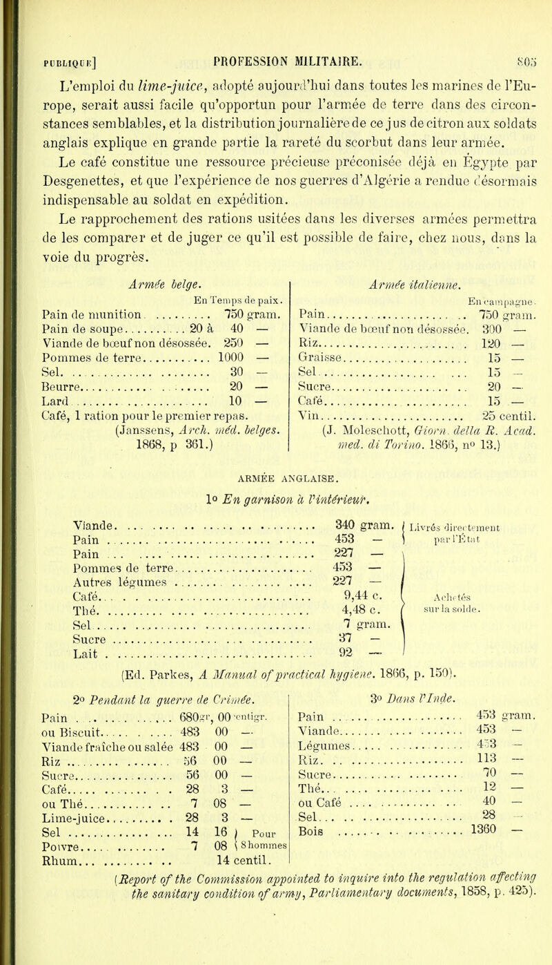 L'emploi du lime-juice, adopté aujourd'hui dans toutes les marines de l'Eu- rope, serait aussi facile qu'opportun pour l'armée de terre dans des circon- stances semblables, et la distribution journalière de ce jus de citron aux soldats anglais explique en grande partie la rareté du scorbut dans leur armée. Le café constitue une ressource précieuse préconisée déjà en Egypte par Desgenettes, et que l'expérience de nos guerres d'Algérie a rendue désormais indispensable au soldat en expédition. Le rapprochement des rations usitées dans les diverses armées permettra de les comparer et de juger ce qu'il est possible de faire, chez nous, dans la voie du progrès. Armée belge. En Temps de paix, Pain de munition 750 g'ram. Pain de soupe 20 à 40 — Viande de bœuf non désossée. 250 — Pommes de terre 1000 — Sel 30 — Beurre 20 — Lard 10 — Café, 1 ration pour le premier repas. (Janssens, Arch. méd. belges. 1868, p 361.) Armée italienne. Pain Viande de bœuf non désossée Riz... , Graisse Sel Sucre Café Vin (J. Moleschott, Giorn. délia R. Acad med. di Torino. 1866, no 13.) En campagne. 750 gram. . 300' — 120 — 15 — 15 - 20 - 15 — 25 centil. ARMEE ANGLAISE. lo En garnison à l'intérieur. Viande 340 gram. I u Pain Pain Pommes de terre 453 - 227 — 453 — directement ir l'État Autres légumes . 227 Café.. Thé. Sel... Sucre Lait . 9,44 c. 4,48 c. 7 gram. 37 - 92 — Achetés sur la solde. (Ed. Parkes, A Manual ofpractical hygiène. 1866, p. 150). 2° Pendant la guerre de Crimée. Pain 680'gr, OO^migr. ou Biscuit 483 00 — Viande fraîche ou salée 483 00 — Riz 56 00 — Sucre 56 00 — Café 28 3 — ou Thé 7 08 - Lime-juice 28 3 — Sel 14 16 Poivre 7 08 Rhum 14 centil. Pour 8 hommes 3° Dans VInde. Pain 453 gram. Viande 453 — Légumes 453 — Riz 113 Sucre 70 Thé 12 ou Café 40 Sel 28 Bois 1360 [Report ofthe Commission appointed to inquire into the régulation afecting tfie sanitary condition ofarmy, Parliamentary documents, 1858, p. 425).