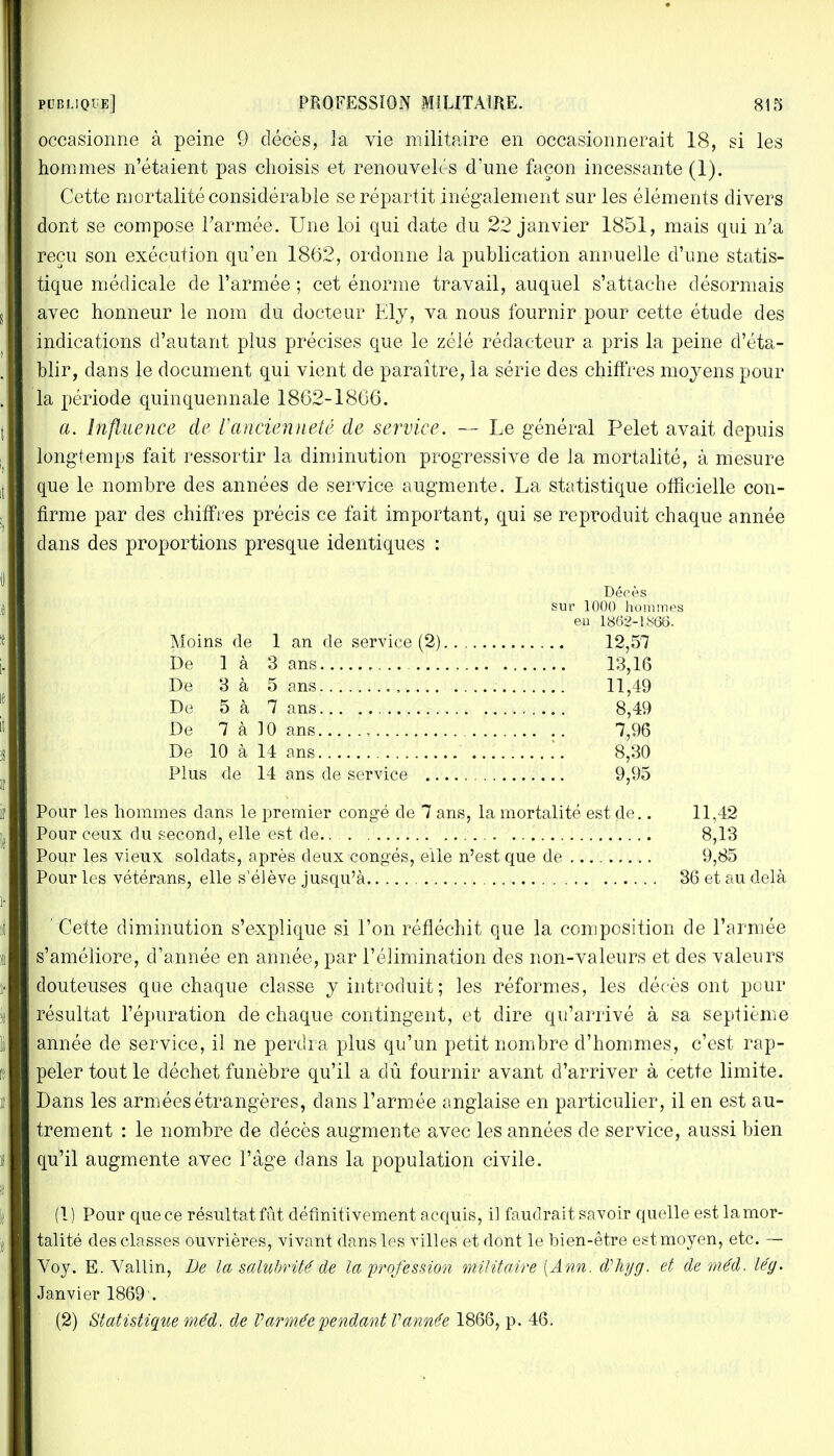 occasionne à peine 9 décès, la vie militaire en occasionnerait 18, si les hommes n'étaient pas choisis et renouvelés d'une façon incessante (1). Cette mortalité considérable se répartit inégalement sur les éléments divers dont se compose l'armée. Une loi qui date du 22 janvier 1851, mais qui n?a reçu son exécution qu'en 1862, ordonne la publication annuelle d'une statis- tique médicale de l'armée ; cet énorme travail, auquel s'attache désormais avec honneur le nom du docteur Ely, va nous fournir pour cette étude des indications d'autant plus précises que le zélé rédacteur a pris la peine d'éta- blir, dans le document qui vient de paraître, la série des chiffres moyens pour la période quinquennale 1862-1866. a. Influence de Vancienneté de service. — Le général Pelet avait depuis longtemps fait ressortir la diminution progressive de la mortalité, à mesure que le nombre des années de service augmente. La statistique officielle con- firme par des chiffres précis ce fait important, qui se reproduit chaque année dans des proportions presque identiques : Décès sur 1000 hommes eu 1862-1866. Moins de 1 an de service (2) 12,57 De là 3 ans 13,16 De 3 à 5 ans a. 11,49 De 5 à 7 ans 8,49 De 7 à 10 ans , 7,96 De 10 à 14 ans !. 8,30 Plus de 14 ans de service 9,95 Pour les hommes dans le premier congé de 7 ans, la mortalité est de.. 11,42 Pour ceux du second, elle est de.. 8,13 Pour les vieux soldats, après deux congés, elle n'est que de 9,85 Pour les vétérans, elle s'élève jusqu'à 36 et au delà ' Cette diminution s'explique si l'on réfléchit que la composition de l'armée s'améliore, d'année en année, par l'élimination des non-valeurs et des valeurs douteuses que chaque classe y introduit; les réformes, les décès ont pour résultat l'épuration de chaque contingent, et dire qu'arrivé à sa septième année de service, il ne perdra plus qu'un petit nombre d'hommes, c'est rap- peler tout le déchet funèbre qu'il a dû fournir avant d'arriver à cette limite. Dans les armées étrangères, dans l'armée anglaise en particulier, il en est au- trement : le nombre de décès augmente avec les années de service, aussi bien qu'il augmente avec l'âge dans la population civile. (1) Pour que ce résultat fût définitivement acquis, il faudrait savoir quelle est la mor- talité des classes ouvrières, vivant dans les villes et dont le bien-être est moyen, etc. — Voy. E. Vallin, De la salubrité de la profession militaire {Ann. tfhyg. et de méd. le'g. Janvier 1869'. (2) Statistique méd. de V armée fendant Vannée 1866, p. 46.