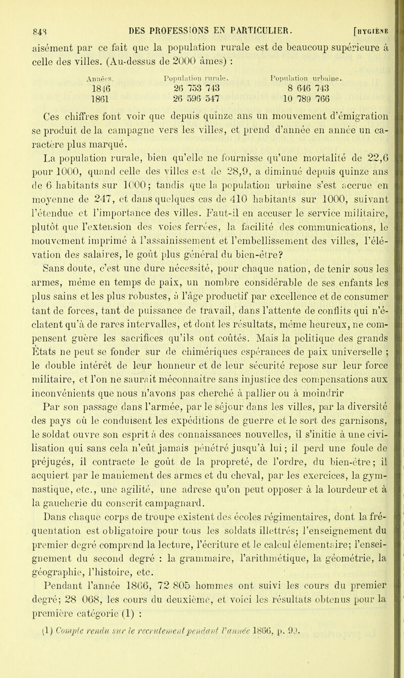 aisément par ce fait que la population rurale est de beaucoup supérieure à celle des villes. (Au-dessus de 2000 âmes) : Années. Population rurale. Population urbaine. 1816 26 753 743 8 646 743 1861 26 596 547 10 789 766 Ces chiffres font voir que depuis quinze ans un mouvement d'émigration se produit de la campagne vers les villes, et prend d'année en année un ca- ractère plus marqué. La population rurale, bien qu'elle ne fournisse qu'une mortalité de 22,6 pour 1000, quand celle des villes est de 28,9, a diminué depuis quinze ans de 6 habitants sur 1000; tandis que la population urbaine s'est accrue en moyenne de 247, et dans quelques cas de 410 habitants sur 1000, suivant l'étendue et l'importance des villes. Faut-il en accuser le service militaire, plutôt que l'extension des voies ferrées, la facilité des communications, le mouvement imprimé à l'assainissement et l'embellissement des villes, l'élé- vation des salaires, le goût plus général du bien-être? Sans doute, c'est une dure nécessité, pour chaque nation, de tenir sous les armes, même en temps de paix, un nombre considérable de ses enfants les plus sains et les plus robustes, à l'âge productif par excellence et de consumer tant de forces, tant de puissance de travail, dans l'attente de conflits qui n'é- clatent qu'à de rares intervalles, et dont les résultats, même heureux, ne com- pensent guère les sacrifices qu'ils ont coûtés. Mais la politique des grands Etats ne peut se fonder sur de chimériques espérances de paix universelle ; le double intérêt de leur honneur et de leur sécurité repose sur leur force militaire, et l'on ne saurait méconnaître sans injustice des compensations aux inconvénients que nous n'avons pas cherché à pallier ou à moindrir Par son passage dans l'armée, par le séjour dans les villes, par la diversité des pays où le conduisent les expéditions de guerre et le sort des garnisons, le soldat ouvre son esprit à des connaissances nouvelles, il s'initie à une civi- lisation qui sans cela n'eût jamais pénétré jusqu'à lui; il perd une foule de préjugés, il contracte le goût de la propreté, de l'ordre, du bien-être; il acquiert par le maniement des armes et du cheval, par les exercices, la gym- nastique, etc., une agilité, une adrese qu'on peut opposer à la lourdeur et à la gaucherie du conscrit campagnard. Dans chaque corps de troupe existent des écoles régimentaires, dont la fré- quentation est obligatoire pour tous les soldats illettrés; l'enseignement du premier degré comprend la lecture, l'écriture et Je calcul élémentaire; l'ensei- gnement du second degré : la grammaire, l'arithmétique, la géométrie, la géographie, l'histoire, etc. Pendant l'année 1866, 72 805 hommes ont suivi les cours du premier degré; 28 068, les cours du deuxième, et voici les résultats obtenus pour la première catégorie (1) :