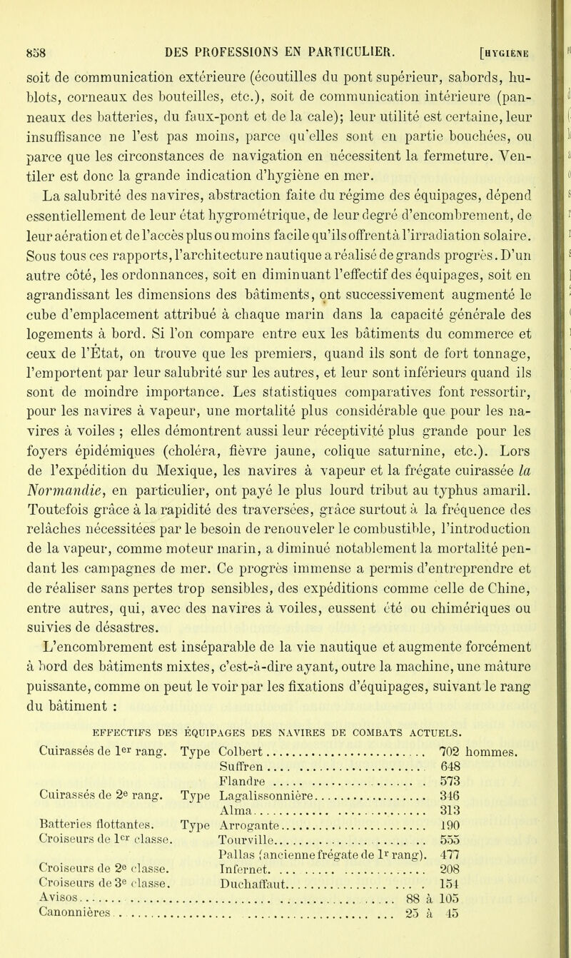 soit de communication extérieure (écoutilles du pont supérieur, sabords, hu- blots, corneaux des bouteilles, etc.), soit de communication intérieure (pan- neaux des batteries, du faux-pont et de la cale); leur utilité est certaine, leur insuffisance ne l'est pas moins, parce qu'elles sont en partie bouchées, ou parce que les circonstances de navigation en nécessitent la fermeture. Ven- tiler est donc la grande indication d'hygiène en mer. La salubrité des navires, abstraction faite du régime des équipages, dépend essentiellement de leur état hygrométrique, de leur degré d'encombrement, de leur aération et de l'accès plus ou moins facile qu'ils offrentà l'irradiation solaire. Sous tous ces rapports, l'architecture nautique a réalisé de grands progrès. D'un autre côté, les ordonnances, soit en diminuant l'effectif des équipages, soit en agrandissant les dimensions des bâtiments, ont successivement augmenté le cube d'emplacement attribué à chaque marin dans la capacité générale des logements à bord. Si l'on compare entre eux les bâtiments du commerce et ceux de l'État, on trouve que les premiers, quand ils sont de fort tonnage, l'emportent par leur salubrité sur les autres, et leur sont inférieurs quand ils sont de moindre importance. Les statistiques comparatives font ressortir, pour les navires à vapeur, une mortalité plus considérable que pour les na- vires à voiles ; elles démontrent aussi leur réceptivité plus grande pour les foyers épidémiques (choléra, fièvre jaune, colique saturnine, etc.). Lors de l'expédition du Mexique, les navires à vapeur et la frégate cuirassée la Normandie, en particulier, ont payé le plus lourd tribut au typhus amaril. Toutefois grâce à la rapidité des traversées, grâce surtout à la fréquence des relâches nécessitées par le besoin de renouveler le combustible, l'introduction de la vapeur, comme moteur marin, a diminué notablement la mortalité pen- dant les campagnes de mer. Ce progrès immense a permis d'entreprendre et de réaliser sans pertes trop sensibles, des expéditions comme celle de Chine, entre autres, qui, avec des navires à voiles, eussent été ou chimériques ou suivies de désastres. L'encombrement est inséparable de la vie nautique et augmente forcément à bord des bâtiments mixtes, c'est-à-dire ayant, outre la machine, une mâture puissante, comme on peut le voir par les fixations d'équipages, suivant le rang du bâtiment : EFFECTIFS DES ÉQUIPAGES DES NAVIRES DE COMBATS ACTUELS. Cuirassés de 1er rang. Type Colbert 702 hommes. Suffren 648 Flandre 573 Cuirassés de 2e rang. Type Lagalissonnière 346 Aima 313 Batteries flottantes. Type Arrogante 190 Croiseurs de 1er classe. Tourville .. 555 Pallas fancienne frégate de lr rang). 477 Croiseurs de 2e classe. Internet. ... 208 Croiseurs de 3e classe. Duchaffaut 154 Avisos 88 à 105 Canonnières . 25 à 45