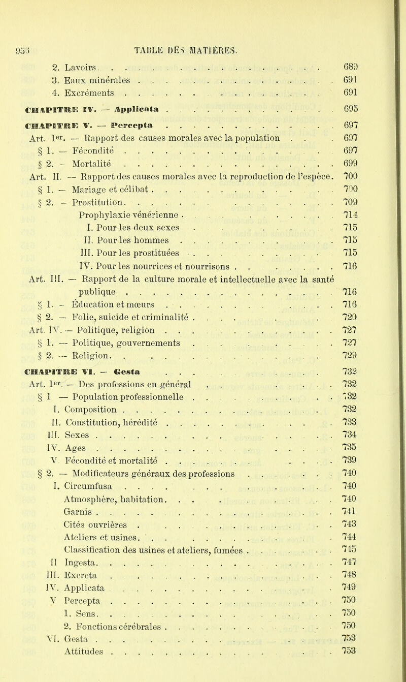 2. Lavoirs 689 3. Eaux minérales 691 4. Excréments 691 CHAPITRE IV. — Applicata 695 CHAPITRE V. — Pereepta 697 Art. 1er- — Rapport des causes morales avec la population . . . 697 § 1. — Fécondité 697 § 2. - Mortalité 699 Art. II. — Rapport des causes morales avec la reproduction de l'espèce. 700 § 1. — Mariage et célibat 700 § 2. - Prostitution. 709 Prophylaxie vénérienne .... 714 I. Pour les deux sexes . •• ..... . 715 II. Pour les hommes ... 715 III. Pour les prostituées ... ........ 715 IV. Pour les nourrices et nourrisons . . 716 Art. III. — Rapport de la culture morale et intellectuelle avec la santé publique 716 g 1. - Éducation et mœurs 716 § 2. — Folie, suicide et criminalité . 720 Art. IV. — Politique, religion ... . 727 § 1. — Politique, gouvernements . 727 § 2. — Religion. ............... 729 CHAPITRE VI. — Costa ... 732 Art. 1er. — Des professions en général ... ..... 732 § 1 — Population professionnelle . . . . . . . . . . ^32 I. Composition 732 II. Constitution, hérédité , . . . 733 III. Sexes 734 IV. Ages 735 V. Fécondité et mortalité .... 739 § 2. — Modificateurs généraux des professions 740 I. Circumfusa .... ... ... ... 740 Atmosphère, habitation. ... . . . . . 740 Garnis .... 741 Cités ouvrières . .......... - 743 Ateliers et usines. . . . 744 Classification des usines et ateliers, fumées 745 II Ingesta 747 III. Excréta 748 IV. Applicata 749 V Percepta . . . 750 1. Sens. . . 750 2. Fonctions cérébrales . . 750 VI. Gesta ... 753 Attitudes 753