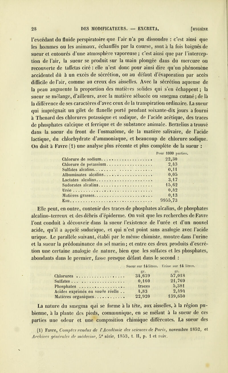 l'excédant du fluide perspiratoire que l'air n'a pu dissoudre : c'est ainsi que les hommes ou les animaux, échauffés par la course, sont à la fois baignés de sueur et entourés d'une atmosphère vaporeuse ; c'est ainsi que par l'intercep- tion de l'air, la sueur se produit sur la main plongée dans du mercure ou recouverte de taffetas ciré : elle n'est donc pour ainsi dire qu'un phénomène accidentel dû à un excès de sécrétion, ou au défaut d'évaporation par accès difficile de l'air, comme au creux des aisselles. Avec la sécrétion aqueuse de la peau augmente la proportion des matières solides qui s'en échappent ; la sueur se mélange, d'ailleurs, avec la matière sébacée ou smegma cutané; de là la différence de ses caractères d'avec ceux de la transpiration ordinaire. La sueur qui imprégnait un gilet de flanelle porté pendant soixante-dix jours a fourni à Thenard des chlorures potassique et sodique, de l'acide acétique, des traces de phosphates calcique et ferrique et de substance animale. Berzelius a trouvé dans la sueur du front de l'osmazôme, de la matière salivaire, de l'acide lactique, du chlorhydrate d'ammoniaque, et beaucoup de chlorure sodique. On doit à Favre (1) une analyse plus récente et plus complète de la sueur : Pour 1000 parties. Chlorure de sodium 22,30 Chlorure de potassium 2,43 Sulfates alcalins.. * . . 0,11 Albuminates alcalins 0,05 Lactates alcalins 3,17 Sudorates alcalins 15,62 Urée » 0,-42 Matières grasses 0,13 Eau 9955,73 Elle peut, en outre, contenir des traces de phosphates alcalins, de phosphates alcalino-terreux et des débris d'épiderme. On voit que les recherches de Favre l'ont conduit à découvrir dans la sueur l'existence de l'urée et d'un nouvel acide, qu'il a appelé sudorique, et qui n'est point sans analogie avec l'acide urique. Le parallèle suivant, établi par le même chimiste, montre dans l'urine et la sueur la prédominance du sel marin; et entre ces deux produits d'excré- tion une certaine analogie de nature, bien que les sulfates et les phosphates, abondants dans le premier, fasse presque défaut dans le second : Sueur sur 14 litres. Urine sur 14 litres, gr. gr. Chlorures 34,639 57,018 Sulfates 0,160 21,769 Phosphates traces 5,381 Acides exprimés en soude réelle . . 4,83 2,494 Matières organiques 22,920 139,650 La nature du smegma qui se forme à la tête, aux aisselles, à la région pu- bienne, à la plante des pieds, communique, en se mêlant à la sueur de ces parties une odeur et une composition chimique différentes. La sueur des (1) Favre, Comptes rendus de VAcadémie des sciences de Paris, novembre 1852, et Archives générales de médecine, 5e série, 1853, t. II, p. 1 et suiv.